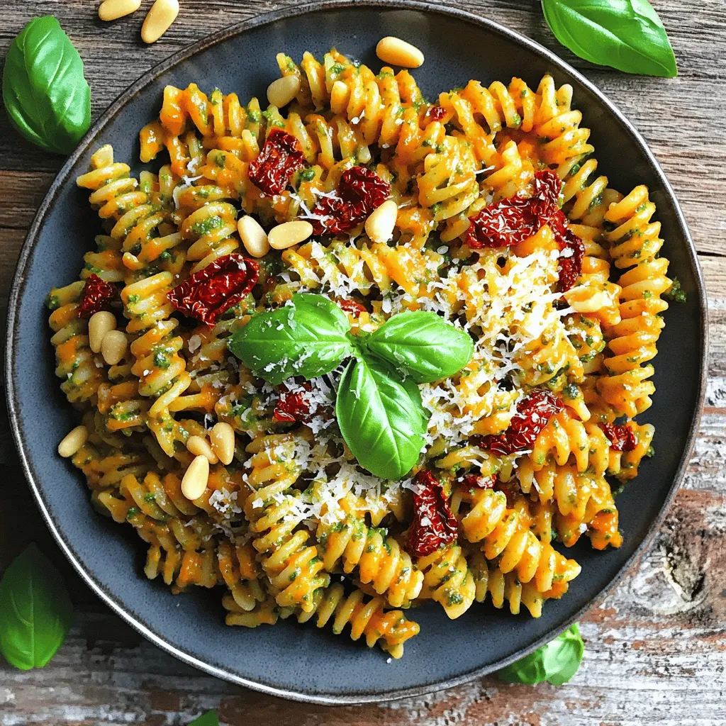 To make sun-dried tomato pesto pasta, you need a few simple ingredients. This dish is quick, tasty, and perfect for any meal. Here’s what you will need to gather: - 200g pasta (your choice: penne, fusilli, or spaghetti) - 1 cup sun-dried tomatoes (packed in oil) - 1/2 cup fresh basil leaves - 1/4 cup pine nuts (toasted) - 2 cloves garlic, minced - 1/2 cup Parmesan cheese, grated - 1/4 cup olive oil - Salt and pepper to taste - Extra basil leaves for garnish These ingredients come together to create a rich, flavorful meal. The sun-dried tomatoes give a sweet and tangy taste. Fresh basil adds brightness, while the garlic gives it a nice kick. To make this dish, you’ll need a few tools: - A large pot for boiling pasta - A food processor for making the pesto - A mixing bowl to combine everything - A colander to drain the pasta Using the right equipment makes cooking easier. You can quickly whip up this meal and impress your friends or family. For the full recipe, check the details above. First, fill a large pot with water. Add a pinch of salt to it. Bring the water to a boil. Once boiling, add 200g of your favorite pasta. You can choose penne, fusilli, or spaghetti. Cook the pasta according to the package instructions until it is al dente. This usually takes about 8 to 10 minutes. When done, reserve 1/2 cup of the pasta water. Then, drain the pasta and set it aside. Grab a food processor for this step. Add 1 cup of sun-dried tomatoes, 1/2 cup of fresh basil, and 1/4 cup of toasted pine nuts. Also, add 2 minced garlic cloves and 1/2 cup of grated Parmesan cheese. Pulse the mixture until it is finely chopped. Next, keep the processor running and slowly drizzle in 1/4 cup of olive oil. This helps blend the pesto smoothly. If it seems too thick, add some reserved pasta water. Blend until you get the right consistency. Now, take a large mixing bowl. Add the cooked pasta to the bowl. Pour the sun-dried tomato pesto over the pasta. Toss gently until the pasta is well coated. Taste the mixture and adjust with salt and pepper as needed. After that, transfer the pesto pasta to a serving dish. For a nice touch, garnish with extra basil leaves. You can also sprinkle more grated Parmesan on top if you like. Enjoy your meal! For the full recipe, check out the details above. To get the best pasta texture, cook your pasta until it's al dente. This means it should still have a slight bite. When boiling, use plenty of salted water. The salt adds flavor as the pasta cooks. Remember to stir occasionally to prevent sticking. Always reserve some pasta water before draining. This water helps the sauce cling better. Sometimes, you may find your pesto is too thick. If that happens, add a bit of the reserved pasta water. Start with one tablespoon and blend well. Keep adding until you reach the right smoothness. If your pesto is too thin, simply blend in more pine nuts or Parmesan. This adjustment keeps the flavor rich and bold. To make your dish even tastier, try these simple tweaks. Add a squeeze of lemon juice for brightness. It will wake up the flavors. You can also mix in some red pepper flakes for a spicy kick. For a nutty touch, try using walnuts instead of pine nuts. These small changes can elevate your sun-dried tomato pesto pasta. For the full recipe, check the earlier section. {{image_2}} You can switch some ingredients for variety. Try using walnuts instead of pine nuts. This adds a different flavor and is often cheaper. If you don't have sun-dried tomatoes, use roasted red peppers. They bring sweetness and color to your dish. For a dairy-free option, replace Parmesan with nutritional yeast. This gives a cheesy taste without the dairy. If you need a gluten-free meal, choose gluten-free pasta. Many brands offer great options that taste just as good. For a vegan version, skip the cheese or use a plant-based alternative. You can also add more veggies like spinach or zucchini for extra nutrition. This makes the dish healthier and more colorful. Serve your sun-dried tomato pesto pasta with a side salad. A simple green salad with a light vinaigrette pairs well. You can also add grilled chicken or shrimp for protein. This makes the meal heartier. Sprinkle extra basil on top for a fresh touch. If you like heat, add red pepper flakes for a spicy kick. Enjoy your meal with a slice of crusty bread to soak up the flavors! For the full recipe, check out the Sun-Dried Tomato Pesto Pasta . Store your leftover pasta in an airtight container. Make sure it cools down first. Place it in the fridge for up to three days. If you have leftover pesto, store it separately. This keeps the flavors fresh and prevents sogginess. To reheat pasta, you can use a microwave or a pan. For the microwave, place the pasta in a bowl. Add a splash of water to keep it moist. Cover it and heat for one to two minutes. For the pan method, warm a little olive oil over low heat. Add the pasta and stir until warm. This adds flavor back to the dish. You can freeze the pesto for later use. Pour it into ice cube trays for easy portions. Once frozen, place the cubes in a freezer bag. This way, you can take out just what you need. The pesto lasts about three months in the freezer. Yes, you can use fresh tomatoes. However, they will not give the same intense flavor. Sun-dried tomatoes have a rich, concentrated taste. You can add fresh tomatoes for a lighter pesto, but keep in mind the flavor will change. If you want the best taste, stick with sun-dried tomatoes. Homemade sun-dried tomato pesto lasts about a week in the fridge. Store it in an airtight container to keep it fresh. You can also freeze it for up to three months. Just remember to leave some space in the container, as it may expand when frozen. You can use any pasta you like! Penne, fusilli, or spaghetti are great choices. Each type holds the pesto well and makes for a tasty dish. For a fun twist, try using whole wheat or gluten-free pasta. Each type brings its own unique flavor and texture to your meal. If you want more tips, check out the Full Recipe for ideas. This blog showed you how to make a great pasta dish with pesto. We covered the main ingredients, equipment needed, and detailed steps to cook. You learned tips for perfect texture and flavor boosts. You can try different ingredients and storage options for leftovers. Now you're ready to enjoy a delicious pasta meal anytime. Have fun cooking and experimenting!