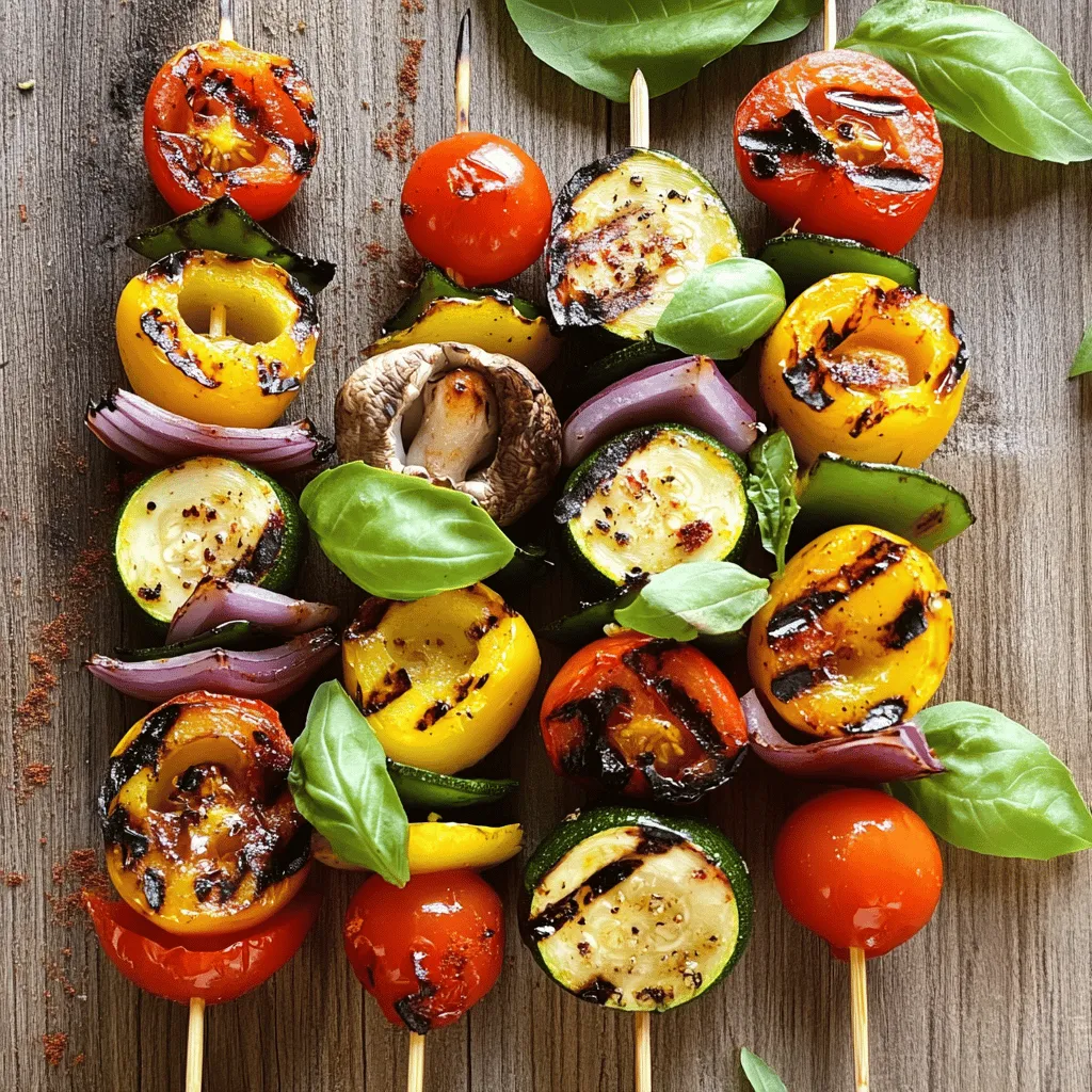To make grilled vegetable skewers, you need a few key items. Here’s what you'll need: - 1 zucchini, sliced into thick rounds - 1 red bell pepper, cut into large chunks - 1 yellow bell pepper, cut into large chunks - 1 red onion, cut into wedges - 1 cup cherry tomatoes - 1 cup mushrooms, halved - 2 tablespoons olive oil - 2 teaspoons garlic powder - 1 teaspoon smoked paprika - Salt and pepper to taste - Fresh basil leaves for garnish - Wooden or metal skewers Substitutions for Common Allergens or Preferences: - If you are allergic to certain vegetables, feel free to swap them out. You can use eggplant or asparagus instead. - For a vegan option, skip the cheese and stick to the vegetables. - If you need a gluten-free dish, the ingredients listed are already gluten-free. Tips for Selecting the Freshest Vegetables: - Look for vegetables that are firm and bright. This shows they are fresh. - Pick bell peppers that have smooth skin and are heavy for their size. - Choose zucchini that are small to medium-sized for the best flavor. - Check mushrooms for dryness; they should not be slimy or wet. Using fresh, quality ingredients makes a big difference in flavor. For a full recipe that guides you through the cooking process, refer to the [Full Recipe]. First, prepare your vegetables. I recommend using fresh, seasonal veggies for the best taste. Start by washing all your veggies well. Then, slice the zucchini into thick rounds and cut the bell peppers into large chunks. Cut the red onion into wedges, and halve the mushrooms. Cherry tomatoes can stay whole. Next, marinate the vegetables. Marinating helps enhance the flavor and makes them juicy. In a large bowl, combine the sliced vegetables. Drizzle with olive oil, then add garlic powder, smoked paprika, salt, and pepper. Toss everything until the veggies are well coated. Now, let's get skewering! If you use wooden skewers, soak them in water for at least 30 minutes. This helps prevent burning on the grill. When you're ready, thread the marinated vegetables onto the skewers. Alternate between different types for a colorful look. For grilling, preheat your grill to medium-high heat. This is about 375°F to 450°F. Place the skewers on the grill and cook for about 10-12 minutes. Turn them occasionally to get that perfect char. Look for tender veggies with slight charring on the edges. Be careful when handling the skewers. They can get hot! Use tongs or a grill glove to protect your hands. After grilling, let the skewers cool for a minute. You can serve them as is, or with dips and sauces. A tasty option is hummus or tzatziki. Pair your skewers with sides like rice or a fresh salad. These dishes complement the smoky flavors well. For a full recipe, check out the details above. Enjoy your delicious grilled vegetable skewers! To avoid common grilling mistakes, keep these points in mind: - Preheat your grill. A hot grill helps to sear the veggies quickly. - Use a mix of vegetables for color and taste. This makes your skewers fun and tasty. - Cut vegetables evenly. This helps them cook at the same rate. - Don’t overcrowd the skewers. Leave space for heat to circulate. For even cooking of vegetables, try these best practices: - Soak wooden skewers in water for 30 minutes. This prevents burning. - Turn the skewers often. This creates a nice char on all sides. - Grill on medium-high heat for about 10-12 minutes. Check for tenderness. To make your grilled vegetable skewers even tastier, consider these marinades and seasonings: - Olive oil is great for moisture. It adds a rich flavor. - Try garlic powder and smoked paprika. These spices give a nice kick. - Lemon juice can brighten the flavors. It adds a fresh touch. If you want a smoky flavor without smoke, use these ideas: - Add a dash of liquid smoke to your marinade. This gives a deep taste. - Use smoked paprika. It adds a nice smoky flavor without extra steps. To serve and present grilled vegetable skewers creatively, think about these ideas: - Arrange the skewers on a colorful platter. This makes them eye-catching. - Serve with dips like tzatziki or hummus. This adds more flavor and fun. - Stack skewers upright in a glass. It creates a stunning display. For garnishing and plating to enhance visual appeal, try: - Sprinkle fresh herbs like basil or parsley. This adds color and aroma. - Use lemon wedges on the side. They make the dish pop and add zest. For the Full Recipe, check the detailed instructions above. {{image_2}} You can mix and match many vegetables for your skewers. Try these options: - Eggplant, cut into cubes - Asparagus, trimmed - Cherry peppers, whole - Carrots, sliced into sticks Seasonal veggies are great too! In summer, use fresh corn. In fall, think about adding sweet potatoes. Always choose what looks best at the store or market. Making your skewers vegan or gluten-free is easy. Here are some ideas: - Swap olive oil with avocado oil for a different flavor. - Use gluten-free soy sauce in place of regular soy sauce. - To add protein, try marinated tofu or halloumi cheese. Both tofu and halloumi grill well. Just cut them into cubes and thread them onto the skewers. You can bring global flavors to your skewers with spices and marinades. Here are some ideas: - For a Mediterranean twist, use oregano and lemon juice. - For an Asian flair, try teriyaki sauce and sesame seeds. - For a Mexican spin, add chili powder and lime juice. These flavors will make your skewers exciting and unique. Customize them as you like! For the full recipe, check out the link provided. To keep your grilled vegetable skewers fresh, put them in an airtight container. This keeps moisture in and air out. Place the container in the fridge right after they cool down. You want to eat them within three days for the best taste. When reheating, use a skillet on low heat. This method helps retain texture. You can add a splash of water to keep them moist. Avoid using the microwave, as it can make them soggy. If you want to store grilled vegetables for longer, try freezing them. First, let the skewers cool completely. Then, remove the veggies from the skewers. Spread them out on a baking sheet to freeze them individually. Once frozen, you can store them in a freezer bag. To thaw, place the vegetables in the fridge overnight. You can reheat them in a skillet or oven. Just remember to heat them slowly so they don’t lose their flavor and texture. Grilled vegetable skewers last about three to five days in the fridge. Always check for signs of spoilage. Look for changes in color or smell. If they smell off or look slimy, it’s best to toss them out. Eating fresh is always the goal for great taste. What vegetables work best for skewers? I find that colorful veggies like zucchini, bell peppers, onions, and cherry tomatoes shine. Mushrooms also add great flavor. You can mix these with any favorite vegetables. How long should skewers marinate for optimal flavor? Marinating for at least 30 minutes works well. You can go longer if you want more depth. Just make sure to keep the skewers in the fridge. Can I make grilled vegetable skewers in the oven or broiler? Yes! You can use an oven or broiler. Just set the temperature to high, and cook for about 10-15 minutes, turning halfway. It’s a great option if you can’t grill outside. Are wooden skewers better than metal skewers? Both have pros and cons. Wooden skewers are cheaper and can be tossed after use. But metal skewers are reusable and don’t burn. Choose what works best for you. How can I tell when the vegetables are fully cooked? Look for a nice char and soft texture. The veggies should be tender but not mushy. A fork should easily pierce them. A serving of grilled vegetable skewers has about 150 calories. This includes vitamins from veggies, healthy fats from olive oil, and fiber. To make them healthier, use less oil or add more veggies. To change the recipe size, just multiply or divide the ingredients. For example, if you want to serve eight, double everything. For fewer servings, cut the numbers in half. Keep the cooking time the same for even grilling. Grilled vegetable skewers are easy and fun to make. We covered the best ingredients, preparation steps, and grilling tips. You learned how to select fresh veggies and marinate them for flavor. We also explored serving ideas and dietary options. Don’t forget about storage! Use these tips to enjoy your skewers longer. With a few simple tricks, you can create delicious, colorful meals. Now, get grilling and enjoy your tasty creations!