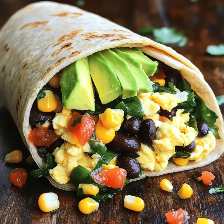 To make a veggie packed breakfast burrito, gather these tasty items: - 4 large whole wheat tortillas - 1 cup black beans, drained and rinsed - 1 cup spinach, roughly chopped - 1 medium bell pepper, diced (any color) - 1 small zucchini, diced - 1/2 cup corn kernels (fresh or frozen) - 4 eggs (or flax eggs for a vegan option) - 1/2 teaspoon ground cumin - 1/2 teaspoon smoked paprika - Salt and pepper to taste - 1 avocado, sliced - 1/2 cup shredded cheese (cheddar or a vegan alternative) - Fresh cilantro, for garnish (optional) - Salsa or hot sauce, for serving You can play with flavors by adding: - Diced onions or garlic for extra zest - Mushrooms for a meaty texture - Jalapeños for heat - Different cheeses like feta or pepper jack - A squeeze of lime for brightness Feel free to mix and match! This burrito is all about your taste. Enjoy getting creative in the kitchen! Start by gathering your ingredients. You will need whole wheat tortillas, black beans, spinach, bell pepper, zucchini, corn, eggs, spices, cheese, and avocado. Wash and chop the veggies. Dice the bell pepper and zucchini into small pieces. Roughly chop the spinach. If you use fresh corn, cut it off the cob. Heat a large skillet over medium heat. Add a little olive oil to the pan. Once the oil is warm, add the diced bell pepper and zucchini. Sauté for about 3-4 minutes until they start to soften. Next, stir in the spinach and corn. Cook until the spinach wilts, which takes about 2 minutes. Then add the black beans, cumin, smoked paprika, salt, and pepper. Mix everything well and cook for 2 more minutes to heat through. In a separate bowl, whisk the eggs until smooth. Pour the eggs into the skillet with the veggies. Stir gently until the eggs cook through and become scrambled. This will take about 3-5 minutes. Once done, remove the skillet from heat. Warm the tortillas in a dry skillet or microwave until they are soft and pliable. For each burrito, place a portion of the veggie-egg mixture in the center of a tortilla. Add sliced avocado and a sprinkle of cheese on top. Fold the sides of the tortilla in, then roll it up from the bottom to enclose the filling. If you like, you can toast the burritos seam-side down in the skillet for 1-2 minutes on each side to add crunch. Serve these warm with salsa or hot sauce. For a fresh touch, garnish with cilantro. Enjoy your veggie packed breakfast burrito! To cook perfect eggs, start with a non-stick skillet. Heat it on medium. Add a little oil to prevent sticking. Crack your eggs into a bowl and whisk them until they are mixed well. This helps create fluffy eggs. Pour the eggs into the hot skillet. Stir gently with a spatula as they cook. Remove them from heat when they are soft and slightly runny. They will keep cooking after you take them off the heat. Warm your tortillas before wrapping. This makes them soft and easy to roll. Place your filling in the center of the tortilla. Fold the sides in first, then roll from the bottom up. Make sure to tuck in the filling as you roll. This keeps everything inside. If you want a crunch, place the wrapped burrito seam-side down in a hot skillet. Toast for 1-2 minutes on each side. Garnishing adds flavor and makes your burrito look great. Sliced avocado gives creaminess. Fresh cilantro adds a nice pop of flavor. You can also sprinkle cheese on top. If you like spice, add salsa or hot sauce. This gives a nice kick to your burrito. For a unique twist, try adding some fresh lime juice. It brightens up all the flavors beautifully. For the full recipe, check out the Veggie Packed Breakfast Burrito section. {{image_2}} You can easily make this breakfast burrito vegan. Swap out the eggs for flax eggs. To make one flax egg, mix one tablespoon of flaxseed meal with two and a half tablespoons of water. Let it sit for five minutes. This mixture works like eggs in the recipe. You can also use tofu to add protein. Crumble firm tofu and sauté it with the veggies for added texture. Feel free to play with your veggie choices. Try adding mushrooms for an earthy flavor. Carrots or sweet potatoes can add sweetness and crunch. Kale can replace spinach for a heartier bite. You can even add cherry tomatoes for a juicy burst. The key is to use what you love and what’s in season. If you want more protein, consider adding cooked quinoa or lentils. These options are filling and nutritious. You can also use tempeh for a nutty taste. For meat lovers, diced chicken or turkey can work well, too. Keep in mind that the balance of flavors is essential. Choose proteins that pair well with your veggies for a delicious meal. This recipe is flexible and fun! Just mix and match to fit your taste. For the full recipe, check out the section above. To keep your veggie packed breakfast burrito fresh, place leftovers in an airtight container. You can store them in the fridge for up to three days. Be sure to let the burritos cool before sealing them. This step helps prevent sogginess. When you’re ready to enjoy your burrito again, you can reheat it easily. For the best results, use a skillet. Heat the skillet over medium heat. Place the burrito seam-side down and cook for about 3-4 minutes on each side. This method gives you a warm, crispy burrito. If you prefer the microwave, heat it for 1-2 minutes, but the texture may not be as nice. If you want to save your burritos for later, freezing is a great option. Wrap each burrito tightly in plastic wrap. Then, place them in a freezer-safe bag or container. They can last up to three months in the freezer. When you’re ready to eat, thaw in the fridge overnight and follow the reheating instructions above. Enjoy your meal prep without stress! You can find the full recipe for this delicious breakfast burrito in the article. Yes, you can make this breakfast burrito ahead of time. Prepare the filling and store it in the fridge. It stays fresh for about three days. You can also wrap the burritos and freeze them. To reheat, just heat in a skillet or microwave until warm. This makes busy mornings easier! You can try many toppings! Here are some tasty ideas: - Sliced avocado for creaminess - Fresh cilantro for a burst of flavor - Salsa for spice and zest - Sour cream or Greek yogurt for richness - Hot sauce for heat These toppings add great flavor and texture. Mix and match to find your favorite! To make this recipe gluten-free, simply use gluten-free tortillas. Many brands offer tasty options. Always check the labels to be sure. All other ingredients are naturally gluten-free, so you can enjoy your burrito worry-free! This blog post covers every step for a tasty breakfast burrito. We started with the key ingredients and options for customization. Then, I shared clear steps for preparation and cooking. Next, we explored tips for cooking eggs, wrapping tortillas, and adding flavor. I also included variations, storage tips, and answers to common questions. Now, you can enjoy this fun meal any time. Try it out, make it your own, and impress your friends!