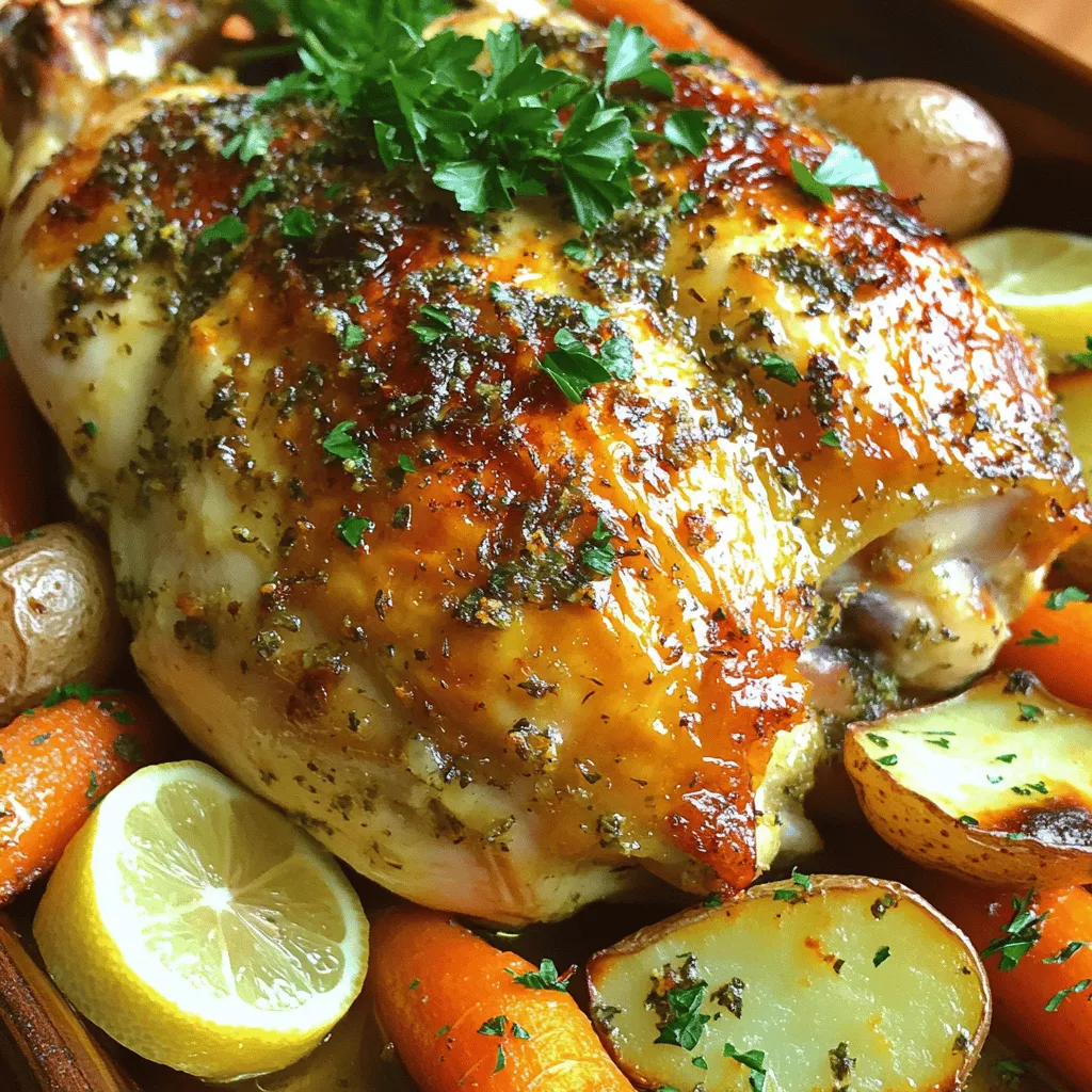To make a tasty garlic herb roasted chicken, you need fresh ingredients. Here’s what you will use: - Whole chicken (4-5 pounds) - 6 cloves garlic, minced - 1 lemon, halved - 1/4 cup fresh parsley, chopped - 2 tablespoons fresh thyme leaves - 2 tablespoons fresh rosemary, chopped - 1/4 cup olive oil - Salt and pepper to taste - 1 teaspoon paprika - 4 medium carrots, cut into 2-inch pieces - 3 medium potatoes, quartered These ingredients blend to create a dish that bursts with flavor. Fresh herbs add a wonderful aroma. The garlic brings a warm, savory taste. Lemon brightens the dish with its zesty flavor. I love using a whole chicken for this recipe. It cooks evenly and stays juicy. Pairing it with carrots and potatoes makes a complete meal. The veggies soak up all the tasty juices as they roast. Check the freshness of your herbs. They should be vibrant and fragrant. This ensures a robust flavor in your dish. You can find fresh herbs at local markets or grocery stores. Once you gather your ingredients, you will be ready to start cooking. For the full recipe, you can refer to the main instructions. Enjoy the process of preparing this delightful meal! 1. Preheat your oven to 425°F (220°C). This step is key for crispy skin. 2. In a small bowl, mix together the minced garlic, parsley, thyme, rosemary, olive oil, salt, pepper, and paprika to create a herb paste. This mixture packs a lot of flavor. 3. Pat the whole chicken dry with paper towels. This helps the skin get crispy. Place the chicken in a roasting pan. 4. Gently loosen the skin from the chicken breast and thighs using your fingers. Be careful not to tear it. Rub half of the herb mixture under the skin. This adds flavor directly to the meat. 5. Rub the remaining herb mixture all over the outside of the chicken. Coat it well for the best taste. 1. Squeeze the juice of one lemon half over the chicken. This adds brightness. Place the squeezed halves inside the cavity of the chicken, along with any leftover herbs. 2. Surround the chicken with the carrots and potatoes in the roasting pan. Drizzle with a little olive oil and season with salt and pepper. This will create tasty side dishes. 1. Roast the chicken in the preheated oven for about 1 hour and 15 minutes. Check the internal temperature with a meat thermometer. It should reach 165°F (74°C) for safe eating. 2. Let the chicken rest for 10-15 minutes before carving. This helps keep the meat juicy and tender. For the complete recipe, check out the [Full Recipe]. To get that golden, crispy skin, you must start by patting the chicken dry. Use paper towels to soak up any moisture. This simple step helps the skin crisp up during roasting. Next, apply your seasoning well. Rub the herb mix evenly on the chicken’s skin. Don’t forget to get under the skin too. This adds flavor right where it counts. Want to boost the flavor? Try adding different herbs or spices. Fresh basil or oregano can work wonders. You can also experiment with smoked paprika for a deeper taste. For the best results, marinate the chicken overnight. This gives the herbs time to soak in, creating a rich flavor. Just cover it and place it in the fridge until you’re ready to cook. When it’s time to carve, use a sharp knife for clean cuts. Start by separating the legs and thighs from the body. Next, slice down the breast to serve tender pieces. Allow the chicken to rest before carving; this helps the juices stay inside. Letting it sit for about 10-15 minutes makes a big difference in taste. Enjoy your perfectly roasted chicken! If you’re ready to make this dish, check out the Full Recipe for all the steps. {{image_2}} You can change the herbs based on what you have at home. If you don’t have fresh parsley, use basil or oregano. These herbs also add great flavor. For a twist, you can try garlic and orange instead of lemon. The orange gives a sweet touch that pairs well with garlic. Want some heat? Add spices to kick it up a notch. You can sprinkle in chili flakes or a dash of hot sauce. This will make your chicken spicy and exciting. Try adding cayenne pepper for an extra kick. Adjust the amount to fit your taste. You can cook your garlic herb roasted chicken in many ways. Use a slow cooker for a juicy chicken with little effort. Just follow the same steps and let it cook slowly. You can also grill the chicken for a smoky flavor. If you are short on time, use an Instant Pot. This method cooks the chicken quickly while keeping it tender. For more details on cooking methods, check the Full Recipe. After enjoying your garlic herb roasted chicken, let it cool first. This step is key! Place the chicken in an airtight container. If you have veggies left, store them in a separate container. Refrigerate both within two hours of cooking. They will stay fresh for three to four days. To reheat, use your oven for the best results. Preheat it to 350°F (175°C). Place the chicken on a baking sheet. Cover it loosely with foil. Heat for about 20 minutes. This keeps the chicken moist and delicious! If you want to keep your leftover chicken longer, freezing is a great option. First, carve the chicken into pieces. This helps it freeze and thaw more easily. Place the pieces in freezer-safe bags or containers. Remove as much air as possible. For veggies, follow the same steps. Spread them out on a tray first. Freeze them for about an hour. Then, transfer them to bags. This way, they won’t stick together. It prevents freezer burn too. Leftovers can last in the fridge for three to four days. If frozen, chicken stays good for four months. After this, the taste may change. Always check for signs of spoilage. If the chicken smells bad or looks off, it's best to toss it. Keep your meals safe and tasty. For the full recipe, check the instructions above! To season a chicken well, use a mix of herbs and spices. I love using garlic, lemon, and fresh herbs like parsley, thyme, and rosemary. First, make a paste with minced garlic, chopped herbs, olive oil, salt, pepper, and paprika. Rub this mixture under the skin for the best flavor. This method ensures the meat stays juicy and tasty. Yes, you can use frozen chicken, but it needs to thaw first. Plan ahead and place the chicken in the fridge for 24 hours before cooking. Thawing ensures even cooking and safe preparation. Avoid cooking from frozen, as it can lead to uneven texture and taste. The best way to check if chicken is done is by using a meat thermometer. Insert it into the thickest part of the thigh. The temperature should reach 165°F (74°C). If you don't have a thermometer, make sure the juices run clear when you cut into the thigh. No pink meat means it's safe to eat. - Additional questions about garlic herb roasted chicken: *What kitchen tools do I need?* A roasting pan, meat thermometer, and mixing bowl are great tools. *Can I make this dish in advance?* Yes, you can prepare the chicken ahead of time, apply the seasoning, and store it in the fridge for up to 24 hours. - Alternative sides or pairings for serving: I often serve garlic herb roasted chicken with roasted veggies like carrots and potatoes. Green beans or a simple salad also work well. For a twist, try adding a side of rice or couscous. These sides soak up the delicious juices from the chicken. This blog post covered the steps to make a flavorful garlic herb roasted chicken. We explored the ingredients you need and how to prepare the chicken. I shared tips for achieving crispy skin and enhancing flavor. You also learned about different cooking methods and how to store leftovers safely. In summary, this dish is simple and can be made your own. Enjoy experimenting with flavors and techniques to impress your family. Happy cooking!