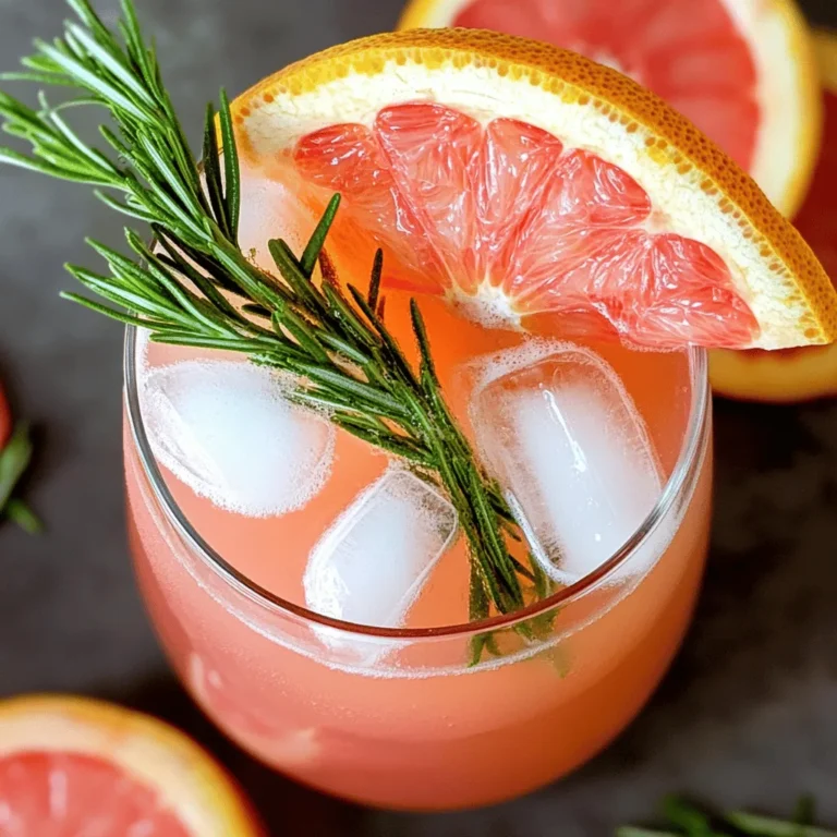 - 1 large grapefruit, juiced - 2 sprigs of fresh rosemary - 2 tablespoons honey (or agave syrup for vegan option) - 1 cup sparkling water (chilled) - Ice cubes The key to a great Rosemary Grapefruit Spritzer is fresh, simple ingredients. The grapefruit gives a bright and tangy flavor. Fresh rosemary adds a lovely herbal note that makes the drink unique. Honey or agave syrup helps balance the tartness. Chilled sparkling water brings a refreshing fizz, making it perfect for hot days. Ice cubes keep your drink cool and enjoyable. - Grapefruit slices - Additional rosemary sprigs Garnishes play a big role in presentation. Slices of grapefruit add a pop of color. They also give a hint of what’s inside the drink. A sprig of rosemary on top not only looks nice but also adds aroma. The visual appeal makes your spritzer feel special. For the full recipe, you can explore the step-by-step instructions to create this delightful drink. To start, grab a small saucepan. Combine 1 cup of water, 2 tablespoons of honey, and 1 sprig of rosemary. Bring this mix to a gentle simmer over medium heat. Stir until the honey dissolves completely. This step brings out the rosemary's flavor. After simmering, remove the pan from heat. Let the rosemary steep for about 10 minutes. Strain the mixture to remove the leaves. Set the syrup aside to cool. Now it’s time to put it all together! In a large glass, combine the freshly squeezed juice from 1 large grapefruit and the cooled rosemary syrup. Stir well to mix the flavors. Next, add ice cubes halfway in the glass. Pour in 1 cup of chilled sparkling water. Gently stir again to combine everything. Once mixed, taste your spritzer. If you want it sweeter, add more honey or syrup to your liking. Finally, garnish your drink with grapefruit slices and a sprig of fresh rosemary. This adds a nice touch and makes it look beautiful. Enjoy your refreshing drink! Using fresh ingredients makes your rosemary grapefruit spritzer taste bright and lively. Fresh grapefruit juice gives a zesty kick. Fresh rosemary adds a fragrant touch. Avoid bottled juices; they lack the same flavor. Sweetness can vary based on taste. Start with two tablespoons of honey or agave syrup. After mixing, taste your spritzer. If it needs more sweetness, add a bit more honey. Adjust to find your perfect balance. Serve this drink right away for the best taste. If you chill your spritzer, it stays refreshing. Use clear glasses to show off the vibrant colors. A tall glass works well, but any glass you like will do. To make it fancy, garnish with grapefruit slices and rosemary sprigs. This not only looks great but also adds extra aroma. Enjoying this drink on a hot day makes it even better! For the full recipe, check out the details above. {{image_2}} You can make your Rosemary Grapefruit Spritzer even more exciting. Try adding other citrus juices. Orange or lemon juice can add a nice twist. Just use about a quarter cup of juice for balance. You can also use different herbs like mint or basil. Mint gives a fresh taste, while basil adds a warm flavor. Just muddle a few leaves in your glass before adding the other ingredients. If you want an adult beverage, consider adding gin or vodka. Both spirits mix well with grapefruit and rosemary. Start with one ounce of gin or vodka for each glass. This amount keeps the flavors bright and refreshing. Always taste your spritzer after mixing. You can adjust the spirit to suit your taste. Enjoy experimenting with these variations to find your favorite blend! If you have extra rosemary syrup, store it in the fridge. Use a clean glass jar. This keeps it fresh for your next drink. Homemade syrup stays good for about one week. After that, check for changes in smell or color. If it looks or smells off, throw it away. Want to impress guests? You can mix the grapefruit juice and syrup ahead of time. This way, you save time when friends arrive. Pour the mix into a clean pitcher. Seal it with a lid and place it in the fridge. It stays fresh for up to three days. When serving, add ice and sparkling water just before drinking. This keeps the fizz alive. For storage, a glass pitcher or jar works best. It helps maintain flavor and looks nice on the table. For the full recipe, check the main section. If you want a vegan option, use agave syrup. Maple syrup also works well. Both give a nice sweetness without losing flavor. You can also try stevia or coconut sugar for a different twist. Each sweetener has its own taste, so pick what you love! Yes, you can easily scale this recipe for parties. Just double or triple the amounts for the syrup and juice. Make sure to adjust the sparkling water too. Keep everything chilled and mix just before serving. This way, your spritzer stays bubbly and fresh. Absolutely! Just skip any alcohol and focus on the flavors in the drink. The rosemary and grapefruit shine through. You can add a splash of orange juice for extra sweetness. This makes a great family-friendly option everyone can enjoy. To chill sparkling water fast, use ice and water in a bowl. This method cools the bottles quickly. You can also place them in the freezer for about 15 minutes. Just be careful not to forget them, or they might freeze! This article covered how to make a delicious grapefruit spritzer with rosemary syrup. You learned about the key ingredients and easy steps to mix your drink. I shared tips for making it taste great and ideas for variations. Remember to use fresh ingredients for the best flavor. You can enjoy this spritzer at parties or as a refreshing drink at home. Making this recipe can be fun and simple, and you can impress your friends with your new skills. Enjoy your spritzer!