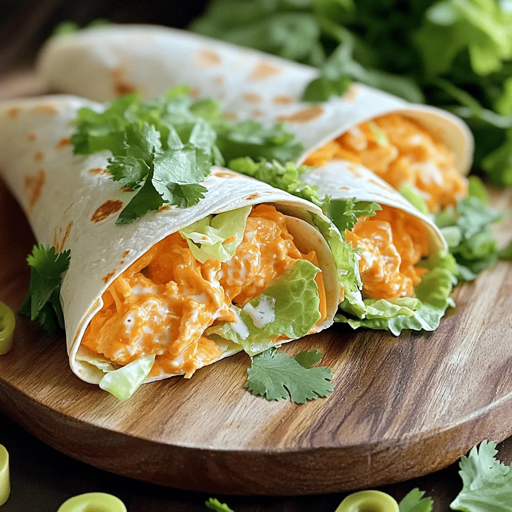 - 2 cups cooked chicken, shredded - 1/2 cup buffalo sauce - 1/4 cup cream cheese, softened - 1/2 cup ranch dressing - 1/2 cup celery, finely chopped - 1/2 cup shredded lettuce - 1/2 cup shredded cheddar cheese - 4 large flour tortillas - Fresh cilantro, for garnish (optional) When I make Buffalo Chicken Wraps, I always start with the right ingredients. Each one plays a key role in the flavor. First, you need cooked chicken. I often use leftovers, which saves time. Shredded chicken mixes well with the spicy buffalo sauce. I use about half a cup for a nice kick. Next, cream cheese makes the mix creamy. It cools down the heat from the buffalo sauce. I like to soften it first, so it blends easily. Ranch dressing adds a tangy taste. It pairs perfectly with buffalo sauce. I also add chopped celery for crunch. This gives the wraps texture and freshness. Lettuce and cheddar cheese add more flavor and color. Finally, I wrap everything in large flour tortillas. They hold the filling well. - Alternatives for buffalo sauce: If you want less heat, use a mild sauce or BBQ sauce. - Cream cheese alternatives: You can swap cream cheese with Greek yogurt or vegan cream cheese. - Substituting chicken with other proteins: Try using turkey, tofu, or chickpeas for a different twist. - Best side dishes for Buffalo Chicken Wraps: Pair with carrot sticks, celery sticks, or a fresh salad. - Ideal beverages to serve: I recommend iced tea, soda, or a light beer to cool the heat. These ingredients and options make your wraps tasty and fun to eat. You can mix and match based on your taste. For the full recipe, check the section above. To prepare the chicken, start with cooked chicken. I like to use shredded rotisserie chicken for ease. Place the shredded chicken in a large bowl. Pour in 1/2 cup of buffalo sauce. Mix well until the chicken is coated. This gives it that spicy flavor we love. Next, fold in 1/4 cup of softened cream cheese. This makes the chicken creamy and smooth. Make sure to blend it well so every bite is rich. Now, add 1/2 cup of finely chopped celery and 1/2 cup of ranch dressing. Mix everything together until well combined. This adds crunch and coolness to balance the heat. Lay out 4 large flour tortillas on a clean surface. Take a good scoop of the buffalo chicken mixture. Spread it evenly on each tortilla, leaving space at the edges. This helps when you roll them up. Add shredded lettuce and 1/2 cup of shredded cheddar cheese on top. These toppings add freshness and flavor. To roll the wraps, start at one end and fold tightly. Tuck in the sides as you go. This keeps the filling from spilling out. After rolling, cut each wrap in half diagonally. This makes them easier to eat. Arrange them neatly on a platter for serving. For a nice touch, garnish with fresh cilantro. It adds color and a burst of flavor. Enjoy these wraps as a fun, easy dinner. They are packed with taste and sure to please! Using fresh, high-quality ingredients is key for great taste. Fresh chicken makes a big difference. Choose a buffalo sauce that suits your heat preference. If you want milder wraps, use less sauce or mix it with ranch dressing. This balances the heat and adds creaminess. To store leftover wraps, wrap them tightly in plastic wrap. This keeps them fresh in the fridge for up to two days. When you want to eat them again, reheat in a microwave. Heat for about 30 seconds, then check. If they need more time, heat in 15-second bursts. This way, they stay tasty and warm. You can prep for Buffalo Chicken Wraps ahead of time. Shred the chicken and mix it with the buffalo sauce. Store this in the fridge for up to three days. For even more convenience, you can freeze the filling. When you’re ready, just thaw it overnight in the fridge. Once it’s thawed, assemble the wraps and enjoy. {{image_2}} You can make Buffalo chicken wraps spicy or mild. If you love heat, use extra buffalo sauce. For a milder flavor, reduce the sauce. You can add cheeses like blue cheese or mozzarella for a twist. Each cheese brings its unique taste, enhancing the wrap's flavor. Not a meat eater? Use plant-based chicken substitutes. These options have a similar texture and absorb flavors well. For creaminess, try vegan cream cheese. It blends perfectly with buffalo sauce, giving you a rich taste without dairy. Get creative by using local ingredients. If you love southwestern flavors, add black beans and corn. If you're in New England, try some apple slices for sweetness. Each region has flavors to explore, making your wraps unique. Enjoy trying these variations for a fun twist on a classic dish! For the Full Recipe, refer to the earlier section. To store your Buffalo Chicken Wraps in the refrigerator, wrap them tightly in plastic wrap. This keeps them fresh and prevents them from drying out. I recommend using airtight containers. They work well to maintain the taste and texture of the wraps. You can freeze Buffalo Chicken Wraps for up to three months. To do this, wrap each wrap in foil or plastic wrap. Place them in a freezer-safe bag. When you want to eat them, take them out and let them thaw in the fridge overnight. Reheat them in a microwave or oven until hot. This way, they taste just as good as fresh! Buffalo Chicken Wraps stay fresh for about three days in the fridge. After that, they may lose their flavor and texture. Watch for signs of spoilage, like a sour smell or a change in color. If you see these signs, it’s best to toss them out. Enjoy your delicious wraps while they are fresh! Buffalo Chicken Wraps come from Buffalo, New York. The original dish is Buffalo wings, created in the 1960s. The wrap evolved to be a hand-held meal. It combines the classic flavors of buffalo wings with fresh veggies. This dish gained popularity for its taste and ease. Today, you can find it in many restaurants and homes. Yes, you can make Buffalo Chicken Wraps in advance. Prep the chicken and mix it with sauce and cream cheese. Store the chicken mixture in the fridge. Wraps can stay fresh for up to two days. Assemble them right before serving for the best taste. You can also store leftover wraps in an airtight container. Buffalo Chicken Wraps can be as spicy as you want. The spice level comes from the buffalo sauce. Many brands offer mild, medium, and hot sauces. You can choose based on your taste. If you prefer less heat, use a mild sauce or mix it with ranch. Adjust the spice to suit you and your family. In this blog post, we explored how to make delicious Buffalo Chicken Wraps. We covered key ingredients, substitutions, and pairings to enhance your meal. I shared step-by-step instructions for preparation and assembly, along with tips for flavor and storage. Finally, we looked at variations, including vegetarian options and regional twists. With these ideas, you can create wraps to suit your taste. Enjoy your cooking adventure!