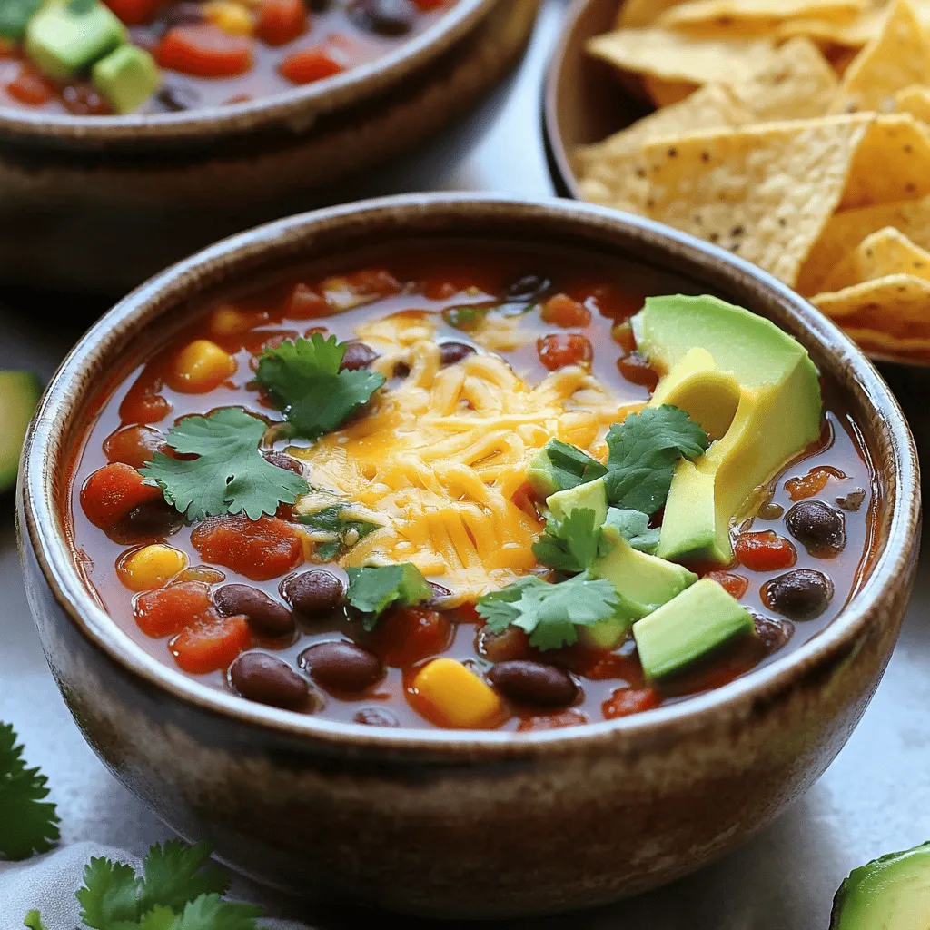 To make the best One-Pot Taco Soup, gather these key ingredients: - 1 lb ground turkey or beef - 1 medium onion, chopped - 2 cloves garlic, minced - 1 red bell pepper, diced - 1 can (15 oz) black beans, drained and rinsed - 1 can (15 oz) kidney beans, drained and rinsed - 1 can (15 oz) corn, drained - 1 can (28 oz) diced tomatoes with green chilies - 2 cups chicken or vegetable broth - 2 tablespoons taco seasoning - 1 teaspoon cumin - Salt and pepper to taste - 1 cup shredded cheddar cheese (optional) - Fresh cilantro for garnish - Sour cream, avocado, and tortilla chips for serving These ingredients create a rich and savory flavor. The beans and tomatoes add texture and depth. The ground meat brings protein and heartiness. You can elevate your soup with these fun toppings: - Shredded lettuce - Sliced jalapeños - Sliced green onions - Lime wedges These toppings add freshness and crunch. They help customize each bowl to your taste. If you want to switch things up, here are some easy swaps: - Use ground chicken or tofu for a lighter option. - Swap black beans for pinto beans or chickpeas. - Use homemade taco seasoning instead of store-bought. These substitutions let you tailor the dish to your liking. They also help make the recipe your own while saving time or ingredients. For the full recipe, check out the details above. First, gather all your ingredients. You need ground turkey or beef, onion, garlic, and red bell pepper. You will also need black beans, kidney beans, corn, and diced tomatoes. Remember to have broth, taco seasoning, cumin, salt, and pepper ready. If you want cheese, grab some shredded cheddar. Lastly, fresh cilantro, sour cream, avocado, and tortilla chips make great toppings. Start by heating a drizzle of olive oil in a large pot over medium heat. Add the chopped onion, garlic, and red bell pepper. Cook for about 5 minutes until the onion looks clear. Next, add the ground turkey or beef. Break it up with a spatula. Cook until it's browned, which takes about 7-10 minutes. Stir in the taco seasoning and cumin. Make sure the meat is well coated. Now, it’s time to add the beans, corn, diced tomatoes with their juices, and broth. Stir everything together. Bring this mix to a simmer. Lower the heat and let it cook for about 20 minutes. Stir it occasionally so nothing sticks to the bottom. This step helps the flavors blend well. Once the soup is ready, taste it. Add salt and pepper to your liking. If you want it cheesy, stir in the shredded cheddar until it melts. Serve the soup hot in bowls. Garnish with fresh cilantro. You can also add sour cream, avocado slices, and tortilla chips on the side for extra flavor. For the full recipe, check out [Full Recipe]. To boost the flavor of your One-Pot Taco Soup, try these simple tips: - Use fresh herbs like cilantro for a bright touch. - Add a splash of lime juice for a zesty kick. - Mix in a bit of chipotle in adobo for smokiness. - Top with crispy tortilla strips for crunch. Each of these ideas brings new life to the soup. You can make this taco soup without breaking the bank. Here are some cost-effective ways: - Choose ground turkey instead of beef for savings. - Use canned beans and frozen corn to cut costs. - Buy store-brand ingredients, which are often cheaper. - Look for sales on produce and stock up. This way, you can enjoy great flavor without overspending. Want to whip up this dish quickly? Here’s how: - Chop veggies in advance and store them in the fridge. - Use a food processor for quick dicing and chopping. - Cook the meat ahead of time and freeze it. - Make a big batch and freeze extra for later. These tricks help you save time while cooking delicious meals. For the complete instructions, check out the Full Recipe. {{image_2}} You can easily make a vegetarian taco soup. Swap the meat for more beans or lentils. Use vegetable broth instead of chicken broth. Add extra veggies like zucchini or mushrooms for more texture. This keeps the soup hearty and filling without meat. To make your soup spicy, add chopped jalapeños or a dash of hot sauce. You can also use spicy taco seasoning. If you prefer mild flavors, stick with regular seasoning and skip the hot peppers. Adjust to your taste for the best experience. This taco soup can be gluten-free with simple swaps. Use gluten-free taco seasoning and double-check your broth. Most canned beans and tomatoes are gluten-free, but read labels to be safe. Serve with gluten-free tortilla chips for the perfect crunch. For the full recipe, check the One-Pot Taco Soup Fiesta. After enjoying your One-Pot Taco Soup, let it cool. Store it in an airtight container. It will stay fresh in the fridge for up to four days. Be sure to label your container with the date. This helps you keep track of its freshness. When you're ready to enjoy leftovers, pour the soup into a pot. Heat it over medium heat until it warms through. Stir occasionally to prevent burning. You can also use the microwave. Place the soup in a microwave-safe bowl. Cover it loosely and heat for about 2-3 minutes. Stir and check if it’s hot enough. If you want to save some for later, freezing is a great option. Pour the cooled soup into freezer-safe containers. Leave some space at the top, as the soup will expand. It can last for up to three months in the freezer. When you’re ready to eat it, thaw it overnight in the fridge. Then, reheat as mentioned above. This makes for an easy meal on busy days. Enjoy your One-Pot Taco Soup anytime! For the complete recipe, check out the Full Recipe. Yes, you can! Feel free to swap ground turkey or beef for chicken or even pork. You can also use plant-based meat for a vegetarian option. Each meat adds a unique taste to the soup. Just ensure it is cooked well. To add heat, use spicy taco seasoning instead of regular. You can also add diced jalapeños or a splash of hot sauce. If you like smoky flavors, try adding chipotle peppers in adobo sauce. Adjust the spice to fit your taste! I love serving this soup with fresh toppings like cilantro, sour cream, and avocado. You can also add tortilla chips for crunch. A side of cornbread or a simple salad pairs well too. Each adds a nice touch to your meal. One-Pot Taco Soup lasts about 3 to 5 days in the fridge. Store it in an airtight container to keep it fresh. Just make sure to let it cool before putting it away. This way, you can enjoy it later! Absolutely! Doubling the recipe is easy. Just make sure you have a large enough pot. More soup means more fun. Plus, you can feed a bigger crowd or have leftovers for later. It’s a win-win! One-Pot Taco Soup is easy and fun to make. You learned about key ingredients, cooking steps, and tips to enhance flavor. You can also find ways to keep costs low or try different variations. Storing and reheating leftovers is simple too. I hope this guide helps you create a tasty meal. Enjoy your cooking adventure!