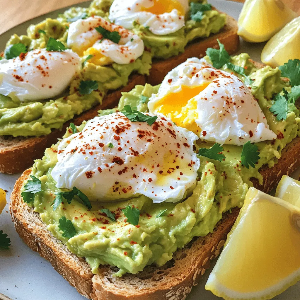 - 2 ripe avocados - 4 slices of whole grain or sourdough bread - 4 large eggs - 1 tablespoon white vinegar - Salt and pepper to taste - 1 tablespoon olive oil - 1 teaspoon red chili flakes (optional) - Fresh herbs (such as cilantro or parsley) for garnish - Lemon wedges for serving For each serving, you can expect around 300 calories. This dish has about 20 grams of fat, 10 grams of protein, and 30 grams of carbs. It’s a filling meal that packs great nutrition. When you pick avocados, look for ones that are slightly soft but not mushy. They should yield just a bit when you press them gently. For the bread, whole grain or sourdough works best. Whole grain gives you fiber, while sourdough adds a nice tang. Toasting them creates a crunchy base that holds the creamy avocado and egg perfectly. To make perfect toast, choose your favorite bread. Whole grain or sourdough works best. Here’s how to do it right: - Toast in a Toaster: Set it to a medium setting for a nice golden color. - Toast on a Skillet: Heat a skillet over medium heat. Add a bit of olive oil for extra flavor. Place your bread slices in the skillet. Cook until both sides are crispy. To prevent soggy bread: - Do Not Overload: Avoid piling on too many toppings at once. - Let It Cool: Allow the toast to sit for a moment after cooking. This helps keep it crisp. To cut and mash avocados: - Pick Ripe Avocados: They should yield slightly to pressure. - Cut Carefully: Slice them in half and remove the pit. Use a spoon to scoop the flesh into a bowl. - Mash Gently: Use a fork to mash the avocado. Leave some chunks for texture. For flavoring options: - Simple Seasoning: Use salt, pepper, and a drizzle of olive oil. - Add Zing: A squeeze of lemon juice brightens the flavor. - Spice It Up: Consider adding red chili flakes for heat. To achieve the perfect poached egg: - Use Fresh Eggs: They hold their shape better when poached. - Gentle Simmer: Fill a saucepan with water and add vinegar. Heat until it simmers, not boils. - Crack Carefully: Crack each egg into a small bowl first. Gently slide it into the water. Common mistakes to avoid: - Too Much Boiling: Boiling water can cause the egg to break apart. - Not Timing: Poach for 3-4 minutes for runny yolks. Adjust time for firmer eggs. For layering your ingredients: - Spread Avocado First: Use a generous amount of mashed avocado on the toast. - Top with Eggs: Place a poached egg on each slice. Presentation tips: - Garnish Smartly: Sprinkle with salt, pepper, and herbs for color. - Serve with Style: Add lemon wedges on the side for a fresh touch. Enjoy your delicious avocado toast with poached egg! For the full recipe, check out the details provided earlier. To make the best avocado toast, you need to adjust the seasoning. Taste the mashed avocado as you mix in salt and pepper. You might want more or less, depending on your taste buds. If you want to switch things up, try using lemon juice instead of olive oil for a tangy twist. For a spicy kick, add a dash of hot sauce or cayenne pepper. When making avocado toast, a common mistake is using unripe avocados. They should be soft but not mushy. If your poached egg doesn't look right, don’t worry! You can save it by cooking it a bit longer in the water. If the whites are too runny, just let it simmer for another minute. Add fun toppings to boost the flavor! Try sliced tomatoes, radishes, or even crumbled feta. You can also use flavored olive oils, like garlic or basil oil, to make it special. Spreads like hummus or pesto can also bring a new taste to your toast. For a fresh finish, sprinkle on some microgreens or seeds. Don't forget to check out the Full Recipe for more delicious ideas! {{image_2}} You can make avocado toast exciting by adding proteins. Try smoked salmon for a rich flavor. Or, crispy bacon adds a salty crunch. If you want vegetarian options, consider adding chickpeas or a sprinkle of feta cheese. For a vegan twist, add nuts or seeds for extra crunch. If poached eggs aren’t your style, try frying or scrambling them instead. A fried egg gives a crispy edge, while scrambled eggs provide a soft, creamy texture. You can also use hard-boiled eggs for a grab-and-go option. Just slice them and place on top of the avocado. For a Mediterranean twist, add feta cheese, olives, and fresh herbs. Drizzle with olive oil and balsamic for a zesty flavor. If you prefer a Mexican flair, top your toast with salsa and jalapeños. These toppings bring a vibrant kick to your dish. Explore these ideas to make your avocado toast unique and delicious. For the full recipe, check out the details above! To keep leftover avocados fresh, store them in an airtight container. You can also sprinkle lemon juice on the cut side to slow browning. Wrap the avocado tightly with plastic wrap if you do not have a container. For bread, keep it in a cool, dry place. Use a bread box or a brown paper bag to maintain freshness. You can prepare avocados ahead of time. Just mash them and store them in a container. Add a bit of lemon juice to prevent browning. For eggs, cooking them ahead works too. Cooked poached eggs can be stored in the fridge for up to two days. They can also be frozen. Just place them in a single layer on a baking sheet. Once frozen, transfer the eggs to a freezer bag. To reheat bread without losing crispiness, use an oven or toaster. Place it in a preheated oven at 350°F for 5-10 minutes. Avoid microwaving it, as that makes bread soggy. For toppings, gently reheat the avocado mixture in a pan on low heat. Stir occasionally to keep it creamy. If using eggs, warm them in hot water for a minute. This keeps the yolk runny and the egg warm without cooking it more. Check out the Full Recipe for more delicious ideas! To make a perfect poached egg, start with fresh eggs. Fresh eggs hold their shape better. Use a pot with water about 2 inches deep. Heat the water until it simmers, not boils. Add one tablespoon of white vinegar to help the egg stay together. Crack an egg into a small bowl. Gently slide it into the water. Poach the egg for 3-4 minutes for a runny yolk. If you want a firmer yolk, cook it longer. Remove the egg with a slotted spoon and let it drain on a paper towel. This method gives you a smooth, runny egg that sits well on your toast. Yes, you can use frozen avocados! They work well if you thaw them first. To use frozen avocados, place them in the fridge overnight or run them under cool water. Once thawed, mash them just like fresh avocados. Keep in mind that the texture might be a bit softer. However, they still taste great on your toast. You might want to add a little extra seasoning to boost the flavor. The best bread for avocado toast is whole grain or sourdough. Whole grain bread adds a nutty flavor and is healthy. Sourdough offers a nice tang and crispy texture. Both types hold up well under the weight of the avocado and egg. For a gluten-free option, try gluten-free bread. Just make sure it’s sturdy enough to support your toppings. You can customize your avocado toast in many fun ways! Try adding sliced tomatoes, radishes, or cucumbers for crunch. You can also sprinkle on some feta cheese or goat cheese for creaminess. If you like spice, add red chili flakes or hot sauce. Fresh herbs like cilantro or parsley brighten the dish. Don’t forget to add a squeeze of lemon juice for zing! The options are endless, so get creative and make it your own! This article covered how to make a delicious avocado toast. We explored key ingredients, cooking techniques, and tips for perfecting it. You learned to choose ripe avocados, toast bread well, and poach eggs flawlessly. Also, we discussed fun variations and storage tips for leftovers. Remember, avocado toast is versatile and a tasty choice. Try different toppings and styles to find your favorite. Enjoy your cooking and get creative with each bite!