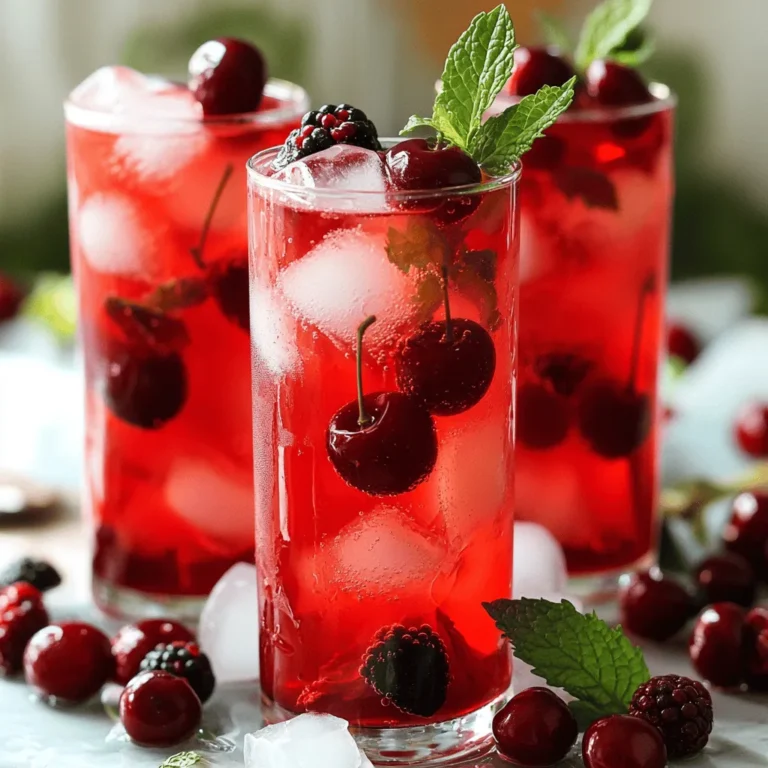 To make Cherry Berry Iced Tea, gather these ingredients: - 2 cups water - 2 tablespoons dried hibiscus flowers - 1 cup fresh or frozen cherries, pitted - 1 cup mixed berries (strawberries, blueberries, raspberries) - 1/4 cup honey or agave syrup (adjust to taste) - 1 tablespoon fresh lemon juice - Ice cubes - Fresh mint leaves for garnish These ingredients combine to create a refreshing drink perfect for summer. You can easily swap some ingredients based on what you have. Here are a few ideas: - Dried hibiscus flowers: Use chamomile flowers or green tea instead. - Cherries: If you can't find fresh cherries, use frozen ones or skip them. - Mixed berries: Feel free to use any berry you like, such as blackberries or raspberries. - Honey or agave syrup: Maple syrup works as a great alternative, too. - Lemon juice: Lime juice adds a fun twist to the flavor. These substitutions keep the drink tasty while making it easier to prepare. Cherry Berry Iced Tea is not only delicious, but it also offers some health benefits. Here’s a quick look at the nutritional aspects: - Calories: Around 80 per serving - Sugars: About 18 grams, mainly from honey and fruit - Vitamin C: Rich in vitamin C from the berries and lemon juice - Antioxidants: Hibiscus tea is known for its high antioxidant content This drink is a fun way to stay cool and healthy during hot days. For the full recipe, check the details above. Making Cherry Berry Iced Tea is fun and simple. First, gather all your ingredients. You will need dried hibiscus flowers, cherries, mixed berries, honey or agave syrup, lemon juice, and ice. This drink is perfect for hot days. You can serve it at gatherings or enjoy it alone. Start by boiling 2 cups of water in a medium saucepan. Once the water is boiling, take it off the heat. Add 2 tablespoons of dried hibiscus flowers to the water. Let it steep for about 10 minutes. This step is crucial for a rich flavor. When time is up, strain the tea into a large pitcher. Discard the hibiscus flowers. Now, you have a vibrant hibiscus tea base. Next, it's time to mix in the fruit. Add 1 cup of pitted cherries and 1 cup of mixed berries to the pitcher. The berries bring a burst of sweetness and color. While the tea is still warm, stir in 1/4 cup of honey or agave syrup. This helps it dissolve easily. Then, add 1 tablespoon of fresh lemon juice. This adds a nice zing to the drink. Allow the tea to cool to room temperature. Then, put it in the fridge for at least 2 hours. Serve over ice in tall glasses, and garnish with fresh mint leaves. Enjoy your refreshing Cherry Berry Iced Tea! For the complete recipe, check out the Full Recipe section. Finding the right sweetness is key. Start with 1/4 cup of honey or agave syrup. Taste it after mixing. You can always add more if you like it sweeter. Remember, some fruits are sweeter. Adjust the syrup based on your fruit choice. Want to add more depth? Try these fun ideas: - Add a few slices of fresh ginger. It gives a nice zing. - A splash of vanilla extract adds warmth to the tea. - For a tropical twist, mix in some pineapple juice. These extras can make your iced tea even more special. Experiment with flavors that you love. Serve your Cherry Berry Iced Tea in tall glasses. Fill them with ice cubes for a frosty look. Garnish each glass with fresh mint leaves. You can also add a few whole cherries or berries on top. This adds color and makes it look fancy. Enjoy sipping this refreshing drink on a hot day! {{image_2}} You can play with fruits in this Cherry Berry Iced Tea. Try using peaches or mangoes for a tropical taste. You can also add blackberries or even kiwi for a fun twist. Mixing fruits can change the flavor and make it exciting. Always wash your fruits well before using them. Want to make this tea a bit fancy? Add a splash of vodka or rum. A fruit-flavored vodka pairs nicely with the berries. You can also try sparkling wine for a bubbly treat. Just remember to serve it over ice. This makes a great drink for parties or summer nights. You can enjoy this tea both hot and cold. To make hot tea, just steep the hibiscus flowers in hot water. After steeping, cool it down and add your fruits. Hot tea is perfect for cooler days. Iced tea is refreshing on hot days. Each version brings out different flavors, so try them both! After making Cherry Berry Iced Tea, you may have some left. Store it in an airtight container. A glass jar works well. Keep it in the fridge. This way, it stays fresh for up to three days. If the tea gets too sweet, add more water or ice when serving. To keep your Cherry Berry Iced Tea fresh, avoid adding ice to the whole batch. Ice will melt and dilute the flavor quickly. Instead, serve iced tea over fresh ice in glasses. If you want to keep it chilled, use ice cubes made from tea. This keeps the taste strong and fresh. You can reuse leftover iced tea in fun ways. Pour it into a blender with some fruits. Blend it for a refreshing smoothie. You can also freeze it in ice cube trays. Use these cubes in other drinks or smoothies. This way, you can enjoy the flavor again without waste. For the complete recipe, check out the Full Recipe section! To make Cherry Berry Iced Tea, start by boiling water. Use 2 cups of water. Add 2 tablespoons of dried hibiscus flowers to the boiling water. Let it steep for about 10 minutes. After steeping, strain the tea into a pitcher. Discard the hibiscus flowers. Next, add 1 cup of fresh or frozen cherries and 1 cup of mixed berries. Stir in 1/4 cup of honey or agave syrup. Add 1 tablespoon of fresh lemon juice. Mix well. Let it cool at room temperature. Chill the tea in the fridge for at least 2 hours. Serve over ice and garnish with fresh mint leaves. This recipe will make four servings and is a true summer treat. Yes, you can make Cherry Berry Iced Tea ahead of time. This tea tastes better when it sits. You can prepare it the night before. Just store it in the fridge. It will stay fresh for about 3 days. Just remember to serve it over ice when you are ready. This way, you can enjoy it whenever you want. Hibiscus tea offers many health benefits. It is rich in antioxidants. These help fight free radicals in your body. Drinking hibiscus tea can lower blood pressure. It may help support heart health. This tea also aids digestion. It can help with weight management and keeping your skin healthy. Plus, it’s caffeine-free, making it a great choice any time of day. Enjoy your Cherry Berry Iced Tea for both taste and health! In this article, we explored how to make a refreshing Cherry Berry Hibiscus Tea. We covered ingredients, step-by-step instructions, and tips for the best flavor. You learned about variations, storage methods, and answered common questions about hibiscus tea. This drink is not just tasty; it has health benefits too. I hope you feel excited to try this recipe and enjoy every sip. Happy brewing!
