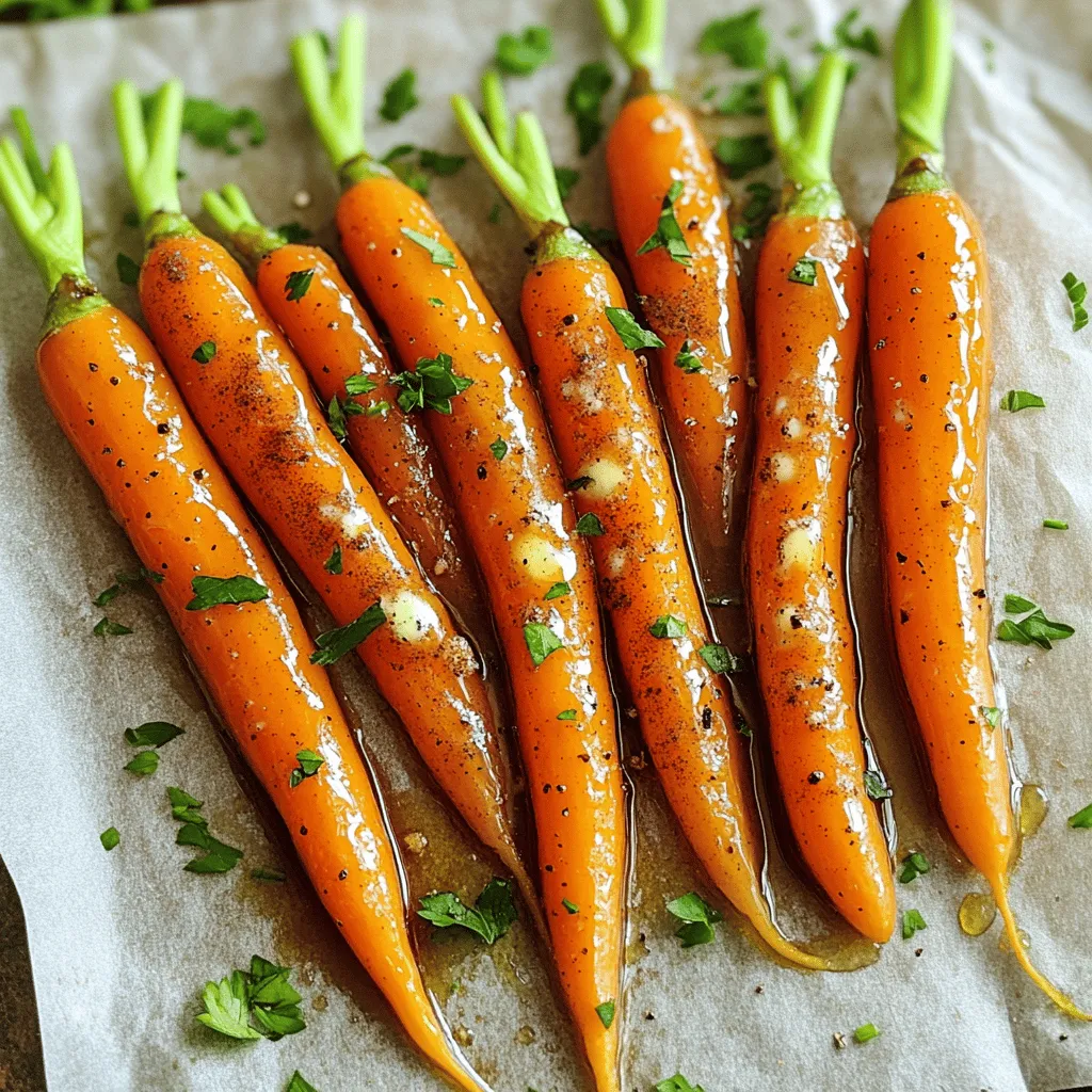 - 1 pound baby carrots (or sliced large carrots) - 3 tablespoons pure maple syrup - 2 tablespoons unsalted butter - 1 tablespoon olive oil - 1 teaspoon ground cinnamon - 1/2 teaspoon salt - 1/4 teaspoon black pepper - Fresh parsley, chopped (for garnish) Maple glazed carrots are simple yet delightful. The main ingredients create a sweet and rich flavor. The baby carrots offer a tender bite that pairs well with the glaze. The key here is pure maple syrup. It gives the carrots a natural sweetness. When combined with butter, it creates a smooth texture. Olive oil adds a nice depth and helps with roasting. For seasonings, ground cinnamon gives warmth. Salt enhances all the flavors, while black pepper adds a hint of spice. Each bite bursts with a balance of sweet and savory tastes. Don't forget the fresh parsley! It adds a bright touch and a pop of color. This dish is not just tasty; it's eye-catching too. You can find the full recipe at the end to guide you through each step. 1. First, preheat your oven to 400°F (200°C). This will help the carrots cook evenly. 2. Next, line a baking sheet with parchment paper. This makes cleanup easy. 3. In a large mixing bowl, combine the following ingredients: - 3 tablespoons pure maple syrup - 2 tablespoons unsalted butter - 1 tablespoon olive oil - 1 teaspoon ground cinnamon - 1/2 teaspoon salt - 1/4 teaspoon black pepper 4. Mix these well until the butter melts and everything blends together. 1. Now, add 1 pound of baby carrots to the bowl. If you have large carrots, slice them into smaller pieces. 2. Toss the carrots in the maple mixture until they are coated well. This step ensures each carrot gets that sweet glaze. 1. Spread the carrots out in a single layer on the prepared baking sheet. This helps them roast evenly. 2. Place them in the oven and roast for about 25-30 minutes. 3. Flip the carrots halfway through cooking. This helps them caramelize nicely on all sides. 4. Once they are tender and golden brown, remove them from the oven. You can enjoy these Maple Glazed Carrots as a delightful side dish. For the full recipe, check the original recipe details. To get the best caramelization, start with fresh carrots. Their natural sugars help create a lovely glaze. Use baby carrots for bite-sized pieces or slice large ones for even cooking. When mixing your glaze, blend maple syrup, butter, olive oil, cinnamon, salt, and pepper in a bowl. Heat helps the butter melt and blend well. Toss the carrots in the mixture until they are fully coated. Spread them on a baking sheet in a single layer. This way, they cook evenly and caramelize nicely. Carrot size matters. Baby carrots cook faster than large slices. If you use bigger pieces, add a few extra minutes to the cooking time. Check for tenderness with a fork. You can also try different cooking methods. Stovetop cooking works well too. Sauté the glazed carrots in a pan over medium heat. This method gives you great flavor in less time. Grilling adds a nice smoky taste. Just toss the glazed carrots in a grill basket and cook until tender. Maple glazed carrots pair perfectly with many main dishes. They complement roasted chicken and grilled pork. Their sweetness balances savory flavors. You can also serve them with other sides. Try them next to creamy mashed potatoes or a fresh salad. Adding these carrots to your plate makes any meal feel special. For a fun twist, sprinkle some toasted nuts on top for crunch. {{image_2}} You can make your maple glazed carrots even better by adding other veggies. Try using parsnips or sweet potatoes for a mix of flavors. These roots blend well with the maple taste. They also add different textures to your dish. This variation gives you a colorful and tasty side. To boost the flavor, consider adding spices. Nutmeg and ginger work great in this recipe. A little pinch of nutmeg adds warmth, while ginger gives a nice zing. You can also add a splash of citrus. A bit of orange juice brightens the dish and balances the sweetness. If you want a vegan option, you can swap the butter for vegan butter or coconut oil. Both will give you a rich taste without animal products. For those on a low-carb diet, you can replace maple syrup with a low-carb sweetener like erythritol. This keeps the dish sweet while cutting down on carbs. By using these variations, you can tailor this dish to fit your needs. Make sure to try the Full Recipe for more delightful ideas! To store your maple glazed carrots, let them cool down first. Then, place them in an airtight container. Make sure to keep them in the fridge. These carrots can last up to four days. For best taste, eat them sooner rather than later. When reheating, use the oven or a skillet. Heat them in the oven at 350°F (175°C) for about 10 minutes. This method keeps the glaze nice and shiny. If using a skillet, add a splash of water to help steam them. You can also use leftovers in a salad or as a topping for grains. They make a great addition to rice or quinoa bowls. Yes, you can freeze maple glazed carrots! To freeze, let them cool completely. Place them in freezer bags and remove as much air as possible. They can last for up to three months in the freezer. To thaw, simply leave them in the fridge overnight. You can also reheat them straight from the freezer. Just add a few extra minutes to the cooking time. Cooking carrots brings out their natural sweetness. They have many health benefits. Carrots are high in vitamin A, which is good for your eyes. They also contain antioxidants that help your body fight off disease. Cooking makes them easier to digest. You can enjoy their taste more when they are tender. Plus, they add color to your plate, making meals more appealing. You can use honey or agave instead of maple syrup. Each syrup has its own flavor. Maple syrup is rich and sweet, while honey is floral. Agave syrup is milder but very sweet. If you swap syrups, adjust the amount to taste. Maple syrup works best for this recipe because it pairs well with carrots. Try it and see what you like best! Yes, Maple Glazed Carrots are great for meal prep. You can make them ahead of time and store them in the fridge. Just keep them in an airtight container. They last about 3 to 5 days. To reheat, simply warm them in the oven or microwave. You can also serve them cold as a salad topping. Enjoy these tasty carrots throughout the week! For the complete recipe, check out the Full Recipe. Maple glazed carrots are simple and tasty. You mix fresh carrots with a sweet, buttery glaze. Roasting brings out their best flavor and texture. Adjust cooking times for different sizes, or try fun variations with other veggies. Store leftovers well for future meals. These tips help you create a great side dish. Enjoy the sweetness, and make it your own! Maple glazed carrots can make any meal better.