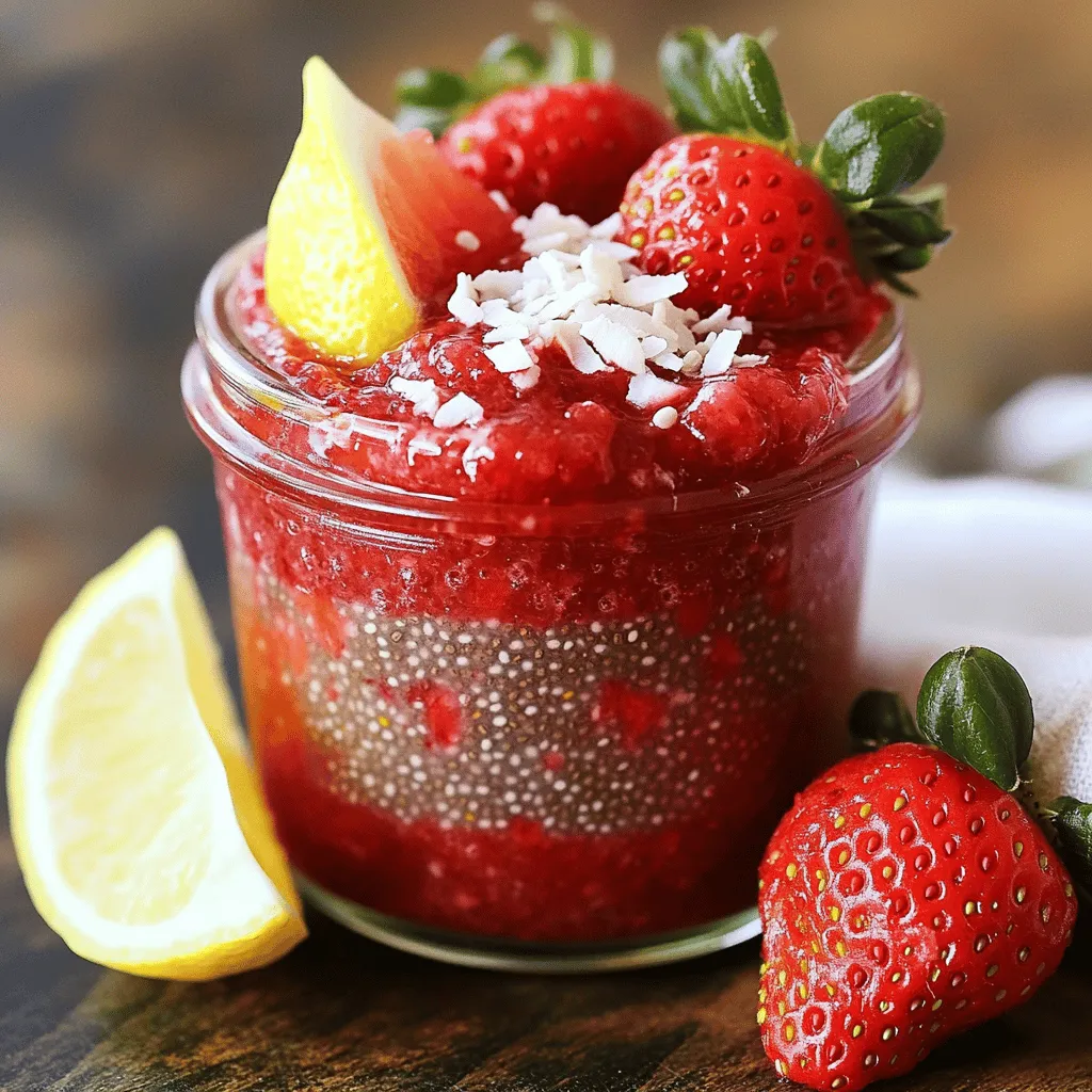To make this tasty Strawberry Coconut Chia Jam, you need just a few simple ingredients: - 2 cups fresh strawberries, hulled and halved - 1/4 cup coconut sugar (or regular sugar) - 1/4 cup unsweetened shredded coconut - 2 tablespoons chia seeds - 1 tablespoon lemon juice - Pinch of salt These ingredients blend together to create a sweet and fruity jam. The strawberries give a bright taste, while the coconut adds a nice texture. You can easily switch up some ingredients. If you don’t have coconut sugar, regular sugar works great. For the coconut, you could use coconut flakes for added crunch. You can also swap strawberries with other berries like raspberries or blueberries. This change gives the jam a new flavor. This jam is not just tasty; it's good for you too! Chia seeds pack a punch of fiber and omega-3 fatty acids. Strawberries add vitamins and antioxidants. Using coconut sugar instead of white sugar lowers the glycemic index, making it a better choice. Enjoying this jam can be a sweet treat without the guilt! Start by hulling and halving 2 cups of fresh strawberries. This step is key. Removing the green tops helps make the jam smooth. Place the strawberries in a medium saucepan. Add 1/4 cup of coconut sugar to the pan. This sugar adds sweetness and enhances the fruit's flavor. Cook the mixture over medium heat for about 5 to 7 minutes. Stir it occasionally. You want the strawberries to break down and release their juices. When they soften and become syrupy, you know you’re on the right track. After the strawberries are soft, use a fork or potato masher. Mash the fruit to your liking. Some like it smooth, while others prefer it chunky. Once you reach your desired consistency, add 1/4 cup of unsweetened shredded coconut and 2 tablespoons of chia seeds. The coconut gives a nice texture. The chia seeds help the jam set. Also, add 1 tablespoon of lemon juice and a pinch of salt. The lemon juice brightens the flavor, while salt balances the sweetness. Now, reduce the heat to low and let the mixture simmer for another 5 minutes. This allows the chia seeds to absorb the liquid and thicken the jam. Remove the saucepan from heat and let it cool for a few minutes. This cooling step helps the flavors meld together. Once it’s cooled, transfer the jam to a clean jar or airtight container. Allow it to cool completely at room temperature. For the best texture, refrigerate the jam for at least 1 hour before using. The chilling gives it that perfect spreadable texture. Now, you have a delicious Strawberry Coconut Chia Jam ready to enjoy! For more details, check the Full Recipe. To get the best texture for your jam, focus on the strawberries. When cooking them, stir gently to avoid burning. Use a fork or masher to break them down. If you want a smooth jam, mash thoroughly. For a chunkier feel, leave some pieces intact. The chia seeds will help thicken the jam as they absorb moisture. Let the jam sit for at least an hour in the fridge to reach its final thickness. You can boost the flavor with a few simple tricks. Adding lemon juice gives a bright taste. A pinch of salt balances the sweetness from the strawberries and sugar. If you want a tropical flair, add extra shredded coconut. You could also mix in a few drops of vanilla extract for a warm flavor. Experiment with spices like cinnamon or nutmeg for a cozy touch. Taste as you go and adjust until it’s just right. Enjoy your Strawberry Coconut Chia Jam in many ways. Spread it on warm toast or fresh bread for breakfast. It pairs well with pancakes or waffles too. Use it as a topping for yogurt or oatmeal. You can also swirl it into smoothies for a fruity treat. For a fun snack, serve it with cheese and crackers. The jam looks lovely in a glass jar, topped with whole strawberries and coconut. This adds a nice touch to your table. {{image_2}} You can mix in other fruits with strawberries. Try adding blueberries or raspberries for a berry blend. Peaches or mangoes give a tropical twist. Chop the fruit into small pieces before cooking. This helps them break down well. Each fruit adds its unique flavor, making your jam special. If you want to change the sweetener, use honey or maple syrup. These natural sweeteners work well and taste great. You can also use agave syrup for a vegan option. Adjust the amount based on how sweet you like it. Just remember that each sweetener has a different taste. Add extra flavors to make your jam pop! A splash of vanilla extract can enhance the taste. For a spicy kick, try a pinch of cinnamon or ginger. You can also add a few drops of almond extract. These flavors will give your jam a unique twist. Feel free to experiment and find your favorite mix! For the full recipe, check out the detailed instructions above. After making your jam, let it cool. Once it's cool, transfer it to a clean jar. Use an airtight container for the best results. Store it in the fridge. This keeps it fresh and tasty. Your Strawberry Coconut Chia Jam will last about one week in the fridge. Use it within this time for the best flavor. If you see any mold or changes, throw it away. Always check before you spread it on your toast! You can freeze your jam if you want to keep it longer. Pour the jam into freezer-safe containers. Leave some space at the top for expansion. It can last up to six months in the freezer. When you're ready to use it, thaw it in the fridge overnight. Enjoy your jam anytime! For the full recipe, check the section above. Yes, you can. But chia seeds help thicken the jam. If you skip them, the jam may be runny. You could try using ground flaxseeds instead. They work similarly as a thickener. Just remember, it may change the flavor a bit. You can change the sweetness easily. Add more coconut sugar if you want it sweeter. Start with a tablespoon at a time. If you prefer less sweetness, cut back on the sugar. You can also use honey or maple syrup for a different taste. Chia seeds offer many benefits. They are high in fiber, which helps digestion. They also provide healthy omega-3 fatty acids. These seeds can help you feel full longer. Plus, they absorb liquid and create a nice texture in the jam. You’ve learned all about making Strawberry Coconut Chia Jam. We covered essential ingredients, step-by-step instructions, and variations for great flavor. Nutritional highlights show this jam is not just tasty but healthy too. Remember to store it right for the best taste and freshness. Feel free to try new fruits or sweeteners to make it your own. This jam is fun to make and share! Enjoy your tasty creation!