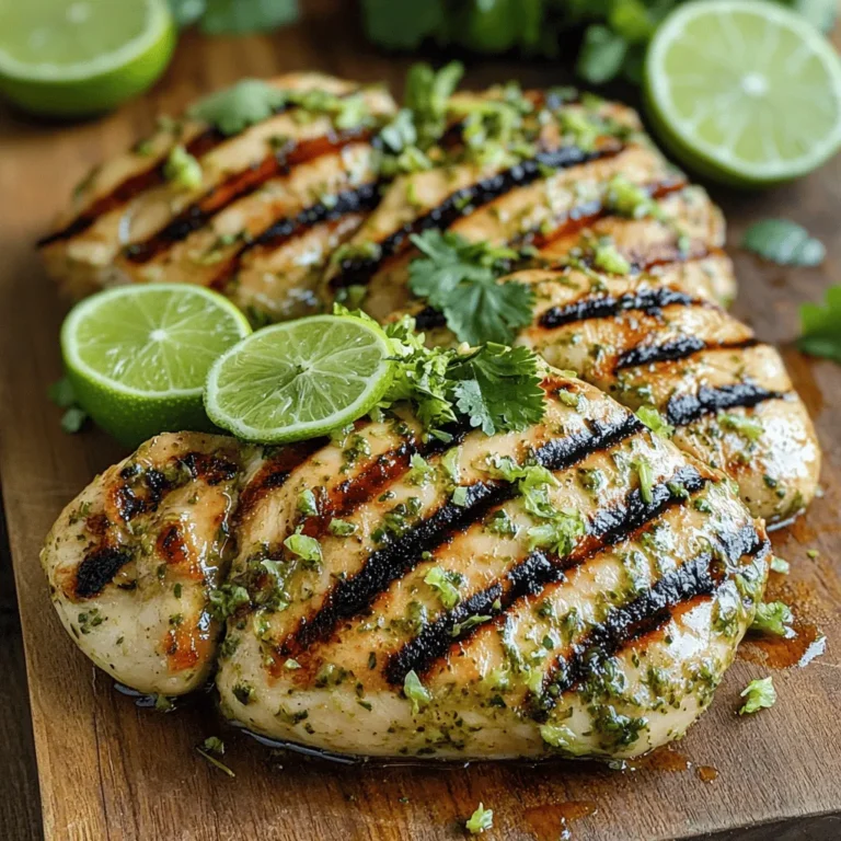 - 4 boneless, skinless chicken breasts - 1/4 cup fresh cilantro, chopped - Zest of 2 limes - 1/4 cup lime juice - 2 cloves garlic, minced - 1 teaspoon cumin - 1 teaspoon paprika - 1 teaspoon olive oil - Salt and pepper to taste - Slices of lime and extra cilantro for garnish To make cilantro lime chicken, you need fresh ingredients. The chicken is the star. The flavor comes from lime and cilantro. You will also use garlic and spices. Cumin and paprika add warmth and depth. Use high-quality olive oil for a smooth finish. I like to chop the cilantro finely. This helps spread the flavor. Zesting the limes adds a bright punch. Lime juice brings acidity and balances the dish. Salt and pepper are key for seasoning. Gather these ingredients before you start. It makes cooking easier. When you have everything ready, you can focus on creating a tasty meal. For those wanting to follow along, the Full Recipe is where you’ll find all the details. Enjoy the fresh flavors! To start, I whisk together key ingredients. In a medium bowl, mix lime juice, lime zest, minced garlic, chopped cilantro, cumin, paprika, olive oil, salt, and pepper. This blend creates a vibrant marinade. The lime and cilantro give a fresh taste. The spices add warmth and depth. You want to ensure everything is well combined. This step sets the flavor for the chicken. Next, I place the chicken breasts in a large resealable bag. You can also use a shallow dish. Pour the marinade over the chicken. Make sure each piece is covered. Seal the bag or cover the dish tightly. Refrigerate for at least 30 minutes. If you have more time, marinate for up to 2 hours. This lets the flavors soak in deeply. Now it’s time to grill! Preheat your grill or skillet over medium-high heat. If you use a grill, lightly oil the grates. This prevents sticking. Remove the chicken from the marinade, letting excess drip off. Discard the leftover marinade. Grill the chicken for about 6-7 minutes on each side. You want the internal temperature to reach 165°F. This ensures the chicken is safe to eat and juicy. Once cooked, let the chicken rest for a few minutes. This helps keep it moist. Enjoy your flavorful meal! For detailed cooking instructions, refer to the Full Recipe. Grilling and pan-searing are great methods for making cilantro lime chicken. For grilling, preheat the grill to a medium-high heat. Lightly oil the grates to stop the chicken from sticking. Cook each side for about 6-7 minutes. You want nice grill marks and a temperature of 165°F inside. If you pan-sear, heat a skillet with a little oil. Place the chicken breasts in the hot skillet and cook until golden brown. Flip and cook the other side until done. Both methods give a nice, crispy finish. Marinating the chicken is key for great flavor. The marinade mixes lime juice, zest, cilantro, garlic, and spices. Letting the chicken soak in this mixture for at least 30 minutes helps it absorb all those delicious flavors. For even more taste, try to marinate for up to 2 hours. This time allows the acid in lime juice to tenderize the meat, making each bite juicy and full of zest. Resting the chicken is crucial for keeping it juicy. After cooking, let the chicken sit for about 5 minutes before slicing. This step allows the juices to settle back into the meat. If you cut too soon, all the juice runs out. You want every slice to be moist and flavorful. This small step makes a big difference in your dish! {{image_2}} You can spice up your cilantro lime chicken by adding chili flakes or jalapeños. The heat from these ingredients gives the dish a bold twist. I love to mix in about a teaspoon of chili flakes with the marinade. If you prefer fresh heat, chop up a jalapeño and add it to the mix. This simple change can take your dish from mild to wild! Using the chicken in tacos is a fun way to enjoy this dish. Once cooked, slice the chicken and stuff it into warm tortillas. Top with fresh cilantro, diced onions, and avocado for a tasty bite. You can even add a squeeze of lime juice for extra zing. These tacos are a hit at any gathering! To make your meal complete, pair the chicken with tasty side dishes. I recommend serving it with rice, black beans, or a fresh salad. Corn on the cob also complements the flavors well. For a refreshing touch, a side of guacamole works great too. These sides will enhance your cilantro lime chicken experience! To keep your Cilantro Lime Chicken fresh, store it in the fridge. Place the chicken in an airtight container. This helps keep the moisture in. You can also wrap it tightly in plastic wrap. If you want to freeze it, make sure to cool it first. Then, put it in a freezer-safe bag. Remove as much air as you can. This prevents freezer burn. When reheating, aim for the best flavor and texture. The oven works well for this. Preheat your oven to 350°F (175°C). Place the chicken on a baking sheet. Cover it with foil to keep it moist. Heat for about 15-20 minutes. You can also use a microwave. Just place the chicken on a microwave-safe plate. Heat in short bursts, checking often. This way, it won't dry out. Cilantro Lime Chicken stays fresh for about 3-4 days in the fridge. If you freeze it, it can last for up to 3 months. Just remember, the longer it stays in the freezer, the more it can lose flavor. For the best taste, eat it sooner rather than later. Yes, you can use bottled lime juice. However, fresh lime juice tastes best. Fresh juice has a bright, vibrant flavor. Bottled juice often lacks that freshness. If you use bottled juice, choose one with no added sugars. Fresh lime zest will also add extra flavor. Cilantro lime chicken pairs well with many sides. Here are some great options: - Rice or quinoa for a filling base. - Grilled vegetables for added color and taste. - A fresh salad for crunch and brightness. - Tortillas for a fun wrap option. These sides will enhance your meal and bring balance. Absolutely! Cilantro lime chicken is great for meal prep. Cook it in advance and store it in the fridge. It keeps well for up to four days. You can add it to salads, wraps, or bowls. This dish also freezes nicely. Just make sure to thaw it overnight before reheating. For the complete details on how to prepare this dish, check out the [Full Recipe](#). This blog post covered how to make Cilantro Lime Chicken. You learned about the ingredients and the steps to grill juicy chicken. I shared tips for flavor and fun variations. Storing leftovers and reheating are also key points. Remember, marinating is important for taste. This chicken dish is great for meal prep or family dinners. Use fresh lime juice for the best flavor. Try adding your own twist, like spicy elements or tacos. Enjoy your cooking adventure with this simple and tasty recipe!