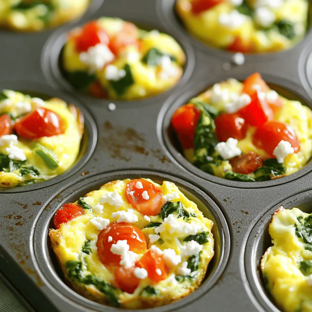 - 6 large eggs - 1/2 cup milk - 1 cup spinach, chopped - 1/2 red bell pepper, diced - 1/2 cup cherry tomatoes, halved - 1/4 cup feta cheese, crumbled - 1 teaspoon garlic powder - 1 teaspoon onion powder - Salt and pepper to taste - Cooking spray or olive oil for greasing To make egg muffin cups, gather your ingredients first. Using fresh, high-quality items makes a big difference. I love using vibrant veggies like spinach and bell pepper for color and flavor. Feta cheese adds a nice tang, which I find delightful. Now, let’s talk nutrition. Each muffin cup is packed with protein and healthy fats. You can enjoy them guilt-free as a gluten-free and vegetarian option. A great breakfast choice, these cups also make a handy snack. For more detailed guidance, refer to the Full Recipe for step-by-step instructions. 1. First, preheat your oven to 350°F (175°C). This helps the egg muffin cups cook evenly. 2. Next, grease a muffin tin with cooking spray or olive oil. This prevents the egg mixture from sticking. 3. In a large bowl, crack the 6 large eggs. Whisk them well until they blend smoothly. 4. Add 1/2 cup of milk to the eggs. Whisk again until the mixture is creamy and smooth. 1. Now, it’s time to add flavor. Mix in 1 cup of chopped spinach, 1/2 diced red bell pepper, and 1/2 cup of halved cherry tomatoes. 2. Crumble in 1/4 cup of feta cheese for a tangy taste. 3. To season, add 1 teaspoon of garlic powder and 1 teaspoon of onion powder. Don’t forget salt and pepper to taste. Stir well to mix everything evenly. 1. Carefully pour the egg mixture into the prepared muffin tin. Fill each cavity about 3/4 full. 2. Place the muffin tin in the preheated oven. Bake for 18-20 minutes. Check if they are set and slightly golden on top. 3. Once baking is done, take out the muffin tin. Let it cool for a few minutes. Gently run a knife around each cup to release them. You can find the full recipe above for more details! To make tasty egg muffin cups, start with a well-greased muffin tin. Use cooking spray or olive oil to coat each cup. This step keeps your egg cups from sticking. If they stick, you won’t get a clean serve. When baking, check if the cups are fully cooked by inserting a toothpick. If it comes out clean, they are ready. The tops should look slightly golden. This means they are cooked through and safe to eat. You can change the veggies in your egg muffin cups. Try broccoli, zucchini, or mushrooms instead of spinach. These swaps can add new flavors and textures. For cheese, feta works well, but you can use cheddar or mozzarella too. If you want a spicy kick, add jalapeños or pepper jack cheese. Mix and match to fit your taste. Enjoy your egg muffin cups warm or at room temperature. They make a great breakfast or snack. Pair them with fresh fruit or a side salad for a balanced meal. For a heartier option, serve them with whole-grain toast or avocado. These cups are also great for meal prep. Store extras in the fridge for quick breakfasts later in the week. Check out the Full Recipe for more details on how to make them! {{image_2}} You can mix up your egg muffin cups with fun flavors. For an Italian twist, add herbs like basil and oregano. These herbs give a fresh taste that brightens your morning. You can also toss in some sun-dried tomatoes for extra flavor. If you prefer a spicy kick, try making Mexican-style egg muffin cups. Just mix in some chopped jalapeños and your favorite cheese. This combo adds heat and creaminess, making breakfast exciting. Don’t forget to top them with salsa for a zesty finish! For those watching carbs, you can create a low-carb version. Use riced cauliflower instead of adding more veggies. Cauliflower keeps it light yet filling. You can also mix in some cooked sausage or bacon for protein. If you're dairy-free, swap regular milk and cheese for plant-based options. Use almond milk or oat milk as a milk substitute. Nutritional yeast can replace cheese, giving a cheesy flavor without dairy. It’s a great way to keep your muffin cups tasty and inclusive. You don't have to stick to the oven for cooking these cups. An air fryer works wonders too! Just set it to 320°F (160°C) and cook for about 12 minutes. The air fryer gives them a nice golden color while keeping them fluffy inside. If you want to skip the oven altogether, you can make these cups on the stovetop. Use a skillet with a lid. Pour the egg mixture into the skillet, cover it, and cook on low heat. This method takes a bit longer but still results in delicious breakfast cups. For the full recipe, check the link. Enjoy experimenting with these variations! To keep your egg muffin cups fresh, use these tips: - Refrigeration: Place the cooled muffin cups in an airtight container. They last in the fridge for up to five days. You can also wrap them in plastic wrap for extra protection. - Freezer Storage: For long-term use, freeze the muffin cups. Wrap each cup in plastic wrap and then place them in a freezer-safe bag. They can stay fresh for up to three months. Just remember to label the bags with the date. To enjoy your egg muffin cups again, follow these steps: - Best Methods: The oven is great for reheating. Preheat it to 350°F (175°C). Place the muffin cups on a baking sheet and heat for about 10-15 minutes. This keeps them fluffy and prevents drying out. - Quick Options: For busy mornings, use the microwave. Place a muffin cup on a microwave-safe plate. Heat for 30-45 seconds. Check to see if it’s warm. If not, add more time in short bursts. This method is fast and still tasty! For the full recipe, you can revisit the Egg Muffin Cups section. Enjoy your cooking! Yes, you can make egg muffin cups ahead of time. This makes meal prep easy! I suggest baking them and letting them cool completely. Once cool, place them in an airtight container. You can store them in the fridge for up to four days. If you want to keep them longer, freeze them. Just wrap each cup in plastic wrap before placing them in a freezer bag. Egg muffin cups last about four days in the fridge. To check for spoilage, look for any off smells or changes in texture. If they feel slimy or smell bad, it’s best to discard them. Always store them in an airtight container to keep them fresh longer. Yes, you can use egg substitutes in this recipe. If you follow a vegan diet, consider using a mix of ground flaxseed and water. This mix replaces one egg with one tablespoon of flaxseed and three tablespoons of water. You can also try silken tofu blended until smooth. It works well and adds protein. For people with egg allergies, these options are great. Always check the specific substitute's cooking instructions to ensure the best results. Egg muffin cups are a simple and tasty dish. We covered the ingredients, the step-by-step process, and tips for making them perfect. You learned how to customize them for your taste and diet. Storing leftovers or reheating them is easy. Get creative with flavors and enjoy this healthy meal anytime. I hope you try these delicious egg muffin cups soon!