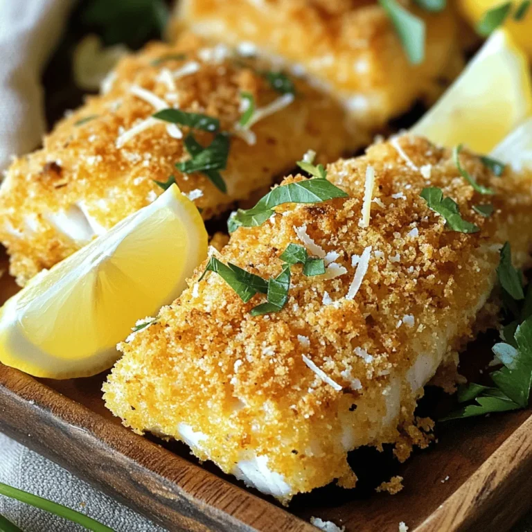 For this recipe, I love using white fish. Cod, tilapia, or haddock work great. These fish have mild flavors and cook well. They stay tender and flaky inside while getting crispy outside. Breadcrumbs make the fish crunchy. I recommend panko breadcrumbs for extra crispiness. Panko is lighter and airier than regular breadcrumbs. This gives your fish a great texture. You can also use regular breadcrumbs if you have them on hand. Seasoning is key to flavor. Here’s what you need: - 1 teaspoon garlic powder - 1 teaspoon onion powder - 1/2 teaspoon paprika - 1/2 teaspoon dried oregano - 1/2 teaspoon salt - 1/4 teaspoon black pepper These spices add depth and taste to the fish. Also, you’ll need: - 2 large eggs - 2 tablespoons Dijon mustard - 1 tablespoon lemon juice The Dijon mustard helps the breadcrumbs stick. The lemon juice brightens the flavor. Each element makes this dish simple yet delicious. For the full recipe, check out the full recipe section in this article. First, set your oven to 425°F (220°C). This temperature helps the fish become crispy. While the oven heats, line a baking sheet with parchment paper. This step keeps the fish from sticking and makes clean-up easy. Next, grab a large bowl. In it, combine the breadcrumbs with the grated Parmesan cheese. Add the garlic powder, onion powder, paprika, oregano, salt, and black pepper. Mix everything well until you see a uniform blend. This mixture adds a big burst of flavor to your fish. Now, take another bowl and whisk the eggs, Dijon mustard, and lemon juice together. Dip each fish filet into this egg mixture. Let any extra egg drip off. Then, coat the fish in your breadcrumb mix. Press gently on the crumbs to help them stick. Place the coated filets on the prepared baking sheet. This step makes sure each piece is covered nicely. Check out the Full Recipe to see how to bake the fish perfectly! To get your fish super crispy, start with dry filets. Pat them with a paper towel. This removes extra moisture. Use panko breadcrumbs for a crunchier texture. They create a nice, airy layer. Press the crumbs onto the fish firmly. This helps them stick during baking. A final drizzle of oil or spray gives extra crispiness. Bake the fish at 425°F (220°C). This high heat creates a perfect golden crust. Cook the filets for 15 to 20 minutes. Check them after 15 minutes. The fish should flake easily with a fork when done. Don’t open the oven door too early. This can let heat escape and affect cooking. Use a baking sheet lined with parchment paper. This prevents sticking and makes cleanup easy. A wire rack on top of the baking sheet helps air circulate. If you don’t have one, it’s okay! Just place the fish directly on the parchment. A spatula makes transferring the fish easy after baking. For best results, use a good-quality oven. This ensures even cooking and browning. For the full recipe, check the recipe section above. {{image_2}} You can mix up the flavors in your crispy oven-baked fish. Try adding herbs like dill or parsley for a fresh twist. For a spicy kick, add cayenne pepper or crushed red pepper flakes. You can also swap the lemon juice for lime juice for a different zest. A splash of soy sauce can bring a savory touch. Experiment with different spices to find your favorite flavor blend. Bread your fish using crushed cornflakes or nuts for a crunchier texture. You can also use seasoned flour instead of breadcrumbs. If you want a gluten-free option, try using almond flour or ground oats. Each method gives a unique taste and texture. Don't be afraid to try new ideas and find what you love best. Pair your crispy oven-baked fish with fresh sides for a complete meal. A simple salad with greens and a lemon vinaigrette works well. Roasted vegetables or steamed broccoli add color and nutrients. For a heartier side, serve it with rice or quinoa. You can also serve your fish with sweet potato fries for a fun twist. These sides will complement the fish and make your meal more satisfying. For the full recipe, check out the complete details. Storing leftovers is easy. Place any uneaten fish in an airtight container. Keep the container in the fridge. Enjoy the fish within two days for the best taste. To reheat, use the oven for best results. Preheat your oven to 350°F (175°C). Place the fish on a baking sheet. Heat for about 10 minutes, until warm. This keeps the fish crispy. You can also use a microwave, but it may not stay crispy. You can freeze the fish if you need to store it longer. Wrap each filet tightly in plastic wrap. Then, place the wrapped fish in a freezer bag. Squeeze out the air to avoid freezer burn. Use within three months for the best flavor. When ready to eat, thaw it in the fridge overnight. Reheat as mentioned above for crispy results. The best fish for oven baking are white fish filets. I like cod, tilapia, or haddock. These fish have a mild taste and firm texture. They hold up well when baked. You can also try salmon or trout for a richer flavor. Just choose fish that feels fresh. Check for clear eyes and a mild scent. To make your fish extra crispy, use panko breadcrumbs. They create a light, crunchy coating. You can also heat the oven to a high temperature. This helps crisp the coating quickly. Don't forget to spray or drizzle oil on the fish before baking. This adds moisture and enhances crispiness. For even more crunch, you can double-coat the fish. Dip it in the egg mixture twice, then coat it in breadcrumbs twice. Baking fish usually takes 15 to 20 minutes. It depends on the thickness of the filets. Fish is done when it flakes easily with a fork. The coating should be golden and crispy. Check it around the 15-minute mark to avoid overcooking. If you want a precise time, refer to the Full Recipe for guidance. You've learned how to prepare delicious baked fish. We covered fish selection, breadcrumb types, and key seasonings. I provided step-by-step instructions, tips for crispiness, and alternative cooking methods. You can even store leftovers or try fun variations. Remember, cooking should be fun and simple. Enjoy experimenting with new flavors and techniques. Happy cooking!