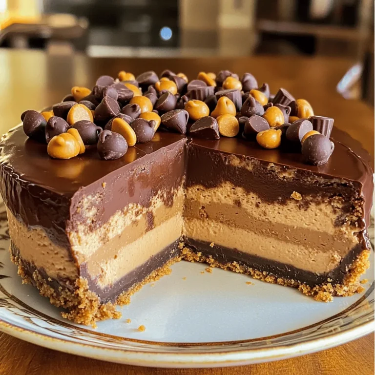 Here are the key ingredients you'll need to create the rich and creamy chocolate peanut butter cheesecake: - 1 ½ cups graham cracker crumbs - ½ cup unsalted butter, melted - 1 tablespoon sugar - 16 oz cream cheese, softened - 1 cup powdered sugar - 1 cup creamy peanut butter - 1 teaspoon vanilla extract - ½ cup heavy cream - 4 oz semi-sweet chocolate, melted (and cooled slightly) - ½ cup chocolate chips (for topping) - ¼ cup mini peanut butter cups (for garnish, optional) Each of these ingredients plays a vital role in making this cheesecake a delight. The graham cracker crumbs bring a sweet crunch, while the melted butter binds the crust. Cream cheese gives the cheesecake its creamy texture, and peanut butter adds that rich, nutty flavor we all love. The melted chocolate enhances the taste, adding depth to each bite. Topping with chocolate chips and mini peanut butter cups makes it look stunning and adds extra flavor. You can find the full recipe with exact steps to craft this delicious treat. Start by mixing the graham cracker crumbs, melted butter, and sugar in a medium bowl. Make sure everything blends well. Next, press this mixture into the bottom of a 9-inch springform pan. It should form a nice, even layer. Once done, chill the crust in the refrigerator for 30 minutes. This helps it set up nicely. In a large bowl, beat together the softened cream cheese and powdered sugar. Keep mixing until the mixture is smooth and creamy. Then, add the creamy peanut butter and vanilla extract. Mix everything until fully combined. Now, it’s time to incorporate the melted chocolate. Pour it in gradually while mixing on low speed. You want a uniform filling, so take your time to ensure there are no lumps. Now, whip the heavy cream in a separate bowl until you see soft peaks. This adds lightness to your filling. Gently fold the whipped cream into the chocolate and peanut butter mixture. Be careful not to deflate the whipped cream. Once combined, pour this delicious mixture over the chilled crust. Smooth out the top using a spatula. Tap the pan lightly on the counter to release any air bubbles. Cover it and refrigerate for at least 4 hours, or overnight for the best results. For the complete details, check the Full Recipe. To make a smooth and creamy cheesecake, start with softened cream cheese. This step is key. Cold cream cheese will create lumps in your mixture. Leave it out for about an hour to warm up. You can also cut it into chunks to help it soften faster. When you mix in the melted chocolate, pour it in slowly. Keep the mixer on low to blend it well. This prevents lumps from forming. Scrape the sides of the bowl often. This will ensure all ingredients mix evenly. When it’s time to serve, use a sharp knife. Dip it in hot water and wipe it dry. This helps you cut neat slices. For a fun twist, you can make mini cheesecakes in muffin tins. Just adjust the crust and filling amounts. For toppings, add chocolate chips or mini peanut butter cups. Fresh whipped cream adds a nice touch too. You can even drizzle some melted chocolate on top for extra flair. Each slice should look as delicious as it tastes. For the full recipe, check out the recipe section. {{image_2}} You can change the flavors in this cheesecake to suit your taste. Instead of peanut butter, try almond butter for a nutty twist. If you want a nut-free option, use sun butter or another seed butter. These swaps keep the creamy texture while changing the taste. You can also play with chocolate types. For a richer flavor, use dark chocolate. If you prefer a sweeter taste, white chocolate works well too. Mixing different chocolates can add depth and surprise to your dessert. If you need a gluten-free option, use gluten-free graham cracker crumbs for the crust. Many brands offer great alternatives that taste just as good. Just make sure to check the labels to ensure they are truly gluten-free. For a vegan version, swap the cream cheese and heavy cream with plant-based alternatives. Look for vegan cream cheese and coconut cream. These choices will give you a similar rich and creamy texture while keeping it dairy-free. You can enjoy this cheesecake while sticking to your dietary needs! For the full recipe, visit [Full Recipe]. To keep your chocolate peanut butter cheesecake fresh, store it in the fridge. First, cover the cheesecake tightly with plastic wrap or aluminum foil. This prevents it from absorbing other smells from the fridge. You can also use an airtight container if you have one. Leftovers can last up to five days in the fridge. I recommend enjoying it within three days for the best taste. The flavors remain rich and creamy, but you may notice slight changes in texture after a few days. If you want to save some cheesecake for later, freezing works great. Start by slicing the cheesecake into individual pieces. Wrap each slice tightly in plastic wrap. Then, place them in a freezer-safe bag or container. This helps keep them fresh and easy to grab. To thaw, take a slice out of the freezer and place it in the fridge overnight. This way, it will defrost slowly and stay creamy. You can also thaw it at room temperature for about 30 minutes if you're in a hurry. Enjoy the cheesecake chilled for the best flavor and texture. You’ll love that rich and creamy delight anytime! For the full recipe, check out the earlier section. The cheesecake needs to chill for at least 4 hours. For the best taste, I suggest chilling it overnight. This allows the flavors to blend well. Plus, a longer chill helps it set firmly. Yes, you can make this cheesecake ahead of time. It is perfect for parties or special occasions. Prepare it a day or two before serving. Just keep it in the fridge. This way, you save time on the event day. If you don't have a springform pan, don't worry! You can use a regular pie dish or an 8x8 inch baking pan. Line the bottom with parchment paper for easy removal. Just be careful when slicing and serving. Keep in mind, the shape may be different, but the taste will still be amazing! For the full recipe, check out the details above. This blog post covered a delicious no-bake peanut butter cheesecake. You learned about the ingredients, step-by-step instructions, tips, variations, and storage methods. Remember, using softened cream cheese is key for the best texture. I hope you feel ready to make this tasty dessert. Whether you stick with the original recipe or try new flavors, enjoy every bite. Happy baking!