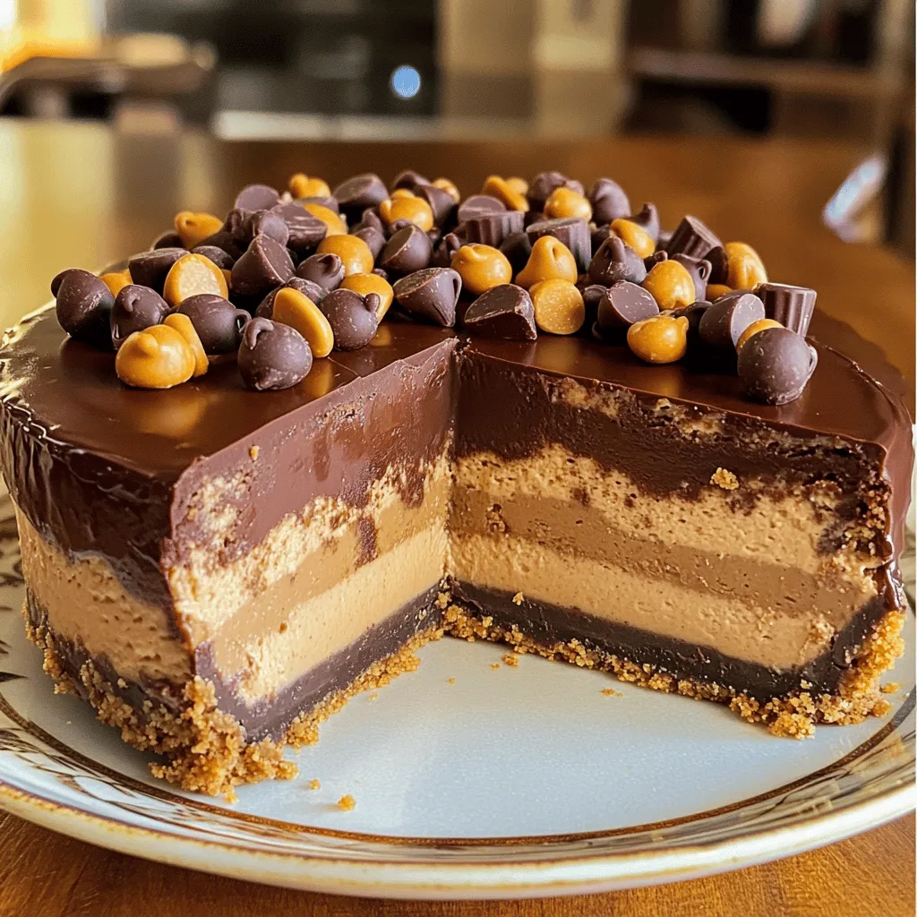 Here are the key ingredients you'll need to create the rich and creamy chocolate peanut butter cheesecake: - 1 ½ cups graham cracker crumbs - ½ cup unsalted butter, melted - 1 tablespoon sugar - 16 oz cream cheese, softened - 1 cup powdered sugar - 1 cup creamy peanut butter - 1 teaspoon vanilla extract - ½ cup heavy cream - 4 oz semi-sweet chocolate, melted (and cooled slightly) - ½ cup chocolate chips (for topping) - ¼ cup mini peanut butter cups (for garnish, optional) Each of these ingredients plays a vital role in making this cheesecake a delight. The graham cracker crumbs bring a sweet crunch, while the melted butter binds the crust. Cream cheese gives the cheesecake its creamy texture, and peanut butter adds that rich, nutty flavor we all love. The melted chocolate enhances the taste, adding depth to each bite. Topping with chocolate chips and mini peanut butter cups makes it look stunning and adds extra flavor. You can find the full recipe with exact steps to craft this delicious treat. Start by mixing the graham cracker crumbs, melted butter, and sugar in a medium bowl. Make sure everything blends well. Next, press this mixture into the bottom of a 9-inch springform pan. It should form a nice, even layer. Once done, chill the crust in the refrigerator for 30 minutes. This helps it set up nicely. In a large bowl, beat together the softened cream cheese and powdered sugar. Keep mixing until the mixture is smooth and creamy. Then, add the creamy peanut butter and vanilla extract. Mix everything until fully combined. Now, it’s time to incorporate the melted chocolate. Pour it in gradually while mixing on low speed. You want a uniform filling, so take your time to ensure there are no lumps. Now, whip the heavy cream in a separate bowl until you see soft peaks. This adds lightness to your filling. Gently fold the whipped cream into the chocolate and peanut butter mixture. Be careful not to deflate the whipped cream. Once combined, pour this delicious mixture over the chilled crust. Smooth out the top using a spatula. Tap the pan lightly on the counter to release any air bubbles. Cover it and refrigerate for at least 4 hours, or overnight for the best results. For the complete details, check the Full Recipe. To make a smooth and creamy cheesecake, start with softened cream cheese. This step is key. Cold cream cheese will create lumps in your mixture. Leave it out for about an hour to warm up. You can also cut it into chunks to help it soften faster. When you mix in the melted chocolate, pour it in slowly. Keep the mixer on low to blend it well. This prevents lumps from forming. Scrape the sides of the bowl often. This will ensure all ingredients mix evenly. When it’s time to serve, use a sharp knife. Dip it in hot water and wipe it dry. This helps you cut neat slices. For a fun twist, you can make mini cheesecakes in muffin tins. Just adjust the crust and filling amounts. For toppings, add chocolate chips or mini peanut butter cups. Fresh whipped cream adds a nice touch too. You can even drizzle some melted chocolate on top for extra flair. Each slice should look as delicious as it tastes. For the full recipe, check out the recipe section. {{image_2}} You can change the flavors in this cheesecake to suit your taste. Instead of peanut butter, try almond butter for a nutty twist. If you want a nut-free option, use sun butter or another seed butter. These swaps keep the creamy texture while changing the taste. You can also play with chocolate types. For a richer flavor, use dark chocolate. If you prefer a sweeter taste, white chocolate works well too. Mixing different chocolates can add depth and surprise to your dessert. If you need a gluten-free option, use gluten-free graham cracker crumbs for the crust. Many brands offer great alternatives that taste just as good. Just make sure to check the labels to ensure they are truly gluten-free. For a vegan version, swap the cream cheese and heavy cream with plant-based alternatives. Look for vegan cream cheese and coconut cream. These choices will give you a similar rich and creamy texture while keeping it dairy-free. You can enjoy this cheesecake while sticking to your dietary needs! For the full recipe, visit [Full Recipe]. To keep your chocolate peanut butter cheesecake fresh, store it in the fridge. First, cover the cheesecake tightly with plastic wrap or aluminum foil. This prevents it from absorbing other smells from the fridge. You can also use an airtight container if you have one. Leftovers can last up to five days in the fridge. I recommend enjoying it within three days for the best taste. The flavors remain rich and creamy, but you may notice slight changes in texture after a few days. If you want to save some cheesecake for later, freezing works great. Start by slicing the cheesecake into individual pieces. Wrap each slice tightly in plastic wrap. Then, place them in a freezer-safe bag or container. This helps keep them fresh and easy to grab. To thaw, take a slice out of the freezer and place it in the fridge overnight. This way, it will defrost slowly and stay creamy. You can also thaw it at room temperature for about 30 minutes if you're in a hurry. Enjoy the cheesecake chilled for the best flavor and texture. You’ll love that rich and creamy delight anytime! For the full recipe, check out the earlier section. The cheesecake needs to chill for at least 4 hours. For the best taste, I suggest chilling it overnight. This allows the flavors to blend well. Plus, a longer chill helps it set firmly. Yes, you can make this cheesecake ahead of time. It is perfect for parties or special occasions. Prepare it a day or two before serving. Just keep it in the fridge. This way, you save time on the event day. If you don't have a springform pan, don't worry! You can use a regular pie dish or an 8x8 inch baking pan. Line the bottom with parchment paper for easy removal. Just be careful when slicing and serving. Keep in mind, the shape may be different, but the taste will still be amazing! For the full recipe, check out the details above. This blog post covered a delicious no-bake peanut butter cheesecake. You learned about the ingredients, step-by-step instructions, tips, variations, and storage methods. Remember, using softened cream cheese is key for the best texture. I hope you feel ready to make this tasty dessert. Whether you stick with the original recipe or try new flavors, enjoy every bite. Happy baking!