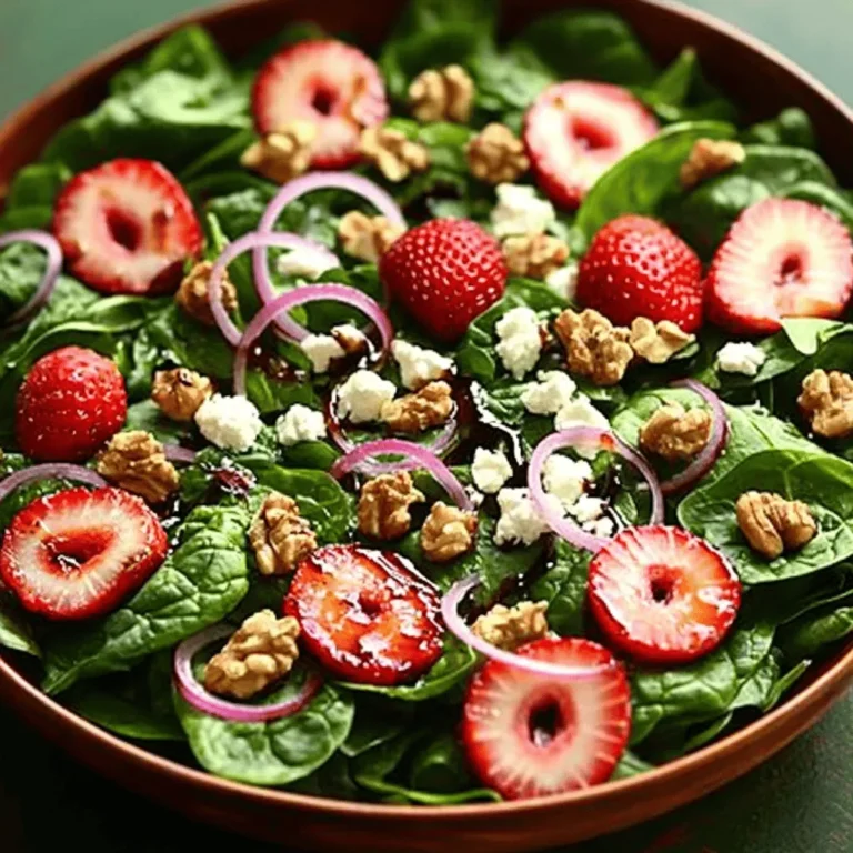 - 4 cups fresh spinach, washed and dried - 2 cups strawberries, hulled and sliced - 1/4 cup red onion, thinly sliced - 1/2 cup goat cheese, crumbled - 1/4 cup walnuts, chopped - 3 tablespoons balsamic vinegar - 2 tablespoons honey - 1 tablespoon olive oil - Salt and pepper to taste When you make a Strawberry Spinach Salad, fresh produce is key. Start with four cups of fresh spinach. The spinach gives the salad a bright and healthy base. Next, add two cups of strawberries. Choose ripe, juicy strawberries for the best flavor. They bring sweetness and color to the dish. Don't forget the red onion! Use a quarter cup, sliced thin. The onion adds a nice crunch and a slight zing. Now, let's talk about cheese and nuts. I love using half a cup of crumbled goat cheese. It adds creaminess and richness. If you're not a fan of goat cheese, feta is a great option too. For a crunchy texture, sprinkle a quarter cup of chopped walnuts on top. They add a lovely nutty flavor. Finally, we need a dressing to tie everything together. Mix three tablespoons of balsamic vinegar with two tablespoons of honey for sweetness. Add one tablespoon of olive oil for richness. Season with salt and pepper to taste. This dressing brings all the flavors together perfectly. For the full recipe, you can check out the details in the article. Enjoy your fresh and flavorful Strawberry Spinach Salad! 1. In a large salad bowl, place the fresh spinach as the base of your salad. This gives a vibrant green color and a healthy crunch. 2. Add the sliced strawberries and red onion over the spinach. The sweet strawberries and sharp onion create a great mix of flavors. 3. Sprinkle the crumbled goat cheese and chopped walnuts evenly on top. The goat cheese adds creaminess while walnuts bring a nice crunch. 4. In a small bowl, whisk together the balsamic vinegar, honey, olive oil, salt, and pepper until well combined. This dressing ties all the flavors together in a tangy way. 5. Drizzle the dressing over the salad and gently toss to combine, being careful not to crush the strawberries. This keeps everything fresh and intact. 6. Taste and adjust seasoning if necessary, adding more salt or a drizzle of honey if desired. You want a balance of tart and sweet. For the complete recipe, refer to the [Full Recipe]. To make your salad sing, use ripe strawberries. They add natural sweetness. You can also try adding other fruits or veggies. Fresh blueberries or sliced apples work great. Toss in some cucumbers for crunch. It’s all about finding what you love! How you serve food matters. A large, shallow bowl makes the salad look fancy. This way, everyone can see the bright colors. For an extra touch, garnish with more strawberries and walnuts. It adds flair and makes it more inviting. Want to save time? Prepare the ingredients in advance. Wash and slice the strawberries and onions. Keep them in the fridge. When you’re ready to eat, just assemble the salad. This keeps your greens fresh and crisp, making meal time a breeze. For the full recipe, check out the Strawberry Spinach Delight. {{image_2}} You can boost your salad with protein. Grilled chicken adds a savory touch. Shrimp also pairs well with strawberries. If you're vegetarian, chickpeas are a great choice. They add a nice texture and flavor. Dressing can change the entire salad. Swap honey for maple syrup for a vegan twist. This adds a unique sweetness. You can also try different vinegars. Apple cider or red wine vinegar can bring new flavors. Feel free to add more ingredients. Avocado gives the salad a creamy texture. It also adds healthy fats. Other nuts like pecans or almonds can provide a nice crunch. These additions make the salad even more enjoyable. For the full recipe, check out the complete instructions above! To keep your salad fresh, store it in an airtight container in the refrigerator. This helps prevent wilting and keeps flavors intact. I recommend using the salad within 1-2 days for the best taste and texture. Do not freeze the assembled salad. It can lose its crispness. Instead, store the dressing separately. If you need to freeze, consider only strawberries or nuts, but this is not ideal for the best salad experience. To enjoy day-old salad, add fresh spinach and drizzle some extra dressing. This quick fix revives the flavors and freshness, making it almost as good as the first serving. You can enjoy this delightful dish time and again! For the full recipe, check out the Strawberry Spinach Delight. Baby spinach is preferred for its tender leaves and mild flavor. It adds a soft crunch that feels nice in your mouth. The taste of baby spinach does not overpower the other ingredients. You can also use regular spinach, but it may be tougher. Choose baby spinach for a more pleasant salad experience. Yes, by omitting cheese and using a plant-based sweetener. You can skip the goat cheese and use avocado for creaminess. For the dressing, replace honey with maple syrup or agave nectar. This way, you keep the salad fresh and tasty while making it vegan-friendly. Keep the dressing in a sealed jar in the fridge for up to one week. This helps keep it fresh and tasty. Just shake it well before using. If it thickens, you can add a bit of water to reach your desired consistency. Enjoy it on other salads too! This blog post covered a tasty strawberry spinach salad. We looked at fresh ingredients like spinach, strawberries, goat cheese, and walnuts. Then, I walked you through easy steps to make it. I shared tips to boost flavor and make the salad look great. You can also mix it up with proteins or different dressings. Remember, serve it fresh or store leftovers properly. Enjoy your healthy creation! It’s not just food; it’s good for you.