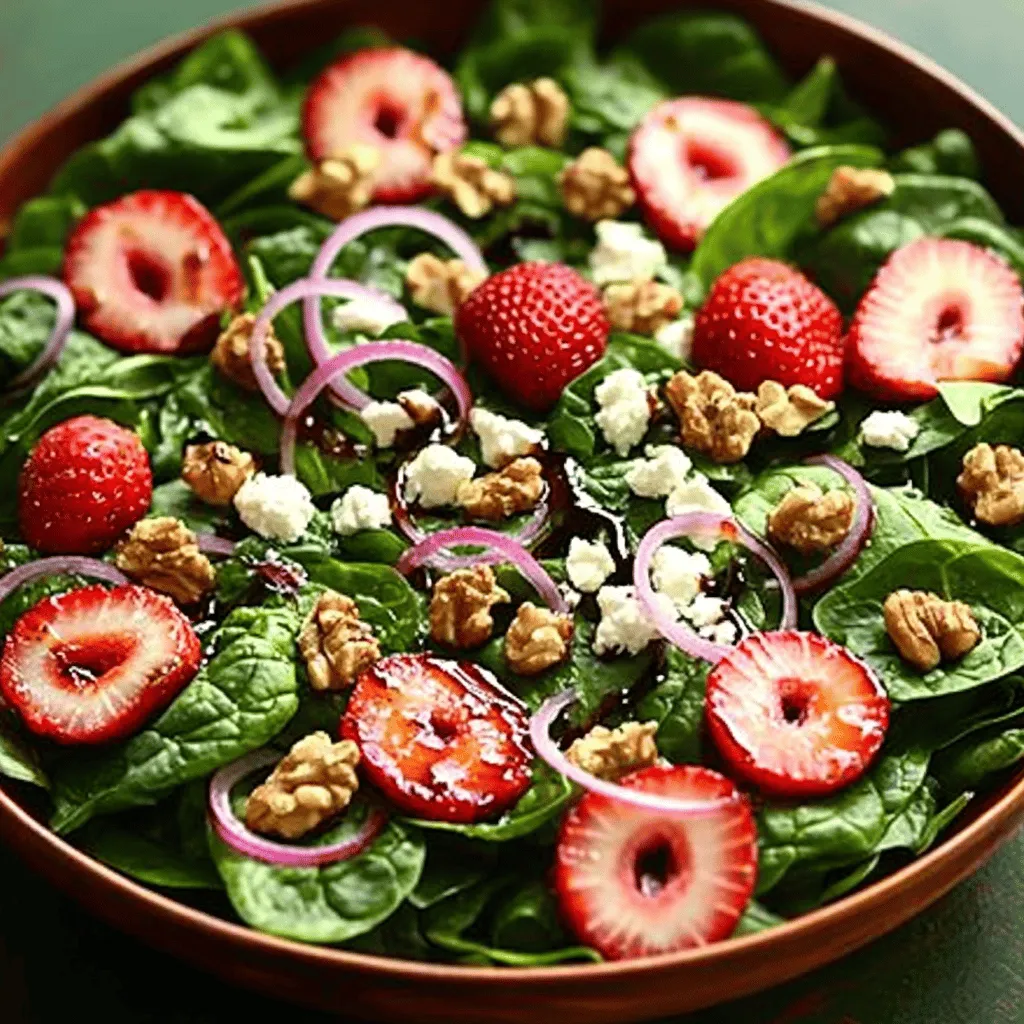 - 4 cups fresh spinach, washed and dried - 2 cups strawberries, hulled and sliced - 1/4 cup red onion, thinly sliced - 1/2 cup goat cheese, crumbled - 1/4 cup walnuts, chopped - 3 tablespoons balsamic vinegar - 2 tablespoons honey - 1 tablespoon olive oil - Salt and pepper to taste When you make a Strawberry Spinach Salad, fresh produce is key. Start with four cups of fresh spinach. The spinach gives the salad a bright and healthy base. Next, add two cups of strawberries. Choose ripe, juicy strawberries for the best flavor. They bring sweetness and color to the dish. Don't forget the red onion! Use a quarter cup, sliced thin. The onion adds a nice crunch and a slight zing. Now, let's talk about cheese and nuts. I love using half a cup of crumbled goat cheese. It adds creaminess and richness. If you're not a fan of goat cheese, feta is a great option too. For a crunchy texture, sprinkle a quarter cup of chopped walnuts on top. They add a lovely nutty flavor. Finally, we need a dressing to tie everything together. Mix three tablespoons of balsamic vinegar with two tablespoons of honey for sweetness. Add one tablespoon of olive oil for richness. Season with salt and pepper to taste. This dressing brings all the flavors together perfectly. For the full recipe, you can check out the details in the article. Enjoy your fresh and flavorful Strawberry Spinach Salad! 1. In a large salad bowl, place the fresh spinach as the base of your salad. This gives a vibrant green color and a healthy crunch. 2. Add the sliced strawberries and red onion over the spinach. The sweet strawberries and sharp onion create a great mix of flavors. 3. Sprinkle the crumbled goat cheese and chopped walnuts evenly on top. The goat cheese adds creaminess while walnuts bring a nice crunch. 4. In a small bowl, whisk together the balsamic vinegar, honey, olive oil, salt, and pepper until well combined. This dressing ties all the flavors together in a tangy way. 5. Drizzle the dressing over the salad and gently toss to combine, being careful not to crush the strawberries. This keeps everything fresh and intact. 6. Taste and adjust seasoning if necessary, adding more salt or a drizzle of honey if desired. You want a balance of tart and sweet. For the complete recipe, refer to the [Full Recipe]. To make your salad sing, use ripe strawberries. They add natural sweetness. You can also try adding other fruits or veggies. Fresh blueberries or sliced apples work great. Toss in some cucumbers for crunch. It’s all about finding what you love! How you serve food matters. A large, shallow bowl makes the salad look fancy. This way, everyone can see the bright colors. For an extra touch, garnish with more strawberries and walnuts. It adds flair and makes it more inviting. Want to save time? Prepare the ingredients in advance. Wash and slice the strawberries and onions. Keep them in the fridge. When you’re ready to eat, just assemble the salad. This keeps your greens fresh and crisp, making meal time a breeze. For the full recipe, check out the Strawberry Spinach Delight. {{image_2}} You can boost your salad with protein. Grilled chicken adds a savory touch. Shrimp also pairs well with strawberries. If you're vegetarian, chickpeas are a great choice. They add a nice texture and flavor. Dressing can change the entire salad. Swap honey for maple syrup for a vegan twist. This adds a unique sweetness. You can also try different vinegars. Apple cider or red wine vinegar can bring new flavors. Feel free to add more ingredients. Avocado gives the salad a creamy texture. It also adds healthy fats. Other nuts like pecans or almonds can provide a nice crunch. These additions make the salad even more enjoyable. For the full recipe, check out the complete instructions above! To keep your salad fresh, store it in an airtight container in the refrigerator. This helps prevent wilting and keeps flavors intact. I recommend using the salad within 1-2 days for the best taste and texture. Do not freeze the assembled salad. It can lose its crispness. Instead, store the dressing separately. If you need to freeze, consider only strawberries or nuts, but this is not ideal for the best salad experience. To enjoy day-old salad, add fresh spinach and drizzle some extra dressing. This quick fix revives the flavors and freshness, making it almost as good as the first serving. You can enjoy this delightful dish time and again! For the full recipe, check out the Strawberry Spinach Delight. Baby spinach is preferred for its tender leaves and mild flavor. It adds a soft crunch that feels nice in your mouth. The taste of baby spinach does not overpower the other ingredients. You can also use regular spinach, but it may be tougher. Choose baby spinach for a more pleasant salad experience. Yes, by omitting cheese and using a plant-based sweetener. You can skip the goat cheese and use avocado for creaminess. For the dressing, replace honey with maple syrup or agave nectar. This way, you keep the salad fresh and tasty while making it vegan-friendly. Keep the dressing in a sealed jar in the fridge for up to one week. This helps keep it fresh and tasty. Just shake it well before using. If it thickens, you can add a bit of water to reach your desired consistency. Enjoy it on other salads too! This blog post covered a tasty strawberry spinach salad. We looked at fresh ingredients like spinach, strawberries, goat cheese, and walnuts. Then, I walked you through easy steps to make it. I shared tips to boost flavor and make the salad look great. You can also mix it up with proteins or different dressings. Remember, serve it fresh or store leftovers properly. Enjoy your healthy creation! It’s not just food; it’s good for you.