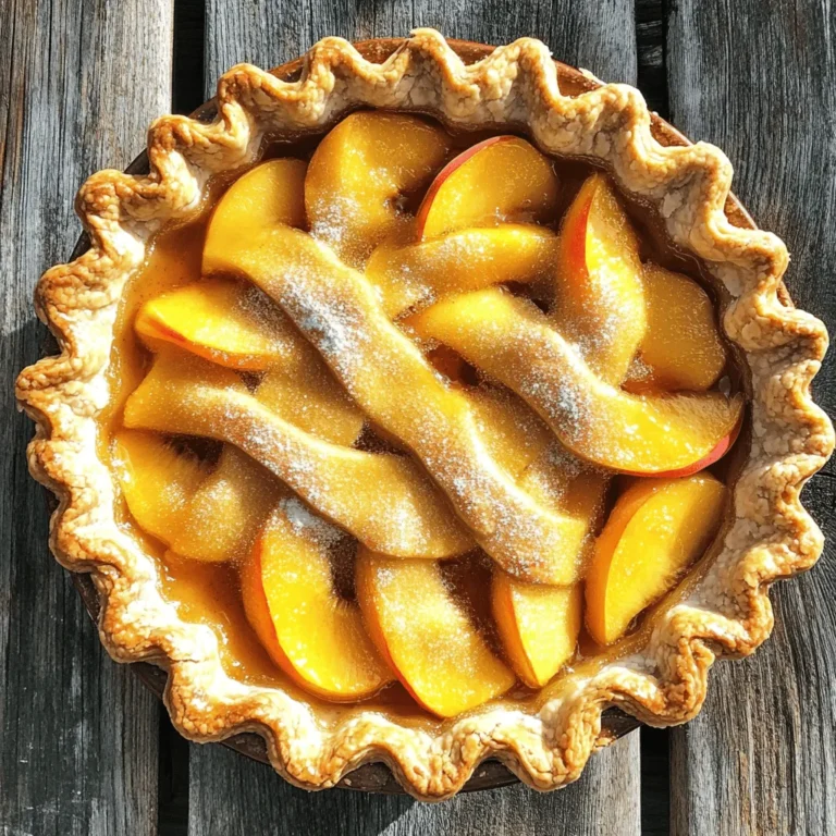 To make a classic peach pie, gather these simple ingredients: - 6-8 ripe peaches, peeled and sliced - 1 cup granulated sugar - 1/4 cup all-purpose flour - 1/4 teaspoon salt - 1 teaspoon ground cinnamon - 1 tablespoon lemon juice - 1 tablespoon butter, diced - 1 package refrigerated pie crusts (2 crusts) - 1 egg, beaten (for egg wash) These items create a sweet and warm pie that celebrates the peach's natural flavor. You can swap some ingredients if needed. Try these ideas: - Brown sugar can replace granulated sugar for a richer taste. - Cornstarch works well in place of flour to thicken the filling. - If you're out of lemon juice, use vinegar or orange juice. - For a dairy-free option, leave out the butter or use coconut oil. - Any pie crust recipe will work if you want to make your crust from scratch. Choosing the right peaches is key for a great pie. Look for these signs: - Pick peaches that are firm but yield slightly to pressure. - The color should be vibrant, with a golden hue. - Avoid bruises, soft spots, or wrinkled skin. - Smell the peach; it should have a sweet, fragrant scent. - If peaches are hard, let them ripen at room temperature for a few days. With these tips, you can find the best peaches for your classic peach pie. For the full recipe, check out the details above. Start by peeling and slicing 6 to 8 ripe peaches. Use fresh peaches for the best taste. In a large bowl, mix the sliced peaches with 1 cup of granulated sugar, 1/4 cup of all-purpose flour, 1/4 teaspoon of salt, and 1 teaspoon of ground cinnamon. Add 1 tablespoon of lemon juice to brighten the flavors. Toss gently to coat the peaches. Let this mixture sit for about 15 minutes. This allows the juices to mix and makes the filling sweeter. Roll out one of the refrigerated pie crusts. Fit it into a 9-inch pie pan. Press it down into the corners and leave some overhang. Pour the peach filling into the crust. Spread it out evenly. Dot the filling with small pieces of diced butter for richness. Roll out the second pie crust and place it over the filling. Trim any excess crust. Press the two crusts together and crimp the edges to seal. Cut small slits in the top crust for steam to escape. Preheat your oven to 425°F (220°C). Brush the top crust with a beaten egg for a golden finish. Bake the pie for 15 minutes. Then, reduce the temperature to 350°F (175°C) and bake for another 30 to 35 minutes. Look for a golden crust and bubbling filling. Once done, remove the pie from the oven. Let it cool on a wire rack for at least 2 hours before slicing. Enjoy this peachy dream pie, a perfect treat for any occasion! For the full recipe, refer to the earlier section. To create a pie crust that shines, use cold butter. Cold butter helps the crust stay flaky. You can also chill your mixing bowl and utensils. This keeps everything cool and makes mixing easy. Roll your dough on a lightly floured surface. This prevents sticking and allows for even thickness. For a crispier crust, pre-bake it for a few minutes. This trick helps the bottom stay firm. Fresh peaches are key to a great pie. Look for ripe, juicy peaches that smell sweet. You can add a splash of vanilla extract for depth. A pinch of nutmeg can also boost the flavor. Lemon juice brightens the taste and balances sweetness. Let your peach filling sit for 15 minutes. This allows the flavors to blend and juices to form. One common mistake is overfilling the pie. Leave some space for the juices to bubble. Another issue is not sealing the crust well. If it opens while baking, juices will spill out. Always cut slits in the top crust. This lets steam escape and prevents sogginess. Lastly, don’t skip cooling the pie. Cooling helps it set up, making slicing easier. Follow these tips for a delicious homemade delight. For the full recipe, check the details above. {{image_2}} You can mix things up with your peach pie. Try adding fresh blueberries for a sweet twist. Raspberries also work well, giving a tart balance. If you like spices, consider adding nutmeg or ginger to the filling. For a nutty taste, include chopped pecans or almonds. These flavors create a pie that surprises and delights your taste buds. If you need a gluten-free option, you can change the crust. Look for gluten-free pie crusts at the store. You can also make your own with almond flour or coconut flour. Use a mix of these flours with a bit of cold butter and ice water. This will create a good texture for your pie. The filling stays the same, so your peach flavor shines through. Peach pie is great, but you can use other fruits too. In summer, try nectarines or plums for a similar taste. Apples work well in the fall, adding a crisp bite. In winter, use frozen fruit when fresh is not available. Just remember to adjust the sugar based on the fruit's sweetness. Each fruit will give your pie a new and tasty spin. For the full recipe, check out the Peachy Dream Pie above. To keep your peach pie fresh, cover it tightly with plastic wrap or foil. This keeps the air out and prevents the crust from getting soggy. Store it at room temperature for up to two days. If you want to save it longer, move it to the fridge. It will stay good for about a week in there. You can freeze peach pie for later use. First, let it cool completely to avoid ice crystals. Wrap it tightly in plastic wrap and then foil. This double layer helps keep out air and moisture. You can freeze it for up to three months. When ready to eat, thaw it in the fridge overnight before reheating. To reheat your pie, preheat your oven to 350°F (175°C). Place the pie on a baking sheet. Heat it for about 20-25 minutes. This warms the filling and makes the crust crispy again. Avoid the microwave, as it can make the crust soft and chewy. Enjoy your classic peach pie warm for the best taste! You can tell the pie is done by looking at the crust. It should be golden brown. The peach filling will bubble up through the slits on top. Once you see these signs, it’s time to take it out. Let it cool for two hours. This helps the filling set. Yes, you can use canned peaches. They are a good option when fresh peaches are not in season. Drain them well and reduce the sugar in the recipe. Canned peaches are softer, so your pie may be less firm. Just be sure to adjust the cooking time. Classic peach pie pairs well with many things. Ice cream is a favorite choice. Whipped cream also adds a nice touch. For a twist, serve it with a scoop of yogurt. You can enjoy it warm or chilled, depending on your taste. We covered key ingredients and their swaps, plus tips for picking the best peaches. You learned how to make the filling, assemble the pie, and bake it right. I shared tricks for a perfect crust and boosted peach flavor as well. Don’t forget, seasonal fruits add a fun twist! Store leftovers well, freeze if needed, and reheat for a tasty treat. Now you’re ready to bake a delicious peach pie that impresses everyone. Enjoy every slice!