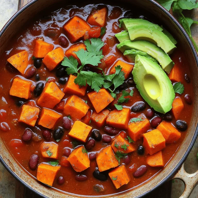 - 2 medium sweet potatoes, peeled and diced - 1 can (15 oz) black beans, drained and rinsed - 1 can (15 oz) kidney beans, drained and rinsed - 1 can (14.5 oz) diced tomatoes (with juice) - 1 medium onion, chopped - 3 cloves garlic, minced - 1 red bell pepper, diced - 1 jalapeño pepper, minced (optional for heat) - 2 cups vegetable broth - 1 tablespoon chili powder - 1 teaspoon cumin - 1 teaspoon smoked paprika - Salt and pepper to taste - 2 tablespoons olive oil - Fresh cilantro, for garnish (optional) - Avocado slices, for serving (optional) Each ingredient plays a key role in flavor and nutrition. Sweet potatoes add natural sweetness and fiber. They provide vitamins A and C, which support your immune system. Black beans and kidney beans bring protein and iron, important for energy and muscle health. Diced tomatoes add juiciness and help balance flavors while offering antioxidants. For those with allergies, you can substitute the beans with lentils or chickpeas. You can also use zucchini instead of sweet potatoes if you prefer. For a nut-free option, ensure your vegetable broth is free from nuts. In this chili, each ingredient contributes to a hearty, filling dish. You get protein, fiber, and essential vitamins. It’s a great choice for a healthy meal that warms you up inside. To dive deeper into the cooking process, check the Full Recipe. 1. Start by heating 2 tablespoons of olive oil in a large pot over medium heat. 2. Add 1 medium chopped onion and sauté it for 3-4 minutes. This helps the onion soften and release its flavor. 3. Next, add 3 cloves of minced garlic, 1 diced red bell pepper, and 1 minced jalapeño pepper if you want some heat. Cook these for another 2-3 minutes until the peppers become tender. 4. Now, stir in 2 medium diced sweet potatoes along with 1 tablespoon of chili powder, 1 teaspoon of cumin, and 1 teaspoon of smoked paprika. Add salt and pepper to taste. Cook for another 3-4 minutes to let the spices toast and coat the vegetables. 5. Pour in 1 can of diced tomatoes (with juice), 1 can of drained black beans, and 1 can of drained kidney beans. Add 2 cups of vegetable broth and mix everything well. 6. Bring the chili to a boil. Then reduce the heat to low. Cover the pot and let it simmer for about 25-30 minutes, or until the sweet potatoes are tender. 7. Taste the chili. Adjust the seasoning by adding more salt, pepper, or spices as needed. If you want a thicker chili, mash some sweet potatoes against the pot's side and stir. 8. Serve the chili hot. Top it with fresh cilantro and avocado slices if you like. - To adjust the consistency, you can add more vegetable broth to make it thinner or mash some sweet potatoes to make it thicker. - For best seasoning, always taste your dish as you cook. This way, you can balance the flavors just right. - Prep time is about 15 minutes, and total cook time is 45 minutes. - For meal prep efficiency, chop your veggies ahead of time. This way, you can quickly throw everything together when you're ready to cook. Try this Vegan Sweet Potato Chili recipe for a hearty meal! You can find the Full Recipe for more details. Adjusting spice levels To make your chili just right, taste it as you cook. If you like heat, add more jalapeño or chili powder. For a milder flavor, skip the jalapeño or cut back on spices. You can also add a bit of sugar to balance out the heat. Making it ahead of time Chili often tastes better the next day. It lets the flavors blend well. Make your chili a day ahead and store it in the fridge. Reheat it on the stovetop or in the microwave. If it thickens too much, stir in a bit of vegetable broth. Best accompaniments for Vegan Sweet Potato Chili Serve your chili with fresh bread or cornbread. A dollop of vegan sour cream adds creaminess. You can also top it with avocado slices and fresh cilantro. A side salad pairs well for a refreshing touch. Ideal serving size This recipe serves about 4-6 people. For a filling meal, plan for 1.5 to 2 cups per person. If you have leftovers, they keep well, and you can enjoy them later. Nutritional analysis of the recipe This chili is packed with fiber and protein. Sweet potatoes are rich in vitamins A and C. Beans provide protein and keep you full longer. Together, they make a balanced meal that’s great for your health. Benefits of sweet potatoes and beans in the diet Sweet potatoes are low in calories and high in nutrients. They help support eye health and boost your immune system. Beans are heart-healthy and can lower cholesterol. Together, they make this chili not just tasty but healthy, too. For more details, check out the Full Recipe. {{image_2}} You can easily change up the vegetables. Try adding zucchini, carrots, or corn. These add color and flavor. For protein, chickpeas or lentils work well too. They boost nutrition and make the chili heartier. Spices can change the game. Add a pinch of cayenne for heat or smoked paprika for depth. You could also try a dash of oregano or thyme for a fresh taste. Toppings make chili fun. Try sour cream, shredded cheese, or fresh lime juice. They add a nice zing. If you want to save time, use a slow cooker. Just follow the same steps, but cook on low for 6-8 hours. For a quick meal, the Instant Pot is a great choice. Cook the chili on high pressure for about 10 minutes, then let it naturally release. This keeps all the flavors intact. For the full recipe, check out the detailed steps above. To store leftovers safely, let the chili cool first. Then, place it in an airtight container. This keeps moisture in and bacteria out. I recommend using glass containers. They are safe for both fridge and freezer. You can also use freezer bags. Just remember to remove as much air as possible. You can reheat chili in the microwave or on the stovetop. Microwaving is quick but can sometimes change the texture. Stir the chili halfway through to heat it evenly. Stovetop reheating is better for maintaining flavor. Heat it on low and stir often. This keeps the chili creamy and delicious. Vegan sweet potato chili lasts about 4-5 days in the fridge. Always check for signs of spoilage. If you see mold or an off smell, throw it out. When stored in the freezer, it can last up to 3 months. To keep it fresh, write the date on the container. This helps you track how long it has been stored. How to make Vegan Sweet Potato Chili spicy? You can add heat by including jalapeño peppers. Just dice them and mix them in. You can also use cayenne pepper or chili flakes to boost the spice. Adjust to your taste! Can I make this chili ahead of time? Yes, this chili stores well. Make it a day before serving. The flavors will deepen and blend overnight. Just store it in the fridge in a sealed container. Is Vegan Sweet Potato Chili gluten-free? Yes, this chili is naturally gluten-free. All the ingredients used, like sweet potatoes and beans, do not contain gluten. Always check labels to be safe. Can this recipe be doubled? Absolutely! Doubling the recipe is easy. Just use twice the ingredients and a larger pot. This makes it perfect for meal prep or feeding a crowd. What to serve with Vegan Sweet Potato Chili for a complete meal? You can serve this chili with rice, cornbread, or a fresh salad. Avocado slices on top add creaminess and flavor. Fresh cilantro also brightens up the dish! Can I make this recipe oil-free? Yes, you can skip the olive oil. Use vegetable broth or water to sauté the onions and garlic. This keeps it light and still tasty! How to adapt the recipe for a low-carb diet? To make this low-carb, reduce the sweet potatoes. You can add more beans or use cauliflower instead. This keeps the chili filling without too many carbs. This blog post covered all you need to know about Vegan Sweet Potato Chili. We looked at key ingredients, cooking steps, and tips for a perfect dish. You learned how to adjust flavors and even tried different cooking methods. In the end, this chili is not just tasty; it’s good for you. Enjoy making it, sharing it, and reaping the health benefits. With all these options, you can make it just right for you and your friends. Happy cooking!