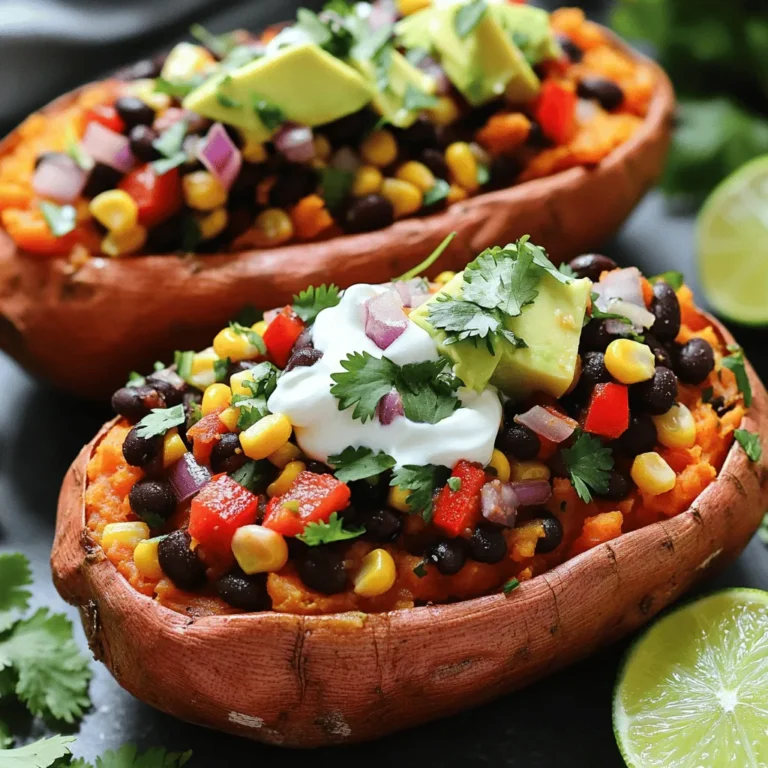 To make stuffed sweet potatoes, you need a few key items: - 4 medium sweet potatoes - 1 can (15 oz) black beans, rinsed and drained - 1 cup corn (fresh or frozen) - 1 red bell pepper, diced - 1 small red onion, diced - 2 cloves garlic, minced - 1 teaspoon cumin - 1 teaspoon smoked paprika - 1 tablespoon olive oil - Salt and pepper to taste - ½ cup Greek yogurt or avocado for topping - Fresh cilantro, chopped (for garnish) - Lime wedges (for serving) These ingredients work together to create a tasty and filling meal. You can add some fun twists to your stuffed sweet potatoes. Consider these options: - Chopped jalapeños for heat - A sprinkle of cheese for creaminess - Different types of beans like kidney or pinto - Avocado dressing for a creamy finish - Fresh spinach or kale for extra greens Feel free to mix and match these to suit your taste! Stuffed sweet potatoes are not only yummy but also healthy. Here’s a quick look: - High in fiber from sweet potatoes and black beans - Packed with vitamins A and C - Low in fat, especially if you skip cheese - A good source of protein thanks to the black beans This meal is perfect for a wholesome dinner or lunch. For the full recipe, check out the original guide. First, we need to cook the sweet potatoes. Preheat your oven to 400°F (200°C). Wash the sweet potatoes well. Next, pierce each potato with a fork several times. This step lets steam escape while baking. Place the sweet potatoes on a baking sheet. Bake them for 45-50 minutes. They should feel tender when done. While the sweet potatoes bake, we can make the filling. Heat one tablespoon of olive oil in a large skillet over medium heat. Add one diced red onion and one diced red bell pepper. Sauté for about 5 minutes until they soften. Then, add two minced garlic cloves, one teaspoon of cumin, and one teaspoon of smoked paprika. Stir well for one minute until fragrant. Now, add one can of rinsed black beans and one cup of corn. Mix everything together and cook for 5-7 minutes. This step helps the flavors blend perfectly. Once the sweet potatoes are done, let them cool slightly. Slice each one open lengthwise. Fluff the insides with a fork. Now, spoon the black bean mixture into each sweet potato. For the final touch, add a dollop of Greek yogurt or a slice of avocado on top. Garnish with chopped fresh cilantro. Serve with lime wedges on the side for a zesty kick. Enjoy your stuffed sweet potatoes with black beans! For the full recipe, check the earlier sections. To bake sweet potatoes just right, start by washing them well. Use a fork to poke holes in each potato. This lets steam escape while they cook. Place them on a baking sheet. Bake at 400°F for 45-50 minutes. They are done when a fork easily goes through. This makes them soft and sweet. For a tasty filling, use spices and fresh veggies. I love adding garlic, cumin, and smoked paprika for depth. You can also add diced tomatoes or jalapeños for some heat. Fresh herbs like cilantro brighten the dish. Mix these ingredients well for a burst of flavor in every bite. Serve your stuffed sweet potatoes with a side salad for freshness. You can also pair them with rice or quinoa for extra protein. A dollop of Greek yogurt or avocado on top adds creaminess. Squeeze fresh lime juice over the dish for a zesty kick. This meal is colorful and fun to eat. For the full recipe, check out the section above! {{image_2}} You can make this dish vegan easily. Instead of Greek yogurt, try using cashew cream. It adds a nice creaminess without any dairy. You can also use avocado, which is a great choice for healthy fat. Fresh lime juice brightens the flavors too. While black beans are tasty, you can switch things up. Try pinto beans or kidney beans for a new twist. You can also add veggies like spinach or zucchini. These options enhance the dish and add more nutrition. This recipe is flexible, so feel free to mix your favorites. If you love heat, add jalapeños or hot sauce to the filling. You might also try adding a chipotle pepper for a smoky flavor. For a savory twist, mix in some cooked quinoa or brown rice. These additions keep the meal hearty and satisfying. Explore the full recipe for more ideas and tips on making stuffed sweet potatoes! To keep your stuffed sweet potatoes fresh, store them in an airtight container. Let them cool completely before sealing. Place the container in the fridge. They will last for about three to five days. If you have leftover filling, store it separately. This keeps the sweet potatoes from getting soggy. Reheat your stuffed sweet potatoes in the oven for the best taste. Preheat the oven to 350°F (175°C). Place the sweet potatoes on a baking tray and cover with foil. Heat them for about 15 to 20 minutes. You can also use a microwave. Place one potato on a plate and cover it with a damp paper towel. Heat for about one to two minutes. Check until warm. You can freeze stuffed sweet potatoes, but it's best to freeze them before baking. Wrap each potato tightly in plastic wrap. Place them in a freezer bag, and they will last up to three months. When ready to cook, thaw them in the fridge overnight. Bake them at 400°F (200°C) for about 45 to 50 minutes. If you already baked them, let them cool before freezing. To reheat, follow the steps above. Enjoy your stuffed sweet potatoes any time! For the full recipe, check out the details in the previous section. Yes, you can! Pinto beans, kidney beans, or chickpeas work well. They add different flavors and textures. Just make sure to rinse and drain them first. Each bean brings its own charm. Feel free to mix and match based on what you have at home. You will know they are done when they feel soft. Use a fork to poke them gently. If the fork goes in easily, they are ready. The skin may also look a bit wrinkled. Baking them for 45-50 minutes at 400°F usually does the trick. Stuffed sweet potatoes shine with simple sides. A fresh salad adds crunch and color. You could also serve quinoa for a hearty touch. Grilled veggies make a great choice too. If you like, some garlic bread can pair nicely as well. Keep it easy and fun! Stuffed sweet potatoes offer a tasty and healthy meal. We covered the key ingredients and options for custom flavors. You learned how to bake sweet potatoes, make a black bean filling, and assemble your dish. I also shared tips for perfecting your meal and suggested storage methods. Remember, you can customize this dish with your favorite beans or toppings. Explore the variations to suit your taste. Enjoy creating your own stuffed sweet potatoes!