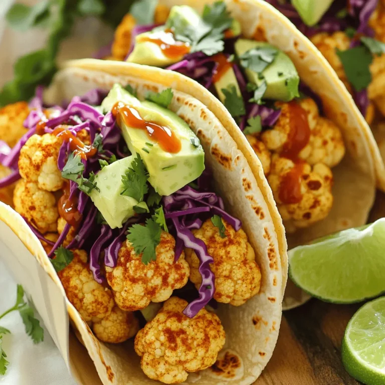- 1 large head of cauliflower, cut into florets - 2 tablespoons olive oil - 1 teaspoon smoked paprika - 1 teaspoon cumin - 1 teaspoon garlic powder - 1/2 teaspoon chili powder - Salt and pepper to taste - 8 small corn or flour tortillas - 1 cup red cabbage, finely shredded - 1 avocado, sliced - 1/2 cup fresh cilantro, chopped - 1 lime, cut into wedges - Optional: hot sauce for drizzling The base of these roasted cauliflower tacos is simple yet flavorful. The cauliflower shines here. Choose a fresh head of cauliflower. Cut it into bite-sized florets. This helps it roast evenly, creating a tender texture with a bit of crisp. Olive oil is vital for roasting. It adds flavor and helps the spices stick. Speaking of spices, smoked paprika gives a warm taste. Cumin, garlic powder, and chili powder provide depth. Don't forget to add salt and pepper. They balance the flavors nicely. For the tortillas, you can use corn or flour. Both work well, so pick what you love. The toppings add a fresh crunch. Shredded red cabbage brings color and texture. Sliced avocado adds creaminess. Fresh cilantro gives a bright touch. Finish with lime wedges for a zesty kick. If you like heat, drizzling hot sauce is a great option. This mix of ingredients creates a tasty meal. You can find the full recipe online for a complete guide. 1. First, preheat your oven to 425°F (220°C). This heat helps the cauliflower get crispy. 2. Next, get a large bowl. Toss the cauliflower florets with olive oil and spices. - Use: - 1 teaspoon smoked paprika - 1 teaspoon cumin - 1 teaspoon garlic powder - 1/2 teaspoon chili powder - Salt and pepper to taste 3. Make sure every piece of cauliflower is coated. This adds flavor and helps with roasting. 4. Now, spread the cauliflower on a baking sheet lined with parchment paper. Keep them in a single layer. 5. Roast the cauliflower for 25-30 minutes. Stir halfway through so they cook evenly. They should be tender and lightly browned. 1. While the cauliflower roasts, warm your tortillas in a dry skillet. Heat them for about 30 seconds on each side. This makes them soft and pliable. 2. Once the cauliflower is done, take a tortilla and add a generous portion of roasted cauliflower. 3. Now, add your toppings: - 1 cup finely shredded red cabbage - 1 sliced avocado - 1/2 cup chopped fresh cilantro 4. Squeeze fresh lime juice over the tacos. If you like heat, drizzle with hot sauce. 5. Serve the tacos right away with extra lime wedges on the side. For the full recipe, check the details above! To get the best texture and flavor, start with fresh cauliflower. Cut it into even florets. This helps all pieces cook at the same time. Toss the florets in olive oil and spices. I like to use smoked paprika, cumin, and garlic powder. These spices add depth to the flavor. To prevent sticking, use parchment paper on your baking sheet. This simple step keeps the cauliflower from sticking. It makes cleanup easy too! Make sure to spread the florets out in a single layer. Crowding them can lead to steaming instead of roasting. Roasted cauliflower tacos pair well with many side dishes. Try serving them with a fresh salad. A simple avocado salad can add creaminess. You can also enjoy these tacos with some chips and salsa. For drinks, consider a light beer or a refreshing agua fresca. These drinks can enhance the flavors in the tacos. A squeeze of lime on top brightens everything. For more ideas, check out the Full Recipe. {{image_2}} You can change the taste of roasted cauliflower tacos by using different spices. For a smoky flavor, try adding chipotle powder. If you like heat, cayenne pepper works well. You could also use Italian herbs like oregano and thyme to add a fresh twist. Another idea is to mix in curry powder for a unique taste. The key is to explore and find what you love. You can even create your own blend with your favorite spices. Just remember to keep the balance, so no single flavor overpowers the others. Toppings can make your tacos special and fun. Besides red cabbage, you can use shredded lettuce or spinach for a crunchy bite. Pickled onions add a tangy flavor that brightens the dish. If you love cheese, crumbled feta or cotija can enhance the richness. For a creamy touch, try a dollop of Greek yogurt or sour cream. You can also sprinkle roasted corn or black beans for extra texture and protein. Each topping can change the vibe of your taco, so feel free to mix and match. Enjoy the creative process! For the complete recipe, check out the Full Recipe. To keep your roasted cauliflower tacos fresh, place them in an airtight container. Make sure they cool down before sealing. This helps avoid sogginess. Store them in the fridge for up to three days. If you have extra toppings, store them separately. This way, your tacos stay crisp and tasty. When you are ready to enjoy your leftovers, reheating is key. I recommend using a skillet. Heat it over medium heat and add the tacos. Warm them for about 2-3 minutes on each side. This keeps the tortillas soft and the filling warm. You can also use the oven. Preheat it to 350°F (175°C). Wrap the tacos in foil and heat for about 10 minutes. This method keeps everything nice and even. Enjoy your delicious meal again! For the full recipe, check out the link above. Yes, these tacos can easily be made vegan. The main ingredients are already plant-based. The olive oil and spices add great flavor without any animal products. You can skip the optional hot sauce or choose a vegan-friendly one. To make these tacos gluten-free, use corn tortillas. They are a great choice for soft and tasty tacos. Many brands offer gluten-free options. Always check the label to ensure they fit your diet. If you want to switch out the cauliflower, try using roasted chickpeas. They add a nice texture and protein. You can also use sweet potatoes for a sweeter flavor. Just make sure to adjust cooking times for different ingredients. To boost nutrition, add leafy greens like spinach or kale. You can also include beans for extra protein. Try adding nuts or seeds for healthy fats. These additions make the dish more balanced and filling. In this post, we covered how to make delicious cauliflower tacos. You learned about the ingredients, preparation steps, and tips for roasting cauliflower. We explored variations to customize your tacos and how to store leftovers. These tacos are tasty, healthy, and easy to make. Try them out with your favorite toppings. You can modify them for your diet too. Enjoy your cooking, and don't forget to share your creations!