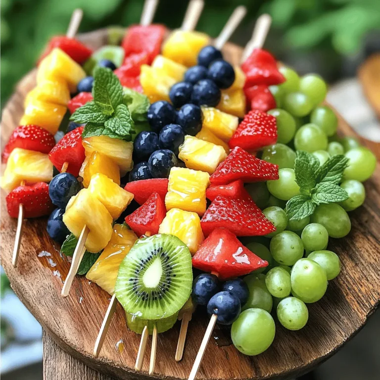 - Fresh Fruits for Kabobs: Strawberries, Pineapple, Green Grapes, Blueberries, Kiwi, Watermelon - Optional Flavor Enhancers: Honey, Lime Juice, Fresh Mint Leaves - Kitchen Tools Required: Wooden/Metal Skewers, Small Bowl Gathering the right ingredients makes all the difference. For the kabobs, I love using colorful fruits. The more colors, the better! For fresh fruits, you'll need: - 1 cup strawberries, hulled and halved - 1 cup pineapple chunks - 1 cup green grapes, halved - 1 cup blueberries - 1 cup kiwi, peeled and sliced - 1 cup seedless watermelon, cut into cubes These fruits not only taste great, but they also look beautiful together. You can add some optional flavor enhancers to make the kabobs even better. I often use: - 2 tablespoons honey - Juice of 1 lime - Fresh mint leaves for garnish (optional) These ingredients add a nice sweet and tangy touch. Lastly, you will need a few kitchen tools. Grab some: - Wooden or metal skewers - A small bowl for mixing the dressing With these ingredients and tools, you'll be ready to create a fun and tasty dessert. For the complete recipe, check out the Full Recipe section! Washing and Hulling First, wash all the fruits well under cold water. This step is important to remove any dirt or pesticides. Next, hull the strawberries by removing the green tops. Simply poke the tip of a knife into the berry, twist, and pull out the core. Cutting and Slicing Techniques Slice the kiwi into rounds. Each slice should be about half an inch thick. For watermelon, cut it into cubes. Make them about one inch in size. Halve the grapes to make them easier to skewer. This way, they stay stable on the kabob. Skewering Technique and Fruit Order Now, grab your skewers. Start with a strawberry on the skewer. Next, add a pineapple chunk. Then, place a half grape, a blueberry, a slice of kiwi, and finish with a watermelon cube. Keep this order for a colorful look. Repeat until the skewer is full, but leave space at the ends for handling. Tips on Filling the Skewers When you fill the skewers, make sure the fruits fit snugly. Avoid crowding them too closely; they should be able to move a little. This makes them look nice and prevents breaking. Use alternating colors to make each kabob pop. Drizzling Honey-Lime Dressing In a small bowl, mix honey and lime juice. Whisk until smooth. Once your kabobs are ready, drizzle this dressing over them. This adds a sweet and tangy flavor that makes the fruits shine. You can also brush it on gently using a pastry brush for an even coat. Garnishing with Mint For a finishing touch, add fresh mint leaves on top. This adds a burst of color and a fresh aroma. Place them around the kabobs or on top for a lovely presentation. Now, your rainbow fruit kabobs are ready to serve! For more tips and a complete guide, check the Full Recipe. To make tasty rainbow fruit kabobs, pick ripe fruits. Look for berries that are plump, sweet, and firm. Strawberries should be bright red with no white spots. Pineapples should smell sweet and feel slightly soft. Choose grapes that are green and crisp. For blueberries, select those that are deep blue and dry. Kiwi should be slightly soft to the touch but not mushy. Watermelon cubes should be juicy and have a vibrant pink color. Choose fruits that are in season. Seasonal fruits taste better and are often cheaper. In summer, look for berries and watermelon. In fall, apples and pears are great. Winter brings citrus fruits, like oranges and grapefruits. Spring is perfect for strawberries and kiwi. Use skewers that are long enough to hold all the fruit. A 10 to 12-inch skewer works well. Cut fruit into uniform sizes. This helps with balance. For example, cut strawberries in halves and watermelon into cubes. If you have larger pieces, try to match the size of grapes and blueberries. Arrange fruits in a colorful way. Start with a bright fruit, like a strawberry, and alternate colors. This makes the kabobs look fun and inviting. Keep the heavier fruits at the bottom. This will help them stay balanced on the skewer. For a beautiful display, use a large white plate. The colors will stand out against the white background. You can also place the kabobs in a mason jar for a fun twist. This works well for parties or picnics. Serve these kabobs at parties, barbecues, or family gatherings. They also make a great treat for kids. You can drizzle honey-lime dressing over them for extra flavor. Add fresh mint leaves on top for a pop of green. For more details, check the Full Recipe. {{image_2}} You can easily adapt rainbow fruit kabobs for various diets. If you want a vegan option, skip honey or use agave syrup. This makes the dish plant-based and still sweet. You can also make it gluten-free since all the fruits are naturally gluten-free. For different taste profiles, try swapping fruits. If you dislike grapes, use cherries instead. If you want a tropical vibe, mango is a great choice. You can mix any fruit you enjoy. This way, everyone can find a kabob they love. Adding yogurt or a chocolate drizzle can elevate your kabobs. A dollop of yogurt adds creaminess, while chocolate adds richness. Both options can make your kabobs even more fun. You can also experiment with spices. A sprinkle of cinnamon or chili powder can give a unique twist. This small addition can change the whole flavor. Don’t be afraid to try new things! Your creativity can lead to delicious surprises. For the full recipe, check out the section above to prepare your own rainbow fruit kabobs! To keep your leftover kabobs fresh, place them in an airtight container. This helps lock in moisture and flavor. I recommend refrigerating them right after serving. They stay tasty for up to two days in the fridge. If you don’t eat them quickly, the fruit may become mushy. You can prep these kabobs ahead of time for easy serving. Wash and cut the fruit a few hours before serving. Keep the pieces in a bowl with a little lime juice to prevent browning. If you want to assemble them later, store the fruit separately. Putting fruit on skewers too early can make them soggy. For the best taste, chill your kabobs in the fridge for about 10-15 minutes before serving. This makes them extra refreshing and delicious. You can find the full recipe in this article. When selecting fruits, look for bright colors and firm textures. Avoid any that show signs of bruising or wrinkles. Here are some factors to consider: - Color: Choose fruits with vibrant colors; they tend to be riper. - Firmness: Gently squeeze the fruit; it should feel firm but not hard. - Smell: Ripe fruits often have a sweet aroma. - Season: Buy fruits that are in season for the best flavor and price. Yes, you can prep these kabobs in advance. Here are some tips: - Assemble Early: You can make kabobs a few hours before serving. - Chill: Store them in the fridge to keep them fresh and cool. - Avoid Soggy Fruits: Drizzle the honey-lime dressing just before serving to prevent sogginess. You can easily swap fruits based on availability or preference. Here are some common alternatives: - Strawberries: Use raspberries or cherries instead. - Pineapple: Mango or peach can be great substitutes. - Kiwi: Try using banana or orange slices for a different taste. Absolutely! You can adapt this recipe to fit various diets. Here’s how: - Vegan: Use agave syrup instead of honey. - Low-Sugar: Skip the honey and use unsweetened yogurt for dipping. - Fruit Choices: Choose fruits that fit your diet, like berries for lower sugar. These kabobs are fun and flexible, so get creative! You can find the full recipe above to guide you. You can create fun and tasty fruit kabobs with simple steps. We covered fresh fruits, preparation, and assembly techniques. You also learned tips for selecting the best fruits and ensuring stability. Variations cater to different diets and tastes, while easy storage tips keep kabobs fresh. Embrace your creativity. Experiment with flavors and presentations. Enjoy making these delightful treats for any occasion!