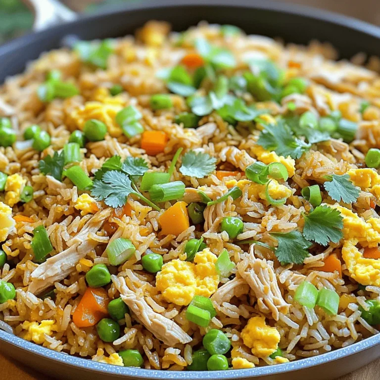 To make this dish, gather these items: - 2 cups cooked jasmine rice (preferably day-old) - 1 cup cooked chicken, shredded or diced - 1 cup mixed frozen vegetables (peas, carrots, corn) - 3 green onions, sliced - 2 eggs, beaten - 3 tablespoons soy sauce - 1 tablespoon sesame oil - 2 teaspoons garlic, minced - 1 teaspoon ginger, minced - Salt and pepper to taste - Fresh cilantro or parsley for garnish (optional) You can swap some ingredients if needed: - Use brown rice for a healthier option. - Try tofu or shrimp instead of chicken for a different protein. - Swap sesame oil with olive oil if you prefer. - Any frozen veggies work well, like bell peppers or broccoli. - For a dairy-free version, skip the eggs or use a vegan substitute. Choosing the right rice is key for great fried rice: - Use jasmine rice for a fragrant base. - Day-old rice is best; it’s drier and won’t clump. - If using fresh rice, spread it on a tray to cool. - Avoid sticky rice; it won’t fry well. - Rinse rice before cooking to remove excess starch. Now, you have all you need to start cooking your easy chicken fried rice. For the full recipe, check the instructions provided. Enjoy your cooking! To make easy chicken fried rice, start with your ingredients ready. You will need day-old rice for the best texture. First, heat a large skillet or wok on medium-high heat. Add sesame oil and let it warm up. Next, toss in the minced garlic and ginger. Stir them for 30 seconds to wake up their flavors. Then, add the mixed frozen vegetables. Cook these for about 2-3 minutes until they are warm and just tender. Now, push the veggies to one side of the skillet. Pour the beaten eggs on the other side. Scramble the eggs until they are fully cooked. Once the eggs are done, mix in the cooked chicken and jasmine rice. Make sure to combine everything well. Drizzle the soy sauce over the mixture. Stir it all together to coat the rice and chicken evenly. Add the sliced green onions, and season with salt and pepper to taste. Stir-fry for another 2-3 minutes until everything is hot and mixed well. Finally, remove from heat. If you like, garnish with fresh cilantro or parsley before serving. I recommend watching a quick video on making chicken fried rice. Seeing the steps can help you get the timing right. It's easy to follow along with visuals, and you can pick up tips from the video that may not be in the recipe. - Prep Time: 10 minutes - Total Time: 20 minutes - Cooking Time: About 10 minutes This recipe serves four. You can easily adjust it for more or less. Enjoy your tasty meal! If you're looking for the full recipe, check out the Full Recipe. To make great chicken fried rice, start with cold rice. Day-old rice works best. It stays firm and does not clump. Use a hot skillet or wok for the best results. Heat the pan before adding oil. This helps cook the food evenly. When adding ingredients, do it in stages. This gives each item time to cook well. One common mistake is using fresh rice. It can be too sticky. Another mistake is not heating the pan enough. This can lead to soggy rice. Avoid adding too much soy sauce. It can overpower the other flavors. Also, don't skip the garlic and ginger. They add great taste to the dish. You can boost flavor with a few simple tips. Try adding a splash of rice vinegar. It adds a nice tang. You can also use oyster sauce for a richer taste. Fresh herbs like cilantro brighten the dish. Squeeze a bit of lime juice on top for freshness. For a spicy kick, add some chili flakes or sriracha. This makes the dish even more exciting. For the full recipe, check out the instructions above! {{image_2}} You can boost your chicken fried rice with more veggies. Add broccoli, bell peppers, or spinach. These vegetables add color and texture. They also pack in vitamins. You can use fresh or frozen vegetables. Just chop them up small so they cook fast. Mix them in with the frozen veggies for a tasty dish. Want to spice things up? Try adding chili sauce or red pepper flakes. This gives your meal a nice kick. If you prefer milder flavors, skip the heat. You can also add a splash of lime juice for a zesty touch. Experimenting with flavors keeps your dish exciting. Each time you make it, you can try something new! Not in the mood for chicken? You can switch it up! Use shrimp, tofu, or beef instead. Each protein brings its own flavor and texture. Cook your chosen protein first, then add it to the rice. This way, everything blends well. You can even make a veggie version by leaving out the protein altogether. This keeps it light and fresh. For the full recipe, check out the [Full Recipe]. To keep your chicken fried rice fresh, transfer it to an airtight container. Let it cool first, then seal it tight. Store it in the fridge for up to three days. If you want it to last longer, consider freezing it. Just make sure to use a freezer-safe container or bag. When reheating, I find that the best method is using a skillet. Heat it on medium. Add a splash of water or a bit of oil. This helps steam the rice and keeps it moist. Stir often to avoid burning. You can also use a microwave, but add a damp paper towel on top to trap steam. To freeze chicken fried rice, portion it into freezer bags. Remove as much air as possible before sealing. Label the bags with the date. You can freeze it for up to three months. When ready to eat, thaw it overnight in the fridge. Reheat it well before serving. This keeps the flavors fresh and tasty. For the complete recipe, refer to the Full Recipe section. You can use coconut aminos or tamari as great soy sauce substitutes. These options bring a similar taste without the soy. You can also try adding a bit of vinegar for tang. If you want to get creative, mix in some broth for added flavor. You can also season with salt, pepper, and spices. This way, you get a tasty dish without soy sauce. Yes, you can use brown rice, but it will change the texture. Brown rice is chewier and takes longer to cook. Make sure it is cooked beforehand for best results. Use day-old brown rice to avoid clumping. The flavor will be nuttier compared to jasmine rice. This can add a nice twist to your chicken fried rice. Some easy sides include egg rolls, spring rolls, or a fresh salad. You can also serve it with steamed broccoli or bok choy. A simple cucumber salad adds a nice crunch too. If you want more protein, consider serving grilled shrimp or chicken skewers. These sides complement the flavors in chicken fried rice nicely. For the full recipe, check out the earlier section. This blog post guides you through making easy chicken fried rice. You learned about key ingredients, helpful substitutions, and tips for selecting rice. The step-by-step cooking instructions simplify the process. We discussed tips for perfecting your dish and avoiding common mistakes. Options for tasty variations were also shared. Finally, you discovered how to store and reheat leftovers. Now, you can create your own delicious chicken fried rice. Use the tips and tricks to make it great every time. Enjoy your cooking adventures!