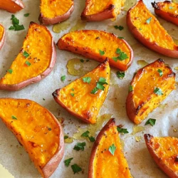 - 2 large sweet potatoes, cut into wedges - 3 tablespoons olive oil - 1 teaspoon smoked paprika - 1 teaspoon ground cinnamon - 1/2 teaspoon cayenne pepper (adjust to taste) - 1 teaspoon garlic powder - Salt and pepper to taste - 2 tablespoons honey or maple syrup - Fresh parsley, chopped (for garnish) Sweet potatoes are packed with vitamins. They have vitamin A, which is good for your eyes. They also have vitamin C, which helps your immune system. Plus, they are a good source of fiber. Each serving of these roasted sweet potato wedges has about 150 calories and 30 grams of carbs. When you eat sweet potatoes, you gain many health benefits. They help with digestion and keep your skin healthy. Sweet potatoes can also help control blood sugar. This makes them a smart choice for many diets. Using sweet potatoes instead of regular potatoes is a great way to add nutrition to your meals. I love using sweet potatoes in my cooking. They add color and flavor to any dish. For the full recipe, you can check out the details provided earlier. Enjoy making your delicious roasted sweet potato wedges! To start, preheat your oven to 425°F (220°C). This high heat helps create crispy edges. Line a baking sheet with parchment paper. This makes cleanup easy and prevents sticking. Next, grab your sweet potatoes. Use a sharp knife to cut them into wedges. Aim for pieces about 1 inch thick. This size helps them cook evenly and gives a nice texture. In a large mixing bowl, pour in 3 tablespoons of olive oil. Add 1 teaspoon of smoked paprika, 1 teaspoon of ground cinnamon, and 1/2 teaspoon of cayenne pepper. You can adjust the cayenne to control the heat. Include 1 teaspoon of garlic powder, along with salt and pepper to taste. Mix all these spices well until they form a thick paste. Now, add your sweet potato wedges to the bowl. Toss them gently in the spice mix. Make sure each wedge gets covered evenly. This step is key for great flavor. Spread the seasoned sweet potato wedges on the prepared baking sheet. Make sure they lay in a single layer. This spacing helps them roast evenly. Drizzle 2 tablespoons of honey or maple syrup over the top for a sweet glaze. Roast in the oven for 25-30 minutes. Turn the wedges halfway through cooking. This helps them brown nicely on all sides. You’ll know they are ready when they look golden brown and crispy. Let them cool for a few minutes after roasting. Garnish with chopped parsley for a fresh touch. Enjoy your roasted sweet potato wedges as a tasty treat! For the complete recipe, check out the Full Recipe. To make your sweet potato wedges crispy, follow these steps: - Cut evenly: Slice the sweet potatoes into uniform wedges. This helps them cook evenly. - Soak before cooking: Soak the wedges in water for 30 minutes. This removes excess starch, leading to a crispier result. - Use enough oil: Coat the wedges generously with olive oil. This promotes browning and crunch. - Don’t overcrowd the pan: Spread the wedges in a single layer on the baking sheet. This allows each wedge to roast properly. To avoid soggy sweet potatoes, check these tips: - Don’t skip the preheat: Always preheat your oven to 425°F (220°C) before roasting. This helps achieve that golden crust. - Turn halfway: Flip the wedges halfway through cooking. This ensures both sides get crispy. For extra flavor, try these spice variations: - Cumin: Adds a warm, earthy taste. - Chili powder: Gives a nice kick of heat. - Curry powder: Adds a unique twist and depth. For dipping sauces, consider these options: - Yogurt dip: Mix plain yogurt with herbs and lemon for a fresh taste. - Spicy mayo: Combine mayonnaise with hot sauce for a creamy, spicy dip. - Honey mustard: A sweet and tangy option that pairs well with sweet potatoes. Pair roasted sweet potato wedges with these sides or proteins: - Grilled chicken: The savory flavor of chicken complements the sweetness. - Black bean salad: A fresh, protein-packed side balances the meal. - Quinoa: This nutty grain adds texture and nutrients. For presentation, try these ideas: - Garnish with parsley: Sprinkle chopped parsley on top for a fresh look. - Serve in a basket: Use a cute basket lined with parchment paper for a rustic feel. - Add lime wedges: Serve with lime for a zesty touch. For the full recipe, refer to [Full Recipe]. {{image_2}} For fall and winter, add a touch of maple syrup. This brings a sweet and warm flavor. Pair it with spices like cumin or nutmeg for a cozy taste. You can also mix in roasted garlic for deeper flavors. In spring and summer, fresh herbs shine. Try adding rosemary or thyme for a bright twist. These herbs add a lovely aroma and freshness. If you need gluten-free options, sweet potatoes are naturally safe. You can use gluten-free spices and oils. For a vegan twist, swap honey for maple syrup. This keeps the dish sweet and plant-based. You can also use a tahini dressing for a creamy touch without dairy. Air frying is a great way to get crispy sweet potato wedges. Set your air fryer to 400°F (200°C). Cook for about 15-20 minutes, shaking the basket halfway through. This method uses less oil and cooks faster. You can also cook sweet potato wedges on the stovetop. Heat a pan with oil, then cook the wedges until golden brown. This method gives you control over the cooking time and crispiness. Feel free to explore these variations and adjustments. They can make your roasted sweet potato wedges even more enjoyable! For the complete recipe, check out the Full Recipe. After you enjoy your roasted sweet potato wedges, store any leftovers right away. For best results, place the wedges in an airtight container. This keeps them fresh and prevents them from drying out. You can store them in the fridge for up to three days. To reheat your sweet potato wedges, use an oven for the best crispiness. Preheat the oven to 400°F (200°C). Spread the wedges on a baking sheet and warm them for about 10-15 minutes. This method restores their crunch. If you need to use a microwave, place the wedges on a plate. Heat them in short bursts of 30 seconds. This will heat them through but may make them soggy. You can freeze cooked sweet potato wedges too. First, let them cool completely. Next, spread them in a single layer on a baking sheet. Freeze them for a couple of hours until firm. Then, transfer them to a freezer bag. They can last up to three months. When you're ready to eat, thaw them in the fridge overnight. Reheat them in the oven for the best results. Are sweet potatoes healthier than regular potatoes? Yes, sweet potatoes often have more fiber, vitamins, and nutrients than regular potatoes. They contain vitamin A, which helps your eyes and skin. Sweet potatoes also have a lower glycemic index. This means they raise blood sugar more slowly than regular potatoes. How do you know when sweet potatoes are cooked properly? You can tell sweet potatoes are done by checking their softness. When you poke them with a fork, they should feel tender. The edges will also be golden and crispy. Cooking times can vary, so check them after 25 minutes. Can you make roasted sweet potato wedges ahead of time? Yes, you can prepare the wedges and season them in advance. Just store the seasoned wedges in the fridge for up to a day. When ready to cook, roast them as normal. This saves time on busy days. What can I add to sweet potato wedges for extra flavor? You can try adding herbs like rosemary or thyme for a fresh taste. A sprinkle of cheese, like feta or Parmesan, can also add a nice touch. If you like heat, consider adding some chili flakes or smoked paprika. What can I use instead of olive oil? You can use any oil with a high smoke point. Good options are avocado oil or canola oil. These oils will still give the wedges a nice texture and flavor. Alternatives for honey or maple syrup in the recipe? If you want a different sweetener, try agave syrup or brown sugar. Both options will give your wedges a sweet glaze. You may adjust the amount to fit your taste. In this blog post, we explored how to make delicious roasted sweet potato wedges. We covered the key ingredients, their nutritional benefits, and a step-by-step guide to get the right texture. You learned tips for flavoring and pairing these wedges with meals. Remember, sweet potatoes are a great choice for a healthy diet. You can easily adjust the recipe to fit your tastes and diets, making it both fun and flexible. Now, grab those sweet potatoes and start roasting! Enjoy your cooking adventure!