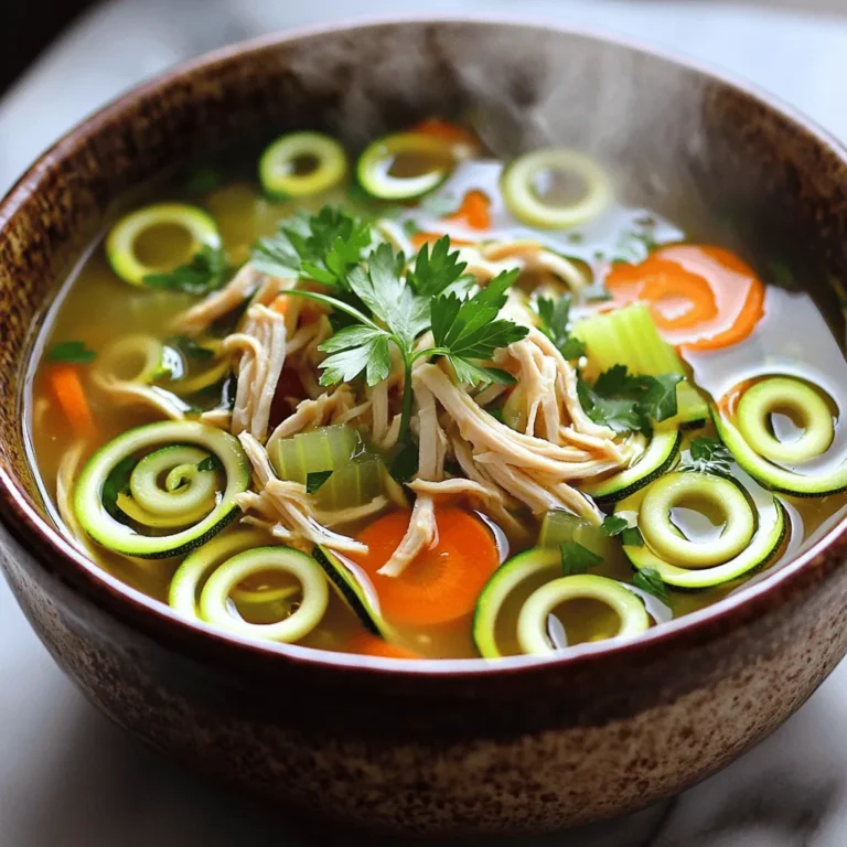For a great Chicken Zoodle Soup, you need some key items. Start with: - 1 pound boneless, skinless chicken breasts - 2 medium zucchinis, spiralized into noodles (zoodles) - 4 cups chicken broth - 1 medium onion, diced - 2 cloves garlic, minced - 2 medium carrots, sliced - 1 cup celery, sliced These ingredients form the base of your tasty soup. The chicken gives it heartiness, while the zoodles add a fun twist. Next, we need a few seasonings to enhance the flavor: - 1 teaspoon dried thyme - 1 teaspoon dried oregano - Salt and pepper to taste - 2 tablespoons olive oil The olive oil helps to sauté the veggies. Thyme and oregano bring warmth and depth to the dish. Finally, don’t forget the garnishes: - Fresh parsley, chopped (for garnish) - Optional toppings like grated cheese or avocado These additions can elevate your soup. Fresh parsley adds color and a pop of flavor, making your dish look and taste amazing. For the full recipe, check the [Full Recipe]. How to spiralize zucchini To make zoodles, start with clean zucchinis. Cut off both ends. Use a spiralizer to create thin noodles. If you don’t have a spiralizer, a vegetable peeler works too. Just peel long strips until you reach the seeds. Set the zoodles aside. They will cook quickly later. How to prepare chicken breasts Take one pound of boneless, skinless chicken breasts. Rinse them under cold water and pat them dry. Cut any excess fat away. You can season them with salt and pepper. This adds flavor before cooking. Sautéing vegetables In a large pot, heat two tablespoons of olive oil over medium heat. Add one diced onion and two minced garlic cloves. Cook until the onion is soft and clear, about three to four minutes. Then, add two sliced carrots and one cup of sliced celery. Stir them for five minutes. They should soften but not be mushy. Adding broth and chicken Now, pour in four cups of chicken broth. Bring this mixture to a boil, then lower the heat. Carefully add the prepared chicken breasts. Cover the pot and let it simmer for about twenty minutes. Check the chicken to make sure it’s cooked through. Shredding chicken After cooking, remove the chicken from the pot. Use two forks to shred it into smaller pieces. This adds a nice texture to the soup. Return the shredded chicken back into the pot. Integrating zoodles Next, stir in your spiralized zucchini. Let it simmer for three to four minutes. This helps the zoodles stay crisp. Taste the soup and adjust the seasoning if needed. Now, it’s ready to serve! For the full recipe, check out [Full Recipe]. For a richer taste, try adding a splash of lemon juice. It brightens the soup and balances the flavors. Fresh herbs, like basil or dill, add depth, too. Adjust salt and pepper to your liking. Taste as you go, and don't be shy about tweaking the spices. This keeps the broth flavorful. To avoid mushy zoodles, add them last. They only need a few minutes to cook. If you spiralize them too early, they can get soggy. When cooking chicken, use medium heat for even cooking. This helps keep it juicy and tender. Shred it after cooking for a nice texture. For sides, serve the soup with crusty bread or a fresh salad. A light side balances the meal well. To present the soup, use a bowl with a fun shape. Top with fresh parsley for pop and color. This makes your soup look as good as it tastes. For the full recipe, check the main article above. {{image_2}} You can change up your chicken zoodle soup to fit your taste. One fun way is to add different veggies. Try sliced bell peppers or chopped kale. These add great flavor and color. You can also use spiralized butternut squash instead of zucchini. It gives a sweet taste and pairs well with the broth. If you want to switch proteins, there are many options. You can use turkey or even cooked shrimp. For a vegetarian version, try chickpeas or tofu. These options keep the dish hearty while fitting your diet needs. To make the soup even better, you can add spices or herbs. A pinch of red pepper flakes gives it a kick. Fresh herbs like basil or cilantro add a fresh twist. You can also include optional tangy ingredients like lemon juice or lime juice. These brighten up the soup and give it a nice zing. For the full recipe, check out [Full Recipe]. To store leftovers, let the soup cool down first. Place the soup in an airtight container. This helps keep it fresh. Use a container that’s easy to seal. Glass containers work great. They don’t stain and are easy to clean. If you have any soup left, it can stay in the fridge for up to three days. You can freeze chicken zoodle soup for later enjoyment. Use a freezer-safe container to prevent freezer burn. Make sure to leave some space at the top. The soup will expand as it freezes. When you want to enjoy it, move it to the fridge to thaw overnight. Reheat the soup on low heat. Add a splash of broth if it seems too thick. Chicken zoodle soup lasts for about three days in the fridge. After that, it may not taste as good. Signs of spoilage include a sour smell or strange color. If you see any mold, throw it away. Always trust your senses when checking for freshness. Can I make Chicken Zoodle Soup ahead of time? Yes, you can make this soup ahead of time. Just store it in the fridge. The flavors will blend well. However, I suggest adding the zoodles just before serving. This keeps them fresh and firm. Can I use frozen zucchini noodles? You can use frozen zucchini noodles. They save time and are handy. Just remember to thaw them first. Add them near the end of cooking to avoid mushiness. Is Chicken Zoodle Soup healthy? Yes, Chicken Zoodle Soup is quite healthy. It uses lean chicken and lots of veggies. Zoodles replace pasta, making it lower in carbs. This soup is rich in vitamins and minerals. What is the calorie count? The calorie count for one serving is about 200 calories. This can vary based on the ingredients you use. It’s a great meal option if you watch your calories. Can I cook zoodles in the soup too long? Yes, if you cook zoodles too long, they get mushy. I recommend simmering them for just 3-4 minutes. This keeps them tender yet firm, which is key for great texture. What is the best broth for flavor? A good quality chicken broth works best. If you want more flavor, try homemade broth. You can also use low-sodium broth to control the salt. Making Chicken Zoodle Soup is simple and fun. We covered the main ingredients like chicken and zucchini. You learned how to prepare and cook everything, plus tips to boost flavor. I shared variations for different diets and how to store leftovers. This dish is not just healthy; it’s flavorful and versatile. Get creative and enjoy your cooking adventure. You now have the tools to make a delicious meal for anyone. Enjoy every bite!