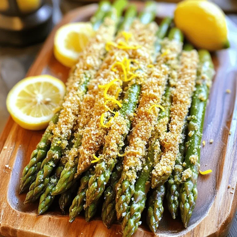 - 1 pound fresh asparagus, trimmed - 1 cup panko breadcrumbs - ½ cup grated Parmesan cheese - 2 large eggs - 2 tablespoons lemon zest - 1 tablespoon lemon juice - 1 teaspoon garlic powder - ½ teaspoon salt - ¼ teaspoon black pepper - Olive oil spray - Baking sheet - Parchment paper - Shallow bowls - Whisk - Prep Time: 10 minutes - Cook Time: 20 minutes - Servings: 4 servings When you gather your ingredients, make sure to choose fresh asparagus. It should look bright green and firm. The panko breadcrumbs give a nice crunch. Parmesan adds a rich flavor. The eggs help the coating stick well. For tools, a baking sheet is a must. Parchment paper saves you from scrubbing later. Shallow bowls help with easy dipping. A whisk makes mixing simple and fast. You can whip this dish up in just 10 minutes! After 20 minutes in the oven, you’ll have a tasty side for four people. This is a great way to enjoy veggies in a fun way. Check out the Full Recipe for more details on how to make this dish shine! - Set the oven to 425°F (220°C). - Line a baking sheet with parchment paper. - Whisk together eggs, lemon juice, salt, pepper, and garlic powder. - Mix panko breadcrumbs, grated Parmesan, and lemon zest in a bowl. - Dip each asparagus spear in the egg mixture. Let any excess drip off. - Roll the dipped asparagus in the panko mixture. Press gently to stick. - Place the coated asparagus on the baking sheet. Spray lightly with olive oil. - Bake for 15-20 minutes until crispy and golden brown. Enjoy this Crispy Lemon Parmesan Asparagus as a delightful side dish or snack. For the full recipe, check out the details above! To get the best crunch, use fresh panko breadcrumbs. They provide a light and airy texture. If you like a little heat, add a dash of cayenne pepper to the panko. This adds a nice kick to the dish. You can experiment with different cheeses. Asiago or Pecorino can enhance the taste. Fresh herbs like parsley or basil make a great garnish. They add color and freshness. You can also serve it with a tasty dip, like ranch or garlic sauce, to elevate the flavor. Crispy lemon parmesan asparagus pairs well with lemon wedges. They add brightness and zing. You can also serve it with a dipping sauce for extra fun. This dish shines alongside grilled meats or as a stand-alone appetizer. It works great for parties and family meals alike. For the full recipe, check the section above. {{image_2}} If you want a vegetarian version, swap out the Parmesan cheese for a plant-based cheese. Many brands offer great-tasting options. This change keeps the dish creamy and flavorful, making it perfect for all diets. I love using cashew-based cheese or nutritional yeast for a cheesy taste without dairy. They both melt well and add a nice flavor boost. You can cook Crispy Lemon Parmesan Asparagus in an air fryer for a quicker result. Preheat your air fryer to 400°F (200°C). Follow the coating steps from the oven method. Instead of baking, place the coated asparagus in the air fryer basket. Cook for about 10-12 minutes. Check halfway through and shake the basket for even cooking. You'll get crispy spears in no time! If you like some heat, add red pepper flakes or sriracha to the coating mixture. Mix in about a teaspoon of red pepper flakes with the panko and cheese. For sriracha, brush it on the asparagus before coating. This spicy twist gives the dish an exciting kick that I know you'll enjoy. Store leftovers in an airtight container in the fridge. This keeps them fresh for up to three days. Be sure to let the asparagus cool before sealing. The best way to reheat is in the oven. This keeps the asparagus crispy. Preheat the oven to 350°F (175°C). Place the asparagus on a baking sheet and heat for about 10 minutes. You can use a microwave, but this may soften the texture. You can freeze the asparagus before baking. Place each coated spear on a baking sheet and freeze for an hour. Once firm, transfer them to an airtight container or freezer bag. Use parchment paper to separate layers to avoid sticking. They can stay in the freezer for up to three months. When ready to bake, cook them directly from frozen, adding a few extra minutes to the baking time. Yes, but the texture may not be as crispy. Panko is preferred for crunch. Regular breadcrumbs can make the dish softer. For that perfect bite, stick with panko. Substitute panko with gluten-free breadcrumbs. Ensure all other ingredients are gluten-free. This way, you keep the same great taste. Just check labels to be safe. It pairs well with grilled chicken, fish, or as a side dish to any meal. You can also enjoy it on its own as a snack. The bright flavors shine alongside rich mains. Yes, you can coat the asparagus ahead of time and bake just before serving for freshness. This saves time when hosting. Just keep the coated asparagus in the fridge until you’re ready to cook. Look for a golden-brown coating and tender asparagus spears. The crunch is key! If the coating looks crispy and the asparagus feels soft, you’re ready to serve. This blog post showed how to make Crispy Lemon Parmesan Asparagus in a few simple steps. We covered the ingredients, cooking tools, prep time, and exact cooking instructions. You learned tips for extra crispiness and flavor, along with variations and storage advice. Enjoying this dish can elevate your meals. Try different cheeses or spices to make it your own. Now, you’re set to impress family and friends with this tasty recipe. Happy cooking!