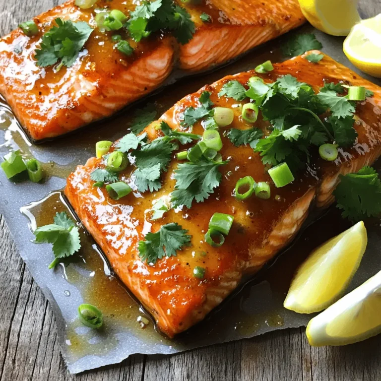 To make Honey Garlic Glazed Salmon, you need these simple items: - 4 salmon fillets (6 oz each) - 1/4 cup honey - 2 tablespoons soy sauce (low sodium preferred) - 3 cloves garlic, minced - 1 tablespoon fresh ginger, grated - 1 tablespoon sesame oil - 1 teaspoon red pepper flakes (optional for spice) - Salt and pepper to taste - Fresh cilantro or green onions for garnish - Lemon wedges for serving You can swap some ingredients if needed. Here are a few ideas: - Use maple syrup instead of honey for a vegan option. - Swap soy sauce with coconut aminos for a gluten-free choice. - You can skip the red pepper flakes if you do not like spice. - For a twist, try using lime juice instead of lemon juice. Choosing the right salmon is key for great taste. Here are my tips: - Look for bright, vibrant color. Fresh salmon should not look dull. - Check for firm flesh. It should spring back when pressed. - Smell the fish. Fresh salmon should have a mild scent, not fishy. - Ask your fishmonger about the source. Wild-caught salmon often tastes better. - Avoid salmon with brown spots or dry edges. These are signs of age. To start, gather your ingredients. You need honey, soy sauce, minced garlic, grated ginger, and sesame oil. Combine these in a small bowl. Whisk them together well. This mix creates a sweet and savory flavor. If you like spice, add red pepper flakes. This adds a nice kick to your dish. Next, season your salmon fillets. Use salt and pepper on both sides. Heat a large skillet on medium-high heat. Add a splash of oil to the pan. Once hot, place the salmon skin-side down. Cook it for about 4-5 minutes. This will give it a nice golden crust. Carefully flip the salmon. Pour your honey garlic mixture over it. Lower the heat to medium. Cook for another 4-6 minutes. Spoon the sauce over the salmon while it cooks. Your salmon should look opaque and flake easily with a fork. Remove the skillet from the heat. Let the salmon rest for a minute. This helps the flavors settle. For garnish, use fresh cilantro or green onions. Thinly slice them for a nice touch. Serve the salmon with lemon wedges on the side. This adds a refreshing zest. For the full recipe, check the section above. To make your salmon shine, I recommend pan-searing it. This method gives the fish a nice crust. Heat your skillet to medium-high before adding the salmon. Place the fillets skin-side down for the best results. This helps the skin get crispy while keeping the fish moist. You can also bake the salmon. Preheat your oven to 400°F (200°C). Place the fillets on a lined baking sheet. Bake for 12-15 minutes or until the salmon is tender and flakes easily. Both methods work well, but pan-searing gives you that lovely crispy skin. Getting the glaze just right is key. Start by mixing honey, soy sauce, garlic, ginger, and sesame oil. Whisk these together until they blend well. The honey adds sweetness while the soy sauce gives depth. When cooking, pour the glaze over the salmon after flipping. This lets the fish soak up all those tasty flavors. Make sure to spoon the sauce over the fillets as they cook. This step helps create a sticky, caramelized finish, which is what you want. One common mistake is overcooking the salmon. This can lead to dry fish. To prevent this, keep an eye on the cooking time. Salmon cooks quickly, so check for doneness after 4-5 minutes. The fish should be opaque and flake easily with a fork. Another mistake is not seasoning enough. A little salt and pepper go a long way. Season your fillets before cooking to enhance the flavor. Finally, don’t skip the resting time after cooking. Letting the salmon rest for a minute helps the juices redistribute, making it even tastier. For the full recipe, check out the details above. {{image_2}} You can make the dish spicy by adding red pepper flakes. This small change adds heat. Start with one teaspoon, then taste. If you want more spice, add more flakes. You can also add sriracha or chili paste for extra depth. The sweetness of honey balances the heat. This spicy version will excite your taste buds. Adding vegetables makes this dish even better. You can use broccoli, bell peppers, or snap peas. Toss the veggies in the honey garlic sauce. Cook them in the same pan as the salmon. This way, they soak up the sauce's flavor. Plus, it adds color and nutrition to your meal. Try to cook them until they are tender but still crisp. This recipe works well with other proteins too. Chicken breasts or thighs are a great option. Just adjust the cooking time to ensure they are fully cooked. Tofu is ideal for a plant-based option. Press and cube the tofu, then follow the same steps. The sauce will give it a delicious flavor. Each option allows you to enjoy the honey garlic taste in different ways. For the full recipe, check the earlier section. To keep leftover salmon fresh, place it in an airtight container. Make sure the salmon cools to room temperature first. You can store it in the fridge for up to three days. Cover it tightly to prevent it from drying out. Label the container with the date for easy tracking. When you’re ready to eat, reheat the salmon gently. Preheat your oven to 275°F (135°C). Place the salmon on a baking sheet and cover it with foil. Heat for about 15 minutes or until warm. You can also reheat it in the microwave. Use a low power setting to avoid overcooking. Heat in short bursts, checking often. If you want to freeze your honey garlic glazed salmon, wrap it well. Use plastic wrap or aluminum foil, then place it in a freezer-safe bag. Be sure to squeeze out as much air as possible. You can freeze the salmon for up to three months. When you’re ready to use it, thaw it overnight in the fridge before reheating. This keeps the texture nice. Enjoy your honey garlic glazed salmon later! Don't forget to check the Full Recipe for more details. You can tell salmon is done when it turns opaque and flakes easily with a fork. Use a food thermometer if you want to be precise. The internal temperature should reach 145°F. If you don't have a thermometer, look for a pale pink color with no raw spots. Yes, you can use frozen salmon. Thaw it in the fridge overnight or run it under cold water. Pat it dry before seasoning. This helps the glaze stick better. The cooking time may be slightly longer, so keep an eye on it. To make a low-sugar version, try using less honey or a sugar substitute. You can use maple syrup or agave syrup instead. Adjust the soy sauce to keep the flavor balanced. Many side dishes go well with this salmon. Here are some ideas: - Steamed broccoli - Garlic mashed potatoes - Quinoa salad - Roasted asparagus - Rice pilaf These sides complement the sweet and savory flavors of the dish. Try different combinations to find your favorite! This honey garlic glazed salmon recipe is simple and full of flavor. Let’s dive right into the details. - 4 salmon fillets (6 oz each) - 1/4 cup honey - 2 tablespoons soy sauce (low sodium preferred) - 3 cloves garlic, minced - 1 tablespoon fresh ginger, grated - 1 tablespoon sesame oil - 1 teaspoon red pepper flakes (optional for spice) - Salt and pepper to taste - Fresh cilantro or green onions for garnish - Lemon wedges for serving 1. In a small bowl, whisk honey, soy sauce, minced garlic, grated ginger, sesame oil, and red pepper flakes. Mix until well combined. 2. Season the salmon fillets with salt and pepper on both sides. 3. Heat a large skillet over medium-high heat. Add a splash of oil. Once hot, place the salmon fillets skin-side down in the skillet. 4. Cook the salmon for about 4-5 minutes. This helps it sear and get a golden crust. 5. Gently flip the salmon fillets. Pour the honey garlic mixture over the top. Lower heat to medium and cook for 4-6 more minutes. Spoon the sauce over the salmon as it cooks. The salmon should be opaque and flake easily with a fork. 6. Remove the skillet from heat and let the salmon rest for a minute. 7. Garnish with fresh cilantro or thinly sliced green onions. Serve with lemon wedges on the side. This recipe takes only 10 minutes to prep and 20 minutes total. It serves four people, making it perfect for a family dinner. Enjoy this tasty dish and impress your family or friends! In this article, we covered how to cook Honey Garlic Glazed Salmon. We talked about choosing ingredients, making a marinade, and cooking the salmon right. I shared tips for the best cooking methods and common mistakes to avoid. Variations let you get creative with flavors. Plus, you learned how to store leftovers and reheat them well. Remember, cooking is fun. Enjoy trying new salmon dishes and impressing your friends!