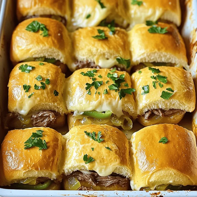 To make Easy Philly Cheesesteak Sliders, you need a few key ingredients. Here’s a list of what you will need: - 12 slider rolls - 1 pound thinly sliced beef (ribeye or sirloin) - 1 medium onion, thinly sliced - 1 green bell pepper, thinly sliced - 2 cups shredded provolone cheese - 3 tablespoons olive oil - 2 tablespoons Worcestershire sauce - 1 teaspoon garlic powder - Salt and pepper to taste - Optional: Fresh parsley for garnish Gathering the right ingredients is crucial for great flavor. Choose fresh items for the best results. The beef can make or break your sliders, so opt for ribeye or sirloin. These cuts are tender and full of flavor. Onions and bell peppers give a sweet and savory mix. Provolone cheese melts beautifully, adding creaminess to each bite. Olive oil adds richness, while Worcestershire sauce brings depth to the beef. You can adjust seasonings to suit your taste. If you love a little kick, add some black pepper. And don’t forget about the garnish! Fresh parsley can brighten up your dish. With these essential ingredients, you're ready to create a delicious meal. For the full recipe, follow the instructions to make these sliders come to life! - Preheat the oven to 350°F (175°C). - Prepare the baking dish by greasing it lightly. - In a large skillet, heat the olive oil on medium-high. - Add the sliced onion and bell peppers. Sauté for 5-7 minutes until soft. - Push the veggies to the side and add the thinly sliced beef. - Season with salt, pepper, and garlic powder. Cook for 3-4 minutes. - Break up the meat with a spatula until browned. - Stir in the Worcestershire sauce and mix well. Remove from heat. - Slice the slider rolls in half. Place the bottom halves in the greased dish. - Evenly spread the beef and veggie mix on the bottom rolls. - Layer the shredded provolone cheese on top of the beef. - Place the top halves of the rolls over the cheese. - Lightly brush the tops with olive oil or melted butter. - Cover the dish with aluminum foil. Bake for 15 minutes. - Remove the foil and bake for an additional 5-10 minutes. - Look for melted cheese and golden brown tops. - Let cool for a couple of minutes before slicing. - Serve warm and enjoy your sliders! For the complete details, check the Full Recipe. To make the best Philly cheesesteak sliders, start with the right beef. I recommend using ribeye or sirloin. These cuts have great flavor and tenderness. Slicing the beef thinly helps it cook quickly and stay juicy. For melting cheese, use provolone. It melts smoothly and adds a creamy touch. Layer the cheese on top of the beef while it’s hot. This helps it melt evenly and gives that classic cheesesteak vibe. Want some heat? Add jalapeños to your filling. They bring a nice kick to the dish. Also, try different cheeses. Swiss and Cheddar can add unique flavors that stand out. Mixing cheese types can create a fun taste experience. Serve your sliders with tasty dips. Marinara or ranch dressing works really well. They add extra flavor and fun when eating. Pair the sliders with sides like fries or coleslaw. These add crunch and balance the meal. For the full recipe, check out the complete guide above. {{image_2}} For a tasty twist, you can make vegetarian sliders. Use mushrooms as the main filling. They add a meaty texture and rich flavor. You can also add other vegetables, like zucchini or spinach. This option keeps all the fun without meat. You can switch up the bread. Try using hoagie rolls instead of slider rolls. They hold more filling and can add a new taste. If you want a lighter dish, you can use chicken. Thinly sliced chicken breast works well. Just season it like you would the beef. To make your sliders even better, think about new seasonings. Add spices like paprika or cumin for a kick. You can also try different sauces. A bit of hot sauce or barbecue sauce can change the flavor. For gourmet toppings, sautéed mushrooms or caramelized onions are great choices. They add depth and richness to your sliders. To store leftovers in the fridge, let the sliders cool first. Place them in an airtight container. You can also use plastic wrap for single sliders. This keeps them fresh and prevents drying out. I recommend using glass containers for the best results. They help keep the flavors strong. Freezing sliders is easy. Wrap each slider in plastic wrap. Then, place them in a freezer bag. Make sure to squeeze out the air before sealing. For reheating frozen sliders, let them thaw in the fridge overnight. You can then heat them in the oven at 350°F (175°C) for about 10-15 minutes. This warms the sliders evenly without making them soggy. In the fridge, sliders last about 3 to 4 days. Always check for signs of spoilage. If the sliders smell bad, or if they look off, it’s best to throw them away. Keeping an eye out for mold is also important. Trust your senses to keep your meals safe! Philly cheesesteak sliders are small sandwiches. They usually have thinly sliced beef, onions, and bell peppers. Provolone cheese melts over the top, making them rich and tasty. These sliders are a fun, easy twist on the classic Philly cheesesteak. To reheat leftover sliders, use the oven. Preheat it to 350°F (175°C). Wrap the sliders in foil to keep them moist. Bake for about 10-15 minutes. You can also use a microwave, but this may make the bread chewy. Yes, you can make these sliders ahead of time. Prepare the beef and veggie mix earlier in the day. Store it in the fridge. When ready to serve, assemble the sliders and bake them fresh. This keeps them warm and tasty. Yes, there are gluten-free options. Look for gluten-free slider rolls in stores. You can also use lettuce wraps if you want a low-carb choice. These alternatives keep the sliders delicious and friendly for everyone. Many dips pair well with Philly cheesesteak sliders. Popular options include marinara sauce and ranch dressing. You can also serve them with creamy cheese sauce. Each dip adds a new layer of flavor to your sliders. Check out the Full Recipe for more serving ideas! These sliders are easy to make and delicious to eat. You learned about the key ingredients and how to prepare them step by step. I shared tips to make your sliders perfect and even offered variations to try. Remember, you can store leftovers easily or make them ahead of time for guests. Enjoy customizing and sharing these tasty treats! With simple steps and fun twists, these Philly Cheesesteak Sliders will impress everyone. Happy cooking!