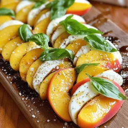 - 3 ripe peaches, sliced - 8 oz fresh mozzarella, sliced - 8 oz fresh mozzarella, sliced - 1 cup fresh basil leaves - 3 tablespoons balsamic glaze - 2 tablespoons extra virgin olive oil - Sea salt to taste - Freshly cracked black pepper to taste For my Summer Peach Caprese Salad, I focus on fresh, ripe peaches. They bring sweetness and juice. Choose peaches that feel soft but not too mushy. Their bright yellow color means they are ready to enjoy. Next, I pick juicy tomatoes. While I did not list them in the recipe, you can add them for extra flavor. They add a nice touch of acidity that pairs well with the sweetness of peaches. For the dairy, I love fresh mozzarella. It has a creamy texture that complements the peaches. Look for mozzarella packed in water. It tastes fresher and is softer than the dry kind. When it comes to herbs and condiments, fresh basil leaves are a must. Their aroma and taste brighten the salad. I also recommend balsamic glaze for a sweet and tangy touch. Extra virgin olive oil adds richness, while sea salt and black pepper enhance all the flavors. This salad is all about balance. Each ingredient plays a key role. You can find the full recipe above to make this vibrant dish at home. First, wash your peaches under cool water. This helps remove any dirt. Next, slice the peaches into wedges and take out the pit. Aim for about six slices per peach. Now, slice the fresh mozzarella into rounds. Each slice should match the size of the peach slices. On a large serving platter, alternate the peach and mozzarella slices. You can create a circle or a straight line. Make it look pretty! Then, tuck fresh basil leaves between the peach and mozzarella. This adds color and a nice taste to the salad. Now, drizzle the extra virgin olive oil evenly over the salad. This adds richness. Next, drizzle the balsamic glaze on top for a sweet touch. Finally, season with a pinch of sea salt and freshly cracked black pepper. Let the salad rest for about 10 minutes before serving. This helps the flavors mix well. For the full recipe, check out the [Full Recipe]. Choosing the ripest peaches is key. Look for peaches that are slightly soft to the touch. They should smell sweet and fruity. This ensures they are juicy and flavorful. Balancing flavors with herbs is also important. Fresh basil adds a lovely aroma and taste. You can even try mint for a twist. Serve the salad on a rustic wooden board or a simple white platter. This makes the colors pop and looks appealing. Garnishing with extra basil adds a fresh touch. Just a few leaves on top can brighten the dish. Allowing flavors to meld is crucial. After mixing, let the salad rest for about 10 minutes. This time lets the juices combine. The result is a more flavorful and delicious dish. Enjoy your Summer Peach Caprese Salad right after this! For the full recipe, check the link above. {{image_2}} You can make this salad even better by adding other fruits. Try using ripe nectarines for a sweet twist. You can also mix in fresh berries like blueberries or strawberries. They add color and flavor. If you want more protein, grilled chicken or shrimp is a great choice. Just slice them thin and place them on top. Switching up the dressing can change the whole taste. Instead of balsamic glaze, use red wine vinegar. It gives a sharp flavor that balances the sweetness of the peaches. You can also try flavored olive oils. Look for options like garlic or lemon-infused oils. They add a unique touch to your salad. If you want a vegan or dairy-free option, swap out the mozzarella. Use a plant-based cheese or just skip it. The salad will still taste great with the peaches and basil. You can also use a tofu-based dressing for added creaminess without dairy. This keeps the salad fresh and light while meeting dietary needs. For the full recipe, check out the detailed instructions above. After enjoying your Summer Peach Caprese Salad, store any leftovers in the fridge. Use an airtight container to keep the salad fresh. This helps to stop moisture from ruining the flavors. The salad lasts about two days in the fridge. To maintain freshness and avoid sogginess, keep the components separate if you can. Store the peaches, mozzarella, and basil in separate containers. Only mix them when you are ready to eat. A little squeeze of lemon juice on the peaches can help them stay fresh longer. You can reuse the salad in other meals. Try adding it to a sandwich for a tasty lunch. Mix it with some cooked pasta for a quick dinner. You can even chop it up and use it as a topping for grilled chicken or fish. This way, the vibrant flavors shine in new ways! For the full recipe, check out the sections above. To pick the best peaches, look for these tips: - Color: Choose peaches with a rich, golden hue. - Feel: Gently press the peach; it should yield slightly. - Smell: A sweet scent means it’s ripe and ready. - Shape: Look for a round, plump shape without wrinkles. These signs show that your peaches are ready for a delicious salad. Using ripe peaches enhances flavor and sweetness. They make your Summer Peach Caprese Salad truly shine! Yes, you can prep some parts ahead! Here’s how: - Peach Prep: Slice the peaches a few hours before serving. - Storage: Use lemon juice to keep them from browning. - Assembly: Wait to add mozzarella and basil until serving. This keeps the salad fresh and bright. The flavors blend better when you assemble it just before eating. Enjoy the best taste possible! Pairing dishes can elevate your meal. Here are some great options: - Grilled Chicken: Adds protein and a smoky flavor. - Crusty Bread: Perfect for soaking up the juices. - Pasta Salad: A light side that complements the Caprese. These pairings bring out the freshness of your salad. They create a well-rounded dining experience that everyone will love! This blog post highlighted key ingredients, steps, and tips for a great salad. Fresh peaches and mozzarella create a tasty mix. Adding herbs like basil makes flavors pop. Don't forget to drizzle olive oil and balsamic glaze for extra flair. In the end, feel free to tweak the recipe. Add fruits or proteins that you love. Remember, fresh ingredients matter for the best taste. Enjoy creating your delicious salad masterpiece!