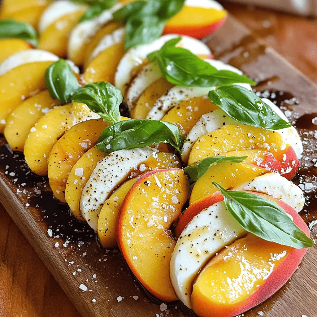 - 3 ripe peaches, sliced - 8 oz fresh mozzarella, sliced - 8 oz fresh mozzarella, sliced - 1 cup fresh basil leaves - 3 tablespoons balsamic glaze - 2 tablespoons extra virgin olive oil - Sea salt to taste - Freshly cracked black pepper to taste For my Summer Peach Caprese Salad, I focus on fresh, ripe peaches. They bring sweetness and juice. Choose peaches that feel soft but not too mushy. Their bright yellow color means they are ready to enjoy. Next, I pick juicy tomatoes. While I did not list them in the recipe, you can add them for extra flavor. They add a nice touch of acidity that pairs well with the sweetness of peaches. For the dairy, I love fresh mozzarella. It has a creamy texture that complements the peaches. Look for mozzarella packed in water. It tastes fresher and is softer than the dry kind. When it comes to herbs and condiments, fresh basil leaves are a must. Their aroma and taste brighten the salad. I also recommend balsamic glaze for a sweet and tangy touch. Extra virgin olive oil adds richness, while sea salt and black pepper enhance all the flavors. This salad is all about balance. Each ingredient plays a key role. You can find the full recipe above to make this vibrant dish at home. First, wash your peaches under cool water. This helps remove any dirt. Next, slice the peaches into wedges and take out the pit. Aim for about six slices per peach. Now, slice the fresh mozzarella into rounds. Each slice should match the size of the peach slices. On a large serving platter, alternate the peach and mozzarella slices. You can create a circle or a straight line. Make it look pretty! Then, tuck fresh basil leaves between the peach and mozzarella. This adds color and a nice taste to the salad. Now, drizzle the extra virgin olive oil evenly over the salad. This adds richness. Next, drizzle the balsamic glaze on top for a sweet touch. Finally, season with a pinch of sea salt and freshly cracked black pepper. Let the salad rest for about 10 minutes before serving. This helps the flavors mix well. For the full recipe, check out the [Full Recipe]. Choosing the ripest peaches is key. Look for peaches that are slightly soft to the touch. They should smell sweet and fruity. This ensures they are juicy and flavorful. Balancing flavors with herbs is also important. Fresh basil adds a lovely aroma and taste. You can even try mint for a twist. Serve the salad on a rustic wooden board or a simple white platter. This makes the colors pop and looks appealing. Garnishing with extra basil adds a fresh touch. Just a few leaves on top can brighten the dish. Allowing flavors to meld is crucial. After mixing, let the salad rest for about 10 minutes. This time lets the juices combine. The result is a more flavorful and delicious dish. Enjoy your Summer Peach Caprese Salad right after this! For the full recipe, check the link above. {{image_2}} You can make this salad even better by adding other fruits. Try using ripe nectarines for a sweet twist. You can also mix in fresh berries like blueberries or strawberries. They add color and flavor. If you want more protein, grilled chicken or shrimp is a great choice. Just slice them thin and place them on top. Switching up the dressing can change the whole taste. Instead of balsamic glaze, use red wine vinegar. It gives a sharp flavor that balances the sweetness of the peaches. You can also try flavored olive oils. Look for options like garlic or lemon-infused oils. They add a unique touch to your salad. If you want a vegan or dairy-free option, swap out the mozzarella. Use a plant-based cheese or just skip it. The salad will still taste great with the peaches and basil. You can also use a tofu-based dressing for added creaminess without dairy. This keeps the salad fresh and light while meeting dietary needs. For the full recipe, check out the detailed instructions above. After enjoying your Summer Peach Caprese Salad, store any leftovers in the fridge. Use an airtight container to keep the salad fresh. This helps to stop moisture from ruining the flavors. The salad lasts about two days in the fridge. To maintain freshness and avoid sogginess, keep the components separate if you can. Store the peaches, mozzarella, and basil in separate containers. Only mix them when you are ready to eat. A little squeeze of lemon juice on the peaches can help them stay fresh longer. You can reuse the salad in other meals. Try adding it to a sandwich for a tasty lunch. Mix it with some cooked pasta for a quick dinner. You can even chop it up and use it as a topping for grilled chicken or fish. This way, the vibrant flavors shine in new ways! For the full recipe, check out the sections above. To pick the best peaches, look for these tips: - Color: Choose peaches with a rich, golden hue. - Feel: Gently press the peach; it should yield slightly. - Smell: A sweet scent means it’s ripe and ready. - Shape: Look for a round, plump shape without wrinkles. These signs show that your peaches are ready for a delicious salad. Using ripe peaches enhances flavor and sweetness. They make your Summer Peach Caprese Salad truly shine! Yes, you can prep some parts ahead! Here’s how: - Peach Prep: Slice the peaches a few hours before serving. - Storage: Use lemon juice to keep them from browning. - Assembly: Wait to add mozzarella and basil until serving. This keeps the salad fresh and bright. The flavors blend better when you assemble it just before eating. Enjoy the best taste possible! Pairing dishes can elevate your meal. Here are some great options: - Grilled Chicken: Adds protein and a smoky flavor. - Crusty Bread: Perfect for soaking up the juices. - Pasta Salad: A light side that complements the Caprese. These pairings bring out the freshness of your salad. They create a well-rounded dining experience that everyone will love! This blog post highlighted key ingredients, steps, and tips for a great salad. Fresh peaches and mozzarella create a tasty mix. Adding herbs like basil makes flavors pop. Don't forget to drizzle olive oil and balsamic glaze for extra flair. In the end, feel free to tweak the recipe. Add fruits or proteins that you love. Remember, fresh ingredients matter for the best taste. Enjoy creating your delicious salad masterpiece!
