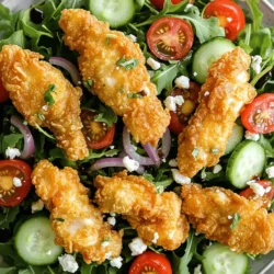 - 2 boneless, skinless chicken breasts - 1 cup buttermilk (or milk with a squeeze of lemon juice) - 6 cups mixed salad greens (arugula, spinach, and romaine) - 1 cup breadcrumbs (panko preferred for extra crispiness) - 1/2 cup all-purpose flour - 1 teaspoon garlic powder - 1 teaspoon paprika - Salt and pepper to taste - 1 cup cherry tomatoes, halved - 1/2 red onion, thinly sliced - 1/2 cucumber, sliced - 1/4 cup crumbled feta cheese - 1/4 cup balsamic vinaigrette Each ingredient adds a special touch. The chicken brings protein and a savory taste. Buttermilk makes the chicken tender and adds flavor. The salad greens provide crunch and freshness. Panko breadcrumbs make the coating crispy and light. Seasoning spices like garlic powder and paprika give depth to the flavor. In the salad, cherry tomatoes add a pop of color and sweetness. Red onion gives a nice bite, while cucumber adds refreshing crunch. Feta cheese gives a tangy twist, balanced by the balsamic vinaigrette. Together, these ingredients create a dish that is both fresh and flavorful. To try this delicious mix, check out the Full Recipe for all the steps. Enjoy the bright, tasty flavors of this crispy chicken salad! Marinate the chicken for at least 30 minutes. This step makes the meat tender and juicy. Buttermilk is key here. It not only adds flavor but also helps break down proteins. This leads to a moist chicken. You can use milk with a squeeze of lemon, too, if you don’t have buttermilk. Set up three bowls for breading. In the first bowl, mix flour with garlic powder, paprika, salt, and pepper. In the second bowl, pour the leftover buttermilk from marinating. In the third bowl, add breadcrumbs. This setup makes it easy to coat your chicken. When coating, press the breadcrumbs firmly. This helps them stick better. Use a large skillet for cooking. Heat about 1/4 cup of vegetable oil over medium-high heat. The oil should be hot but not smoking. Carefully add the coated chicken breasts. Cook them for about 6-7 minutes on each side. Look for a deep golden color. This shows they are cooked well. Transfer the chicken to a paper towel-lined plate. This helps drain excess oil while keeping the crust crispy. For a crispy coating, use panko breadcrumbs. They are lighter and crunchier than regular breadcrumbs. This gives your chicken a perfect crunch. To avoid sogginess, make sure to dry the chicken well before coating. A dry surface helps the breading stick better. Always let the coated chicken rest for a few minutes before cooking. This helps the coating adhere. You can try other liquids for flavor. Yogurt or pickle juice works well if you want a twist. Both add nice taste and tenderize the meat. For the best flavor, marinate the chicken for at least 30 minutes. If you have time, let it sit for a few hours. This gives the chicken a deeper flavor. Pair your crispy chicken salad with sides like crusty bread or fresh fruit. A light soup can also complement the salad well. For a great look, arrange the salad in layers. Start with greens, then add colorful veggies, and top with chicken. Drizzle the dressing on top and sprinkle feta cheese for a lovely finish. This presentation makes the dish as tasty to see as it is to eat! For the full recipe, check out the details above. {{image_2}} You can use grilled chicken as a tasty option. It adds a smoky flavor. If you prefer, try tofu for a vegetarian choice. Tofu absorbs flavors well and offers a nice texture. Add extra toppings like avocado or nuts for a crunch. You can also mix in fruits like apples or berries for sweetness. Consider seasonal ingredients too. In summer, use fresh peaches. In autumn, try roasted squash. Mix in fun greens like kale or watercress for a twist. These greens provide unique flavors and textures. You can also combine different greens, like romaine and spinach, for a colorful salad. Mixing greens keeps your dish interesting and vibrant. For more ideas, check the Full Recipe to explore all options! To store leftovers, place them in an airtight container. This keeps the chicken crisp and fresh. The salad should be stored separately to avoid sogginess. You can store the chicken for up to three days. The salad greens stay fresh for about two days. The other salad components last about three days in the fridge. You can freeze crispy chicken, but it may lose some crunch. To freeze, let the chicken cool completely first. Wrap it tightly in plastic wrap or foil. Then, place it in a freezer bag. This keeps it fresh for up to three months. Avoid freezing salad ingredients. They won't maintain their texture after thawing. To reheat breaded chicken, use an oven or air fryer. Preheat the oven to 375°F (190°C). Place the chicken on a baking sheet. Bake for about 10-15 minutes until heated through. The air fryer works well too. Set it to 375°F (190°C) for about 8-10 minutes. This method helps maintain the crispiness. Avoid using the microwave, as it makes the coating soggy. To make crispy chicken skin, you need to focus on the coating. Start with dry chicken. Pat it down with paper towels. This removes moisture. Use panko breadcrumbs for extra crunch. Season your flour mix well. Adding garlic powder and paprika gives great flavor. When frying, use hot oil. This helps seal in the juices. Cook the chicken until golden brown. Always let it rest on paper towels. This helps drain excess oil for that perfect crisp. Yes, you can prepare parts of this salad ahead of time. Start by marinating the chicken early. You can keep it in the fridge overnight. This adds more flavor. Cook the chicken just before serving. For the salad, wash and chop the greens ahead. Keep them in an airtight container. Store the dressing separately. Combine everything at the last moment. This keeps the salad fresh and crispy. If you need a different dressing, try lemon vinaigrette. Mix lemon juice, olive oil, and honey. You can also use ranch or Caesar dressing. Each gives a unique taste. Greek yogurt mixed with herbs is another option. It adds creaminess without being heavy. Experiment with these choices to find your favorite. To make this salad gluten-free, swap regular flour for gluten-free flour. You can also use almond flour or chickpea flour. For the breadcrumbs, look for gluten-free options. Many brands offer gluten-free panko. Check the labels to ensure they fit your needs. This way, you enjoy all the crunch and flavor without gluten. This blog post explored making a tasty crispy chicken salad. You learned about the main ingredients, from chicken to salad greens. We discussed marinating and the steps to achieve a crispy coating. I shared tips like using panko breadcrumbs for crunch and serving ideas. Variations include swapping chicken for tofu and trying new greens. Finally, I covered storage tips and answered common questions. Enjoy creating this dish that’s both fresh and satisfying!