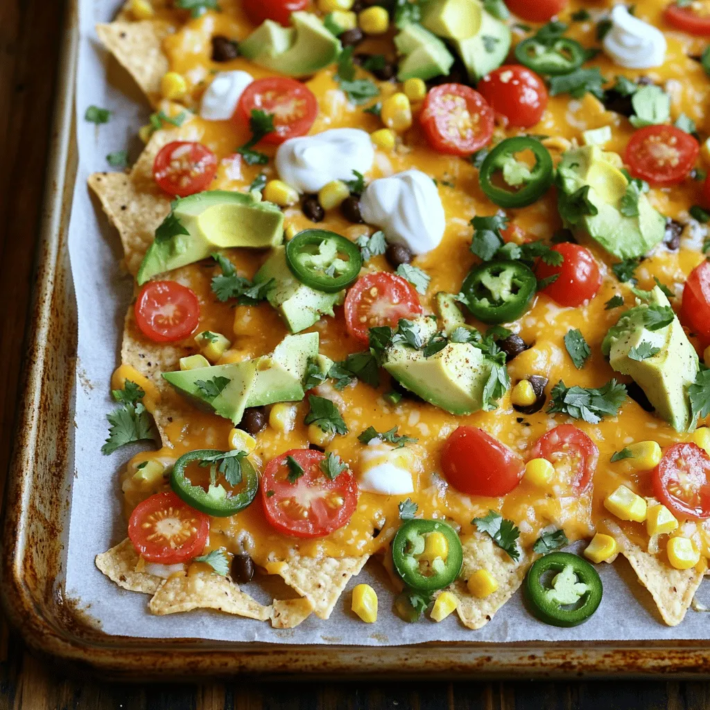 - 1 large bag of tortilla chips - 2 cups shredded cheese (mix of cheddar and Monterey Jack) - 1 can (15 oz) black beans, rinsed and drained - 1 cup cherry tomatoes, halved - 1 jalapeño, sliced (optional) - 1 cup corn (canned or frozen) The heart of your nachos starts with the tortilla chips. They need to be sturdy to hold the toppings. Next, the cheese is key. I love a mix of cheddar and Monterey Jack for their great melt. Black beans add protein and texture. Cherry tomatoes bring freshness, while corn adds sweetness. If you like heat, jalapeños are a must. - 1 avocado, diced - ½ cup sour cream - ¼ cup fresh cilantro, chopped For a twist, consider adding avocado. It adds creaminess and flavor. Sour cream gives a nice cool contrast to the heat. Fresh cilantro brightens the dish and adds a pop of color. These toppings let you customize your nachos based on your taste. - 2 tablespoons lime juice - Salt and pepper to taste A bit of lime juice lifts the flavors. It adds brightness that works well with cheese and toppings. Don’t forget salt and pepper to enhance the taste. Adjust these to fit your preference. For the full recipe, check out the Cheesy Fiesta Sheet Pan Nachos. This recipe lets you create a fun and tasty snack that everyone will enjoy! 1. Preheat your oven to 375°F (190°C). This helps the nachos cook evenly. 2. Line a large baking sheet with parchment paper. This makes cleanup easy and quick. 1. Start by spreading the tortilla chips evenly across the baking sheet. Make sure they cover the surface well but don't stack them too high. 2. Next, distribute the toppings evenly. Add your drained black beans, corn, and halved cherry tomatoes. This ensures every bite is full of flavor. 3. Finally, sprinkle the shredded cheese generously over everything. Cheese makes everything better! 1. Bake the nachos in the preheated oven for about 10-15 minutes. You want the cheese to melt and get bubbly. 2. To check if they are ready, look for melted cheese and golden edges. If they look good, it’s time to take them out! For the full recipe, check out my Cheesy Fiesta Sheet Pan Nachos. Enjoy your tasty creation! To make sure your nachos stay crispy, layer them right. Start with a single layer of tortilla chips. If you stack them, they will become soggy. Top with your favorite ingredients, but keep it light. For the best cheese, I love a mix of cheddar and Monterey Jack. The cheddar gives sharpness, while the Monterey Jack melts beautifully. You can also try pepper jack for a spicy twist. Serve your nachos with great dips. Sour cream is a classic choice. Guacamole adds creaminess. Salsa gives a fresh kick. Pair your nachos with drinks like soda or light beer. A fruity mocktail also works well. These flavors balance the cheesy goodness. Prep toppings in advance to save time. You can dice the tomatoes, slice the jalapeños, and chop the cilantro a day before. Store them in the fridge. Using store-bought ingredients can save you work. Look for pre-shredded cheese and canned black beans. This way, you can focus on the fun part: eating! For the full recipe, check out the complete instructions above. {{image_2}} For those who crave meat, adding cooked chicken or beef takes nachos to a new level. Simply shred or chop cooked meat and sprinkle it over the chips. This adds a rich flavor and extra protein. If you want a vegetarian option, consider using black beans or lentils. These give the same hearty feel without meat. You can also try grilled vegetables like bell peppers or mushrooms for added texture and taste. You can create themed nachos for fun gatherings. For a Tex-Mex style, use ingredients like spicy chorizo, jalapeños, and guacamole. This adds a zesty kick that makes everyone smile. For Southwest flavors, think about adding ingredients like BBQ sauce, pulled pork, or corn salsa. These toppings give a unique twist that will impress your guests and keep them coming back for more. Explore South American influenced toppings for a fresh take. Try adding pico de gallo, queso fresco, or even plantains. Each bite bursts with flavor and transports you to a sunny beach. If you want to try something unique, consider Canadian or Asian inspired additions. For Canadian nachos, drizzle with maple syrup or add poutine-style gravy. For Asian flair, use teriyaki sauce, kimchi, or even sesame seeds. These toppings will surprise and delight your friends. For more ideas, check out the Full Recipe for Easy Sheet Pan Nachos. To keep your nachos fresh, store them in an airtight container. Place a paper towel in the container. This towel absorbs extra moisture and helps keep the chips crisp. You can keep nachos in the fridge for up to three days. If you want to keep them longer, you can freeze them. They will last in the freezer for about a month. Just know that freezing may change the texture of the chips. The best way to reheat nachos is in the oven. Preheat your oven to 350°F (175°C). Spread the nachos on a baking sheet. Bake them for about 10 minutes. This method warms them up without making them soggy. Avoid the microwave. It can make the chips chewy or limp, which is not what we want. If you have leftover nachos, you can use them in other dishes. Chop them up and add them to salads for a crunchy bite. You can also crush them and sprinkle them on soups for extra flavor. These ideas help you enjoy your nachos in new ways. To keep your nachos crisp, layer them wisely. Start with a single layer of tortilla chips. Avoid stacking them too high. Soggy chips often come from wet toppings. Choose toppings that are not too juicy. Rinse and drain black beans well. For tomatoes, use cherry or grape varieties, as they are less watery. If you want to add fresh ingredients like jalapeños or avocados, do this after baking. This helps keep the chips crunchy and delicious. Yes, you can prep some parts ahead. To save time, chop your toppings and store them in the fridge. You can layer your nachos with cheese and toppings, but avoid baking them until you are ready to serve. Cover the tray with foil or plastic wrap to keep everything fresh. When it's party time, just pop them in the oven for about 10-15 minutes. This ensures they come out hot and melty, just like the Full Recipe suggests. For the best flavor, use a mix of cheeses. Cheddar offers sharpness, while Monterey Jack adds creaminess. You can also try pepper jack for a spicy kick. If you want to be bold, consider adding crumbled queso fresco or even a sprinkle of feta. These options elevate the taste and make your nachos more exciting. Always shred your cheese fresh for better meltability. You can easily adjust the recipe for different diets. For gluten-free nachos, use certified gluten-free tortilla chips. If you're looking for vegan options, replace the cheese with a dairy-free blend. Nutritional yeast can also add a cheesy flavor. For sour cream, try using a vegan version made from cashews or soy. Avocados are naturally vegan and add healthy fats. These swaps keep the dish tasty and suitable for everyone! Easy Sheet Pan Nachos are fun and simple. You learned about the main ingredients, like tortilla chips and cheese. We also explored optional ingredients, cooking steps, and creative variations. Don't forget storage tips to enjoy nachos later. With these ideas, you can make a tasty dish for any occasion. I hope you feel inspired to create your own unique nachos today. Enjoy every bite!
