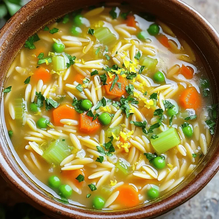 - 1 tablespoon olive oil - 1 medium onion, diced - 2 cloves garlic, minced - 2 medium carrots, diced - 2 celery stalks, diced - 6 cups low-sodium vegetable broth - 1 cup orzo pasta - 1 cup frozen peas - 1 lemon, zested and juiced - 1 teaspoon dried thyme - Salt and pepper to taste The ingredients for One-Pot Lemon Orzo Soup are simple yet impactful. Each item plays a role in building flavor. Olive oil gives a rich base. Onion and garlic add depth. Carrots and celery bring sweetness and crunch. The vegetable broth forms the soup's heart. It makes the dish warm and comforting. Orzo pasta cooks quickly and absorbs flavors. Frozen peas add a pop of color and nutrition. Lemon is the star here. Its zest and juice brighten the soup. Dried thyme adds an earthy note. Salt and pepper are key to enhancing all these tastes. - Calories per serving: About 200 - Key nutrients: Vitamin A, Vitamin C, Iron, and Fiber This soup is not just tasty; it's also healthy. Each serving packs vitamins and minerals. You gain nourishment with every spoonful. - Large pot - Cutting board - Knife To create this soup, you need basic tools. A large pot helps you cook everything in one place. A cutting board and knife are essential for chopping vegetables. Make sure you have these items ready. They help streamline your cooking process. Check out the Full Recipe for more details on how to prepare this meal! First, we must prepare the vegetables. Start by dicing 1 medium onion. Then, mince 2 cloves of garlic. Next, peel and dice 2 medium carrots. Finally, dice 2 celery stalks. This gives your soup a fresh base. Now, measure your ingredients. You will need 6 cups of low-sodium vegetable broth and 1 cup of orzo pasta. Also, grab 1 cup of frozen peas, 1 lemon for zest and juice, and 1 teaspoon of dried thyme. Don't forget salt and pepper for taste! Now, let’s cook! In a large pot, heat 1 tablespoon of olive oil over medium heat. Add the diced onion and sauté for about 3-4 minutes. You want them soft but not browned. Next, stir in the minced garlic, diced carrots, and celery. Cook these for about 5 minutes, until they are slightly tender. This step builds the flavor. Pour in the vegetable broth and bring it to a boil. Once boiling, add the orzo pasta. Cook according to the package instructions, about 8-10 minutes. Stir occasionally to keep the pasta from sticking. When the orzo is al dente, stir in the frozen peas, lemon zest, and lemon juice. Add the dried thyme at this stage. Cook for another 2-3 minutes until the peas heat through. Finally, season the soup with salt and pepper to your liking. Remove the pot from heat and let it sit for a few minutes. This allows the flavors to meld well. For the full recipe, be sure to check the recipe section! To make your One-Pot Lemon Orzo Soup even more tasty, add herbs and spices. Fresh herbs like basil or dill can brighten the soup. You can also try a pinch of red pepper flakes for a bit of heat. Adding lemon zest boosts the fresh lemon flavor. Just be careful to use only the yellow part of the peel. The white pith can taste bitter. If you love creamy soup, there are easy ways to add that texture. You can stir in heavy cream or half-and-half. For a lighter option, use plain Greek yogurt or coconut milk. These options give a nice creamy feel without overpowering the lemon taste. If you want to use different pasta types, adjust the cooking time. Smaller pasta shapes, like ditalini, cook faster. Larger shapes like shells may need extra time. Check the package for cooking instructions. If you live at high altitude, you might need to cook the soup a bit longer. Food takes more time to cook at higher altitudes, so keep an eye on it to avoid overcooking. For the Full Recipe, you can find detailed steps to create this wonderful dish. {{image_2}} You can add protein to your soup for extra nutrition. Chicken or shrimp work great. Simply cook them in the pot before adding the broth. For a vegetarian option, use beans like chickpeas or white beans. They add protein and fiber without meat. Feel free to change the vegetables based on what you have. Use seasonal veggies like zucchini, corn, or bell peppers. Leafy greens like spinach or kale can also be added near the end. They wilt nicely and boost the soup's nutrition. If you need gluten-free options, look for gluten-free orzo. This way, you can still enjoy the same texture. For a vegan version, swap vegetable broth for water and use a vegan-friendly seasoning. This makes the soup suitable for everyone. Explore the [Full Recipe] for more details on making this delicious dish! To store leftover soup, let it cool first. Transfer it to an airtight container. This keeps it fresh and flavorful. Store it in the fridge for up to three days. Make sure to label your container with the date. This helps you track how long it's been stored. You can freeze this soup for later. First, let it cool completely. Then, pour it into freezer-safe bags or containers. Remove as much air as possible before sealing. This helps prevent freezer burn. The soup will last in the freezer for about three months. When you're ready to enjoy it, thaw it overnight in the fridge. Reheat on the stove or in the microwave until hot. Pair this soup with warm, crusty bread for a full meal. A fresh side salad also works well. Try a simple green salad with a light vinaigrette. The bright flavors of the soup and salad complement each other nicely. For an added touch, serve with a sprinkle of fresh parsley on top. This adds color and freshness to your meal. For the full recipe, check out the detailed steps above. One-pot lemon orzo soup lasts about three to four days in the fridge. Keep it in an airtight container to maintain freshness. The flavors deepen over time, making it even tastier! Yes, you can make this soup ahead of time. Prepare it, let it cool, and store it in the fridge. Reheat before serving. This soup is perfect for meal prep. Absolutely! You can use any small pasta shapes you like. Just adjust the cooking time according to the package instructions. This makes the soup fun and versatile. This soup pairs well with several side dishes. Here are some ideas: - Crusty bread for dipping - A fresh garden salad - Grilled cheese sandwiches - Roasted vegetables These options enhance the meal and add variety to your table. For the full recipe, check the previous section! This blog post covered the ingredients, steps, tips, and variations for making one-pot lemon orzo soup. You can customize it with herbs, proteins, or veggies to suit your taste. I shared storage tips to keep your soup fresh too. Experiment, enjoy the cooking process, and find your favorite way to make this dish. Whether you serve it warm or cold, this soup can be a go-to for any meal. It’s simple, tasty, and perfect for any level of cook.