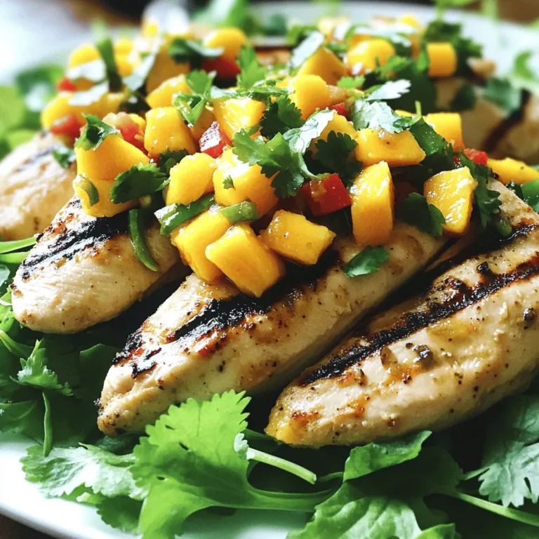 - Chicken: I use boneless, skinless chicken breasts for this dish. They cook quickly and stay juicy. You can also use thighs if you prefer dark meat. Just make sure they are similar in size for even cooking. - Mango Salsa Components: Fresh mangoes work best for flavor and texture. Ripe mangoes are sweet and add a lovely color. If fresh mangoes are hard to find, frozen mangoes can work too. Just thaw them and skip the dicing step. - Additional Flavoring Agents: The spices bring the dish to life. I use ground cumin and smoked paprika for warmth and depth. Fresh herbs like cilantro add a bright finish. Don’t forget the lime juice; it adds a zesty kick and balances the sweetness of the mango. The combination of fresh ingredients makes this spicy mango salsa chicken a delightful and vibrant dish. For the complete list of ingredients, check the Full Recipe section. Prepping the Chicken: Start with four boneless, skinless chicken breasts. Rub a mix of olive oil, ground cumin, smoked paprika, salt, and pepper all over the chicken. This spice blend gives the chicken a great flavor. Let it rest for a few minutes to soak in the taste. Making the Salsa: Grab two ripe mangoes and dice them up. Add a finely chopped red bell pepper and red onion for crunch. For heat, chop a jalapeño and remove the seeds. Mix these ingredients in a bowl with chopped cilantro, lime juice, and a pinch of salt. Stir well to create a fresh, zesty salsa. Cooking Methods: You can choose to grill or use a skillet. I love grilling because it adds a nice smoky flavor. If using a grill, preheat it to medium-high heat. For a skillet, heat it until hot. Both methods work well; just ensure the chicken cooks evenly. Grill Cooking Duration: Cook the chicken on the grill for 6-7 minutes on each side. Use a meat thermometer to check for doneness. The center should read 165°F (75°C). This will ensure juicy chicken that is safe to eat. Resting Period: After cooking, let the chicken rest for about five minutes. This step is key for keeping the chicken moist and flavorful. When you cut into it, the juices will stay inside, making each bite delicious. - Achieving Perfect Grilled Chicken: Use a meat thermometer. Cook the chicken until it reaches 165°F (75°C). This ensures it is safe and juicy. Let it rest for 5 minutes after cooking. This keeps the chicken moist. - Salsa Storage: Store leftover salsa in a sealed container. It stays fresh in the fridge for 2-3 days. You can also freeze it for longer storage. Just make sure to use an airtight container. - Serving Suggestions: Pair this chicken with rice or mixed greens. These sides add color and nutrition. You can also serve it with tortilla chips for a fun crunch. - Garnishing: Use fresh cilantro for garnish. It adds a pop of green and a fresh taste. Lime wedges on the side also look nice and add brightness. {{image_2}} Alternative Proteins: If you want a change from chicken, use shrimp or firm tofu. Both options work great with the mango salsa. Each provides a unique taste and texture. Shrimp cooks quickly and absorbs flavor well. Tofu is a good choice for a plant-based meal. Fruit Variations: You can switch up the fruits in the salsa. Try peaches or pineapple for a twist. These fruits add a sweet, juicy touch. You can even mix in some diced kiwi or papaya for more fun flavors. Experiment and find your favorite combination. Adjusting Heat: To change the heat, add more or less jalapeño. You can also try a different pepper like serrano for extra kick. For milder salsa, omit the jalapeño or use sweet peppers instead. This lets everyone enjoy the dish, no matter their spice tolerance. Flavor Profiles: Balancing sweetness and spice is key. If it’s too sweet, add a splash of lime juice. This gives zing and brightens the flavor. If it’s too spicy, add more mango or a sprinkle of brown sugar. This helps balance the heat while keeping the salsa tasty. For the complete recipe, check out the [Full Recipe]. To keep your spicy mango salsa chicken fresh, use airtight containers. Glass or plastic containers work well. Be sure to let the chicken cool first before storing. This helps keep it juicy and tasty. In the fridge, your chicken can last up to three days. The mango salsa can also stay fresh for about two days. If you want to freeze the chicken, wrap it tightly in plastic wrap. Then, place it in a freezer bag. This keeps out air and helps avoid freezer burn. When you’re ready to eat, thaw the chicken in the fridge overnight. Cook it within a day after thawing. For the salsa, freeze it in a separate container. Use a freezer-safe bag to maintain its flavor and texture. When you thaw the salsa, do it in the fridge. This helps keep the mango pieces intact. Enjoy your flavorful grilled delight whenever you want! For the full recipe, check out the details above. What to serve with Spicy Mango Salsa Chicken? I love to serve Spicy Mango Salsa Chicken with rice or mixed greens. The rice soaks up the salsa's juice. Mixed greens add a nice crunch. You can also try black beans or corn on the side. They pair well with the flavors. Can I make the salsa in advance? Yes, you can make the salsa ahead of time. Just store it in the fridge. It will stay fresh for up to two days. The flavors will blend nicely as it sits. Just stir it again before serving to mix everything. How do I know when the chicken is fully cooked? To check if the chicken is cooked, use a meat thermometer. It should read 165°F (75°C) in the center. If you don't have a thermometer, cut the chicken open. The meat should be white, not pink. Is this recipe gluten-free? Yes, Spicy Mango Salsa Chicken is gluten-free. All the ingredients are naturally gluten-free. Just ensure that your spices do not contain hidden gluten. Can I use other meats for this recipe? Absolutely! You can use pork or fish instead of chicken. Adjust the cooking time based on the meat you choose. Fish cooks faster, while pork may need more time. What are the nutritional facts for Spicy Mango Salsa Chicken? This dish is healthy and full of flavor. Each serving has about 280 calories. It offers lean protein and healthy fats. The mango adds vitamins and fiber too. For exact nutritional values, check the [Full Recipe]. In this post, we explored how to prepare Spicy Mango Salsa Chicken from start to finish. We looked at the key ingredients, step-by-step instructions, tips for cooking, variations, and storage methods. You can create a flavorful dish that impresses anyone. Remember, precise preparation and presentation matter. With a few simple tweaks, you can adjust spice levels and substitute ingredients. Enjoy experimenting in your kitchen. Safe cooking allows you to savor every bite of this delicious meal.