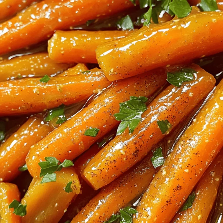 To make maple glazed carrots, you need a few simple ingredients. Here’s the list: - Baby carrots - Pure maple syrup - Unsalted butter - Ground cinnamon - Salt and pepper - Fresh orange juice - Fresh parsley Each ingredient plays a key role in building flavor. The baby carrots bring sweetness and crunch. Pure maple syrup adds a rich, sweet glaze. Unsalted butter gives a creamy texture while ground cinnamon adds warmth. Salt and pepper balance the sweetness. Fresh orange juice brightens the dish, and parsley adds a burst of color. Gather these items to create a side dish that dazzles. For the full recipe, check out the details above. First, preheat your oven to 400°F (200°C). This step is key for roasting. A hot oven helps the carrots caramelize well. Next, grab a large mixing bowl. Add 1 lb of baby carrots, 3 tablespoons of pure maple syrup, and 2 tablespoons of unsalted butter. Sprinkle in 1 teaspoon of ground cinnamon, 1 teaspoon of salt, and 1/2 teaspoon of black pepper. Mix everything gently. Make sure the carrots get a nice coat of the sweet and savory blend. Now, it’s time to roast! Transfer the carrots to a baking sheet. Spread them in a single layer to ensure even cooking. Roast them in the oven for 25-30 minutes. Stir the carrots halfway through to help them caramelize. They’re done when they’re tender and lightly golden. For extra flavor, drizzle with freshly squeezed orange juice after roasting. Toss them to mix well. This creates a lovely glaze. Enjoy your delicious maple glazed carrots! For the complete recipe, check the [Full Recipe]. To ensure an even coating of the carrots, start by mixing well. Use a large bowl to toss the baby carrots with maple syrup and melted butter. Make sure every carrot gets a good amount of the glaze. If you notice some carrots are not coated, give them another gentle toss. This step is key to achieving that sweet, sticky finish. How do you know when your carrots are perfectly roasted? Look for a nice golden color and a tender bite. To check, poke a carrot with a fork. It should go in easily but still have some firmness. If they are too soft, you may have overcooked them. Aim for a balance of tenderness and slight crispness for the best taste. Want to add more flavor to your maple glazed carrots? You can try adding spices like nutmeg or ginger for a warm kick. Fresh herbs like thyme or rosemary can also bring a new twist. If you want a bit of heat, a pinch of cayenne pepper works well. Experiment with these options to find your perfect flavor blend. For the full recipe, check the details above! {{image_2}} For those needing dairy-free options, swap unsalted butter with coconut oil. This keeps the dish rich and tasty. If you're looking for sugar-free choices, consider using a sugar substitute like stevia or erythritol. These swaps make this dish fit your diet while keeping it delicious. Want to mix it up? Add herbs like thyme or rosemary for more flavor. A pinch of nutmeg also enhances the sweetness of the carrots. Try adding garlic for a savory twist. These small changes can turn a simple side into a flavor-packed dish. You can replace maple syrup with honey or agave nectar. Honey brings a floral taste, while agave offers a milder sweetness. Both options work well, adding a unique flavor. Adjust the amount based on your sweetness preference for best results. To store leftover maple glazed carrots, let them cool first. Place them in an airtight container. Make sure the lid is secure. Store the container in the fridge. They will stay fresh for up to four days. Always check for any signs of spoilage before eating. For the best taste, reheat your carrots in the oven. Preheat the oven to 350°F (175°C). Spread the carrots on a baking sheet. Heat them for about 10 to 15 minutes. This will keep them soft and tasty. You can also use a microwave. Place the carrots in a microwave-safe dish. Cover them loosely and heat for 1 to 2 minutes. Stir halfway through to warm evenly. Yes, you can freeze maple glazed carrots! Start by letting them cool completely. Then, place them in a freezer-safe bag. Squeeze out as much air as you can before sealing. They will last for about three months in the freezer. When ready to eat, thaw them in the fridge overnight. Reheat them as mentioned for the best flavor. For the full recipe, check the previous section. You can serve maple glazed carrots with many dishes. They pair well with roasted chicken or pork. The sweet glaze complements the savory flavors of meats. You can also enjoy them next to a fresh salad for a light meal. Try them with mashed potatoes or rice for a filling dinner. If you want a vegetarian meal, serve them with quinoa or lentils. These carrots add color to any plate! Yes, you can use frozen carrots. However, they may not be as crisp as fresh ones. Frozen carrots often lose some texture during freezing. If you choose frozen carrots, thaw them first. Pat them dry to remove excess moisture. Then, follow the same steps in the Full Recipe. They may need a bit more time when roasting, so keep an eye on them. Leftovers from this dish can last up to four days in the fridge. Store them in an airtight container to keep them fresh. Make sure to cool the carrots completely before sealing. For safety, always check for any signs of spoilage before eating. If you want to keep them longer, consider freezing them. Just remember, freezing may change their texture over time. In this post, we discussed how to make delicious maple glazed carrots. You learned the simple ingredients, step-by-step instructions, and tips for perfect results. Carrots can be a tasty side dish, no matter the meal. You can use fresh or frozen carrots. Feel free to make variations based on your needs. Enjoy the sweetness and flavor, and share your new skills with friends!