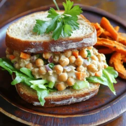 - 1 can (15 oz) chickpeas, drained and rinsed - 1/4 cup plain Greek yogurt - 2 tablespoons tahini - 1 tablespoon lemon juice - 1 celery stalk, finely chopped - 1/4 red onion, finely chopped - 1 medium carrot, grated - Seasoning: garlic powder, cumin, salt, and pepper - 4 slices whole grain bread - Fresh lettuce leaves - Optional: Slices of tomato The main components of this chickpea salad sandwich bring together simple yet rich flavors. Chickpeas are full of protein, making them a great base. Greek yogurt adds creaminess and tang. Tahini contributes a nutty taste, while lemon juice brightens the dish. For a delightful crunch, we add celery and red onion. The grated carrot gives a hint of sweetness. Seasoning is key here. Garlic powder and cumin enhance the taste, while salt and pepper balance it all. Now, let’s talk about the bread and extras. Whole grain bread provides fiber and holds the filling well. Fresh lettuce adds a crisp texture. If you want to elevate your sandwich, consider adding slices of tomato. This adds freshness and a pop of color. This recipe gives you a tasty and healthy meal. The full recipe includes all the steps to create this easy dish. Enjoy! - Mash chickpeas in a mixing bowl. - Combine with yogurt, tahini, and lemon juice. Start by draining and rinsing the chickpeas. Place them in a large mixing bowl. Use a fork or potato masher to mash them. Aim for a chunky texture; some pieces should remain whole. Then, add the Greek yogurt, tahini, and lemon juice. Mix well until everything is creamy and smooth. - Add chopped celery, red onion, and grated carrot. - Season and adjust taste. Next, chop the celery and red onion. Grate the carrot. Add these fresh ingredients to your chickpea mix. They add crunch and flavor. Sprinkle in garlic powder, cumin, salt, and pepper. Taste your mixture and adjust the seasoning as needed. You want it to be flavorful but not overpowering. - Toast the whole grain bread. - Layer lettuce and chickpea mixture on bread slices. - Close and slice the sandwich. Toast your whole grain bread until it is golden brown. Lay fresh lettuce on two slices. Generously spoon the chickpea mixture over the lettuce. If you like, add slices of tomato on top. Close the sandwich with the other two slices of bread. Press down gently and slice it in half. This makes it easy to hold and eat. For the full recipe, refer to the earlier section. Enjoy your delicious, nutritious chickpea salad sandwich! To get the best texture, mash your chickpeas well. Use a fork or potato masher. You want them mostly broken down, but leave some whole for a nice bite. This mix of textures makes the sandwich fun to eat. Add spices like paprika or fresh herbs like parsley for a flavor lift. You can try dill or cilantro for a unique twist. If you want a creamier taste, swap Greek yogurt with avocado. For dressings, tahini works well, but you can also use a simple vinaigrette for a bright touch. For a great presentation, serve your sandwich on a lovely plate. Add a sprig of parsley or a few cherry tomatoes on the side. This adds color and makes it more appealing. Pair your sandwich with sweet potato fries or a fresh salad. These sides balance the meal and bring out the flavors of the chickpea salad. {{image_2}} To make your chickpea salad sandwich even better, try adding avocado or pickles. - Avocado adds a creamy texture and healthy fats. - Pickles bring a nice crunch and tangy flavor. These additions can make each bite more exciting. You can change up the bread for your sandwich. - Gluten-free bread works well for those with allergies. - Try sourdough or whole grain for a different taste. Experimenting with different grains adds variety to your meals. Get creative with how you serve your chickpea salad. - You can make a wrap using a tortilla instead of bread. - Or, serve it in a bowl with fresh greens and toppings. This way, you can enjoy your chickpea salad in new and fun ways. For the full recipe, check our detailed guide above. To store leftover chickpea salad, place it in an airtight container. Keep it in the fridge for up to three days. This keeps it fresh and tasty. When you want to eat it again, just stir it before serving. If it seems dry, add a little more yogurt or tahini. For long-term storage, you can freeze the chickpea salad mixture. Use a freezer-safe container. It can last for about one month in the freezer. When you’re ready to eat it, thaw it in the fridge overnight. Do not refreeze it once it has thawed. The assembled chickpea salad sandwich lasts about one day in the fridge. The bread can get soggy if it sits too long. If you plan to save some, store the chickpea salad and bread separately. This way, your meal stays fresh and delicious. For the best taste, enjoy it right after making it. You can find the full recipe for this tasty sandwich above. Yes, you can prepare it ahead of time. To do this, chop the veggies first. Store them in airtight containers. You can also mash the chickpeas and mix them with yogurt and tahini. Keep the mixture in the fridge. Just add the veggies when you're ready to eat. This way, the sandwich stays fresh and crunchy. Chickpeas pack a punch of nutrition. They are high in protein and fiber. This helps keep you full and satisfied. They also contain vitamins and minerals like iron and magnesium. These nutrients support your energy levels and muscle health. Plus, chickpeas have low fat, making them a healthy choice for meals. Absolutely! To make it vegan, swap the Greek yogurt with a plant-based yogurt. You can also use mashed avocado for creaminess. Instead of tahini, try nut butter or omit it. These swaps keep the sandwich tasty, creamy, and vegan-friendly. You can change this sandwich in many ways! Add spices like paprika or dill for extra taste. Try different veggies like cucumbers or bell peppers for crunch. You can also use different breads, like wraps or pita. Top with sprouts or avocado for added texture and flavor. Each change makes the sandwich your own! You now know how to make a tasty chickpea sandwich. We covered key ingredients, preparation steps, and easy storage tips. You can customize it with flavors you love. Remember, this sandwich is not only delicious but also packed with nutrients. Try making this meal your own by swapping ingredients or adding sides. Enjoying this recipe can bring joy and health to your table. Keep experimenting until you find your perfect flavor balance. Happy cooking!