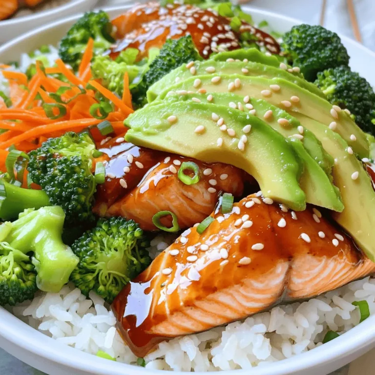 To make tasty Teriyaki Salmon Bowls, you need these key ingredients: - 2 salmon fillets (about 6 ounces each) - 1/4 cup soy sauce (low sodium) - 2 tablespoons honey or maple syrup - 1 tablespoon rice vinegar - 1 tablespoon sesame oil - 1 teaspoon fresh ginger, grated - 2 cloves garlic, minced - 2 cups cooked jasmine rice - 1 cup steamed broccoli florets - 1 cup shredded carrots - 1/2 avocado, sliced - Sesame seeds for garnish - Green onions, chopped for garnish These ingredients give your bowls a rich flavor and great texture. You can add extra garnishes to make your meal pop. Here are some ideas: - Sliced radishes for crunch - Pickled ginger for a tangy kick - Cilantro leaves for freshness - Crushed peanuts for added crunch These optional garnishes can brighten your dish and add unique flavors. If you don’t have some ingredients, here are some swaps you can try: - Use chicken or tofu instead of salmon for different proteins. - Swap jasmine rice for brown rice or quinoa for more fiber. - Replace soy sauce with coconut aminos for a gluten-free option. - Maple syrup can be used instead of honey for a vegan choice. These substitutions keep your dish fresh and exciting! For the full recipe, check out the complete instructions. To start, gather your sauce ingredients. You will need soy sauce, honey or maple syrup, rice vinegar, sesame oil, ginger, and garlic. In a small bowl, whisk these together. Mix well until smooth. This sauce gives the salmon its sweet and savory flavor. You can adjust the sweetness by adding more honey or maple syrup. Next, take your salmon fillets. Place them in a shallow dish. Pour half of the teriyaki sauce over them. Make sure the fillets are well covered. Let them sit for at least 15 minutes. This helps the flavors soak into the fish. If you have time, marinating for 30 minutes is even better. You can cook the salmon in different ways. For pan-frying, heat a non-stick skillet over medium heat. Remove the salmon from the marinade, but keep the sauce. Place the salmon skin-side down in the skillet. Cook for 4-5 minutes. Flip them carefully. Pour the reserved sauce over the fillets. Cook for another 3-4 minutes. If you prefer baking, preheat your oven to 375°F. Place the salmon on a baking sheet and brush with the sauce. Bake for 15-20 minutes. For grilling, prepare your grill. Brush the salmon with oil and cook for about 6-8 minutes on each side. Choose the method you like best! Now you have a delicious teriyaki salmon ready for your bowls. If you want the full recipe, check it out for the complete steps! To cook salmon just right, focus on timing. Salmon cooks quickly, about 4-5 minutes per side. Start skin-side down in a hot skillet. The skin helps keep the fish moist. When it flakes easily with a fork, it’s done. Use a meat thermometer. Aim for an internal temperature of 145°F. This ensures safety and keeps the fish tender. Meal prep makes cooking easy. Start by marinating your salmon the night before. This adds great flavor and saves time. Cook your rice and vegetables in batches. Store them in separate containers. This keeps everything fresh. When you're ready to eat, just reheat and assemble. You can enjoy your teriyaki salmon bowl in minutes. You can make your teriyaki salmon bowls even better. Try adding sliced radishes for crunch. Pickled ginger adds a nice zing. You can also top with nori strips. They add a savory taste. For a spicy kick, drizzle sriracha sauce on top. This variety makes each bowl unique and fun. Explore different toppings to find your favorite mix. {{image_2}} You can easily swap salmon for other proteins. Chicken works great. Simply grill or bake it with the teriyaki sauce. It adds a nice flavor. Tofu is another excellent choice. Use firm tofu for the best texture. Press and marinate it just like salmon. It absorbs the sauce well. Both options remain tasty and satisfying. For a vegetarian or vegan meal, skip the fish. Use grilled vegetables, like zucchini or bell peppers, instead. You can also use chickpeas. They add protein and are easy to cook. Be sure to marinate them in the teriyaki sauce too. This makes for a colorful and hearty bowl. You can change the flavor of your teriyaki salmon bowls. If you like spicy, add sriracha or chili flakes to the sauce. This gives it a nice kick. For a sweeter taste, increase the honey or maple syrup. You could also add pineapple chunks for a fruity twist. For a savory option, add more garlic or soy sauce. These small changes can make a big difference in taste. Try out these variations to keep your meals exciting! For more details, check out the Full Recipe. To keep your teriyaki salmon bowls fresh, store them in an airtight container. Place the salmon, rice, and veggies together. Make sure to let them cool first. This helps keep the texture nice. You can keep them in the fridge for up to three days. If you wait longer, the flavors will fade. When you are ready to eat, reheat your salmon bowls gently. Use the microwave at a low setting. Heat for one minute, then check. Stir if needed and heat for another 30 seconds. You want the salmon warm, not overcooked. If you prefer, you can also use the oven. Preheat it to 350°F (175°C) and heat for about 10 minutes. This keeps the salmon juicy. If you want to save your teriyaki salmon bowls for later, freezing is a great option. Pack the salmon and rice in separate freezer bags. This keeps them fresh. You can freeze for up to three months. To enjoy them again, thaw in the fridge overnight. Then, reheat as mentioned above. This way, you will have a tasty meal ready to go! The best way to cook salmon for teriyaki bowls is by pan-frying. This method gives the skin a nice crisp. Use medium heat and cook the salmon for about 4-5 minutes on one side. Then, flip it and pour some teriyaki sauce over it. Cook for another 3-4 minutes. This method keeps the salmon juicy and tender. Yes, you can make the teriyaki sauce in advance. Just mix soy sauce, honey, rice vinegar, sesame oil, ginger, and garlic together. Store it in the fridge for up to a week. This saves time when you want to cook your teriyaki salmon bowls. You can serve teriyaki salmon bowls with a variety of sides. Here are some great options: - Steamed broccoli - Shredded carrots - Sliced avocado - Cooked jasmine rice These sides add color and nutrition to your meal. Leftover teriyaki salmon bowls will last about 2-3 days in the fridge. Make sure to store them in an airtight container. Reheat gently in the microwave or on the stove before serving. In this post, we explored how to make delicious teriyaki salmon bowls. We covered key ingredients, cooking steps, and helpful tips. You learned about cooking methods and variations, plus storage tips for leftovers. Teriyaki salmon bowls are versatile and easy to customize. Use this guide to make a meal you love. Enjoy experimenting with flavors and ingredients to find your favorite. Happy cooking!