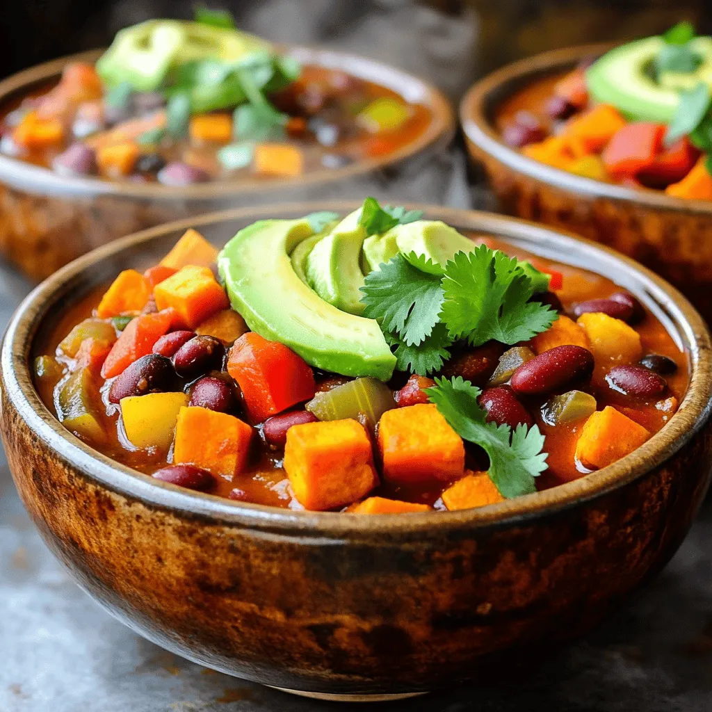 To make this vegan sweet potato chili, you need these tasty items: - 2 medium sweet potatoes, peeled and diced - 1 can (15 oz) black beans, rinsed and drained - 1 can (15 oz) kidney beans, rinsed and drained - 1 can (14.5 oz) diced tomatoes (with juices) - 1 medium red onion, chopped - 2 cloves garlic, minced - 1 red bell pepper, chopped - 1 yellow bell pepper, chopped - 2 cups vegetable broth - 1 tablespoon olive oil - 2 tablespoons chili powder - 1 teaspoon cumin - 1 teaspoon smoked paprika - Salt and pepper to taste - Fresh cilantro, chopped (for garnish) - Avocado slices (for serving) You can switch some ingredients if you want. Here are some ideas: - Use white or orange potatoes instead of sweet potatoes. - Canned chickpeas work well instead of black or kidney beans. - For the broth, you can use water or any veggie stock you have. - If you don't have fresh cilantro, try parsley or green onions. - For a spicy kick, add jalapeños or hot sauce. Sweet potatoes are not just tasty; they are also healthy! Here’s why: - Rich in vitamins A and C, they boost your immune system. - They have fiber, which helps with digestion. - Sweet potatoes provide energy with their natural sugars. - They are low in fat, making them heart-healthy. - The bright color shows they are full of antioxidants. These benefits make sweet potatoes a great choice for your chili. You can enjoy a warm bowl of this vegan sweet potato chili while knowing you are eating healthy. For the full recipe, check the details above. To make this vegan sweet potato chili, you need to prep your ingredients. Start by peeling and dicing the sweet potatoes into small cubes. This helps them cook evenly. Next, chop the red onion, red bell pepper, and yellow bell pepper. Mince the garlic cloves as well. Rinsing and draining the black beans and kidney beans is also essential to remove excess sodium. First, heat olive oil in a large pot over medium heat. Add the chopped red onion and cook for about five minutes. You want them soft and a bit see-through. Then, mix in the minced garlic and cook for one more minute. Add the diced sweet potatoes and both bell peppers next. Toss in the chili powder, cumin, smoked paprika, salt, and pepper. Stir everything well and cook for five minutes. Now, pour in the vegetable broth and add the diced tomatoes with their juices. Stir to combine and bring the mix to a boil. Once it boils, reduce the heat to low. Cover the pot and let it simmer for 25 to 30 minutes. Check if the sweet potatoes are tender. After that, stir in the black beans and kidney beans, letting them heat for about five minutes. You can adjust the seasoning to your taste. Sometimes, sweet potatoes can take longer to cook. If they seem hard, let the chili simmer a bit longer. If you find the chili too thick, just add more vegetable broth. For a spicier kick, add extra chili powder or some hot sauce. If it's too spicy, balance it with a little more sweet potato or add a splash of coconut milk for creaminess. The full recipe is easy to follow and helps you create a delicious meal. To make your chili thick and hearty, use the right sweet potatoes. Pick firm ones that are heavy for their size. When you chop them, make uniform pieces. This helps them cook evenly. You can also mash a small portion of the sweet potatoes once they are cooked. This adds creaminess to the dish without losing texture. If you prefer a thinner chili, add extra vegetable broth. To boost the flavor, think beyond basic spices. Try adding a pinch of cinnamon or a splash of lime juice. These can brighten the taste. If you love depth, smoked paprika works wonders. It gives a rich, smoky flavor that pairs well with the sweet potatoes. Fresh herbs, like cilantro, add freshness. Stir them in at the end for the best taste. If you like your chili spicy, add more chili powder or diced jalapeños. You can also use cayenne pepper for a kick. Start with a little and taste as you go. If it gets too hot, balance it with a bit of maple syrup or agave. These sweeteners can tone down the heat well. Remember, you can always add more spice, but it’s hard to take it out. Enjoy the journey of finding your perfect heat level! {{image_2}} You can boost the nutrition and flavor of your Vegan Sweet Potato Chili by adding more veggies. Here are some great options: - Carrots: Diced carrots add sweetness and a nice crunch. - Zucchini: This veggie cooks fast and adds moisture. - Corn: Sweet corn brings a pop of color and flavor. - Spinach or Kale: Leafy greens add vitamins and minerals. Feel free to mix and match based on what you have. Just chop them up and toss them in during the cooking stage. Both black beans and kidney beans work well in chili. - Black beans: They are smooth and creamy, with a mild flavor. - Kidney beans: They are firmer and have a richer taste. You can even use both for a mix of textures. It adds depth to your dish and makes it more fun! This chili is already gluten-free but can be made low-carb with a few tweaks. - Skip the beans: You can replace them with diced zucchini or mushrooms. - Use cauliflower rice: Instead of serving with rice, try cauliflower rice. These changes keep the chili hearty while cutting down on carbs. Enjoy exploring these variations to make the dish fit your needs. Check out the Full Recipe for more ideas! To store leftover chili, let it cool first. Use an airtight container. Place the container in the fridge. Your chili will stay fresh for up to five days. Make sure to label the container with the date. This way, you will know when to eat it. You can freeze vegan chili to keep it longer. Use freezer-safe containers or bags. Leave some space at the top. The chili will expand as it freezes. It can last up to three months in the freezer. When ready to eat, take it out and thaw it in the fridge overnight. When you want to eat the chili, you can reheat it easily. For the stove, pour it into a pot. Heat on low and stir often until warm. If you use a microwave, place it in a bowl. Cover it loosely and heat in short bursts. Stir between each burst to avoid hot spots. Enjoy your warm, hearty chili! Don’t forget to check the [Full Recipe] for extra tips and ideas. Yes, you can make this chili in a slow cooker. Start by sautéing the onion and garlic in a pan. This step adds depth to the flavor. Once done, transfer them to the slow cooker. Add the sweet potatoes, bell peppers, spices, vegetable broth, and diced tomatoes. Cook on low for 6-8 hours or high for 3-4 hours. Add the black beans and kidney beans in the last 30 minutes of cooking. This method gives you a hearty chili with rich flavors. You can serve this chili with a variety of sides. Here are some delicious options: - Cornbread: This adds a sweet touch. - Rice: Brown rice or quinoa works well. - Tortilla chips: For a crunchy contrast. - Salad: A fresh green salad pairs nicely. - Avocado slices: Add creaminess and flavor. These sides add texture and enhance the chili experience. Vegan Sweet Potato Chili lasts about 4-5 days in the fridge. Store it in an airtight container for best results. Make sure it cools down before placing it in the fridge. If you want it to last longer, you can freeze it. It can stay good in the freezer for up to 3 months. Just remember to label the container with the date. When ready to eat, thaw it overnight in the fridge before reheating. This guide covered everything about making Vegan Sweet Potato Chili. We explored the right ingredients, how to prepare them, and cooking steps. I shared tips for texture and flavor. We also discussed fun variations and storage details. In conclusion, this chili is flexible and healthy. You can easily tweak it to fit your needs. Enjoy making it your own, and savor every bite. Happy cooking!