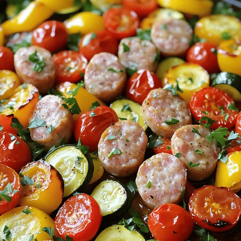 - 1 lb chicken or turkey sausage, sliced into rounds - Variety of colorful vegetables (bell pepper, zucchini, cherry tomatoes, red onion) - Seasoning and oil (smoked paprika, dried oregano, olive oil, salt, pepper) The main star of this dish is the sausage. I prefer chicken or turkey for a lighter option. Slice them into rounds for even cooking. Next, choose a mix of colorful veggies. I love bell peppers, zucchini, cherry tomatoes, and red onion. They add great taste and color. Now, let’s talk about seasoning. Smoked paprika gives a nice smoky flavor. Dried oregano adds a hint of earthiness. Use olive oil to help everything roast well. Don't forget salt and pepper to boost all the flavors. - Fresh parsley or basil, chopped - Additional toppings (cheese, red pepper flakes) For a fresh touch, add chopped parsley or basil on top at the end. These herbs brighten up the dish. You can also sprinkle some cheese or red pepper flakes for extra flavor. For the full recipe, be sure to check out the details above! 1. Preheat your oven to 425°F (220°C). This helps the food cook evenly. 2. Line a large baking sheet with parchment paper. It makes cleanup easy. 3. In a large mixing bowl, combine the sliced sausage, bell pepper, zucchini, cherry tomatoes, red onion, and minced garlic. Make sure to mix well so every piece gets flavor. 1. Drizzle olive oil over the mixture. Add smoked paprika, dried oregano, salt, and pepper. Toss everything together until well coated. 2. Spread the sausage and vegetable mixture evenly on the prepared baking sheet. Leave space between pieces to help them roast nicely. 3. Roast in the preheated oven for about 25-30 minutes. Stir halfway through for even cooking. Keep an eye on it until the sausage is cooked and the veggies are tender. 1. Check for doneness before serving. The sausage should be hot and the veggies soft. 2. Garnish with freshly chopped parsley or basil. This adds a nice touch and bright color. For the full recipe, see the earlier section. To cook sausage and veggies evenly, space them well on the sheet pan. This helps hot air reach all sides. I like to stir the mixture halfway through cooking. This ensures everything gets nice and golden. When seasoning, keep it simple but bold. Use smoked paprika and dried oregano for great flavor. Don’t forget to add salt and pepper. You can always adjust these to your taste. I suggest starting with less and adding more if needed. Pair this dish with a fresh side salad or crusty bread. Both options balance the meal well. You can also serve it with a tasty dip. A yogurt-based dip or hummus works great. For presentation, transfer the sausage and veggies to a large serving bowl. Garnish with fresh parsley or basil. This adds color and makes it eye-catching. You can also drizzle a little olive oil on top for extra flair. For the full recipe, check the reference above. {{image_2}} You can easily change the sausage type in this recipe. Try pork, beef, or a plant-based sausage. Each option adds a unique taste. For veggies, mix it up with your favorites. Broccoli, carrots, or asparagus all work well. Use what you have on hand or what you enjoy. Want to spice things up? Add some red pepper flakes or cayenne for heat. You can also use fresh herbs like thyme or rosemary for more depth. If you want a different taste, drizzle some barbecue sauce or teriyaki sauce over the mixture before roasting. This can change the whole flavor of the dish. For more ideas, check out the Full Recipe and explore various combinations. To keep your leftovers fresh, store them in the fridge. Use airtight containers to avoid drying out. You can refrigerate the dish for up to three days. If you want to keep it longer, freezing is a great option. Place the meal in a freezer-safe container. It can last for up to three months in the freezer. To reheat without losing flavor, use the oven. Preheat it to 350°F (175°C). Place the leftovers in an oven-safe dish, cover with foil, and heat for about 15-20 minutes. You can also use a microwave. Place the food in a microwave-safe bowl and cover it with a damp paper towel. Heat in short bursts, stirring in between, until warm. For serving leftovers, you can add fresh herbs like parsley or basil for a pop of color. Pair with a side salad or some crusty bread for a complete meal. If you're feeling adventurous, try adding a drizzle of balsamic glaze or hot sauce for extra flavor. Check out the Full Recipe for more tips! Can I use frozen vegetables for this recipe? Yes, you can use frozen vegetables. Just make sure to thaw them first. They may need a little extra time to cook, but they will work well. What type of sausage works best for this dish? I recommend using chicken or turkey sausage for a lighter option. Pork sausage adds rich flavor. You can also try plant-based sausage for a vegetarian meal. How to make this dish ahead of time? You can prep the sausage and veggies a day before. Store them in the fridge. When you are ready, just roast them as directed in the Full Recipe. Is this recipe suitable for low-carb diets? Yes, this dish is low in carbs. The veggies provide fiber, and the sausage adds protein. It fits well in a low-carb plan. Can it be made gluten-free? Absolutely! Just choose gluten-free sausage. All the veggies and seasonings are naturally gluten-free, making this dish safe for those with gluten sensitivities. This blog post covered how to make a simple roasted sausage and vegetable dish. You learned about the key ingredients, easy cooking steps, and helpful tips. We also explored variations and storage methods, so your meal stays fresh. In closing, this recipe is adaptable and fun. You can swap ingredients to fit your taste. Whether you're cooking for yourself or others, it’s sure to please. Enjoy your cooking adventure!