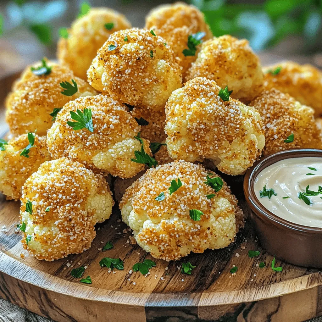 To make this tasty dish, you need a few key items: - 1 medium head of cauliflower, cut into florets - 1 cup all-purpose flour (or gluten-free flour) - 1 cup buttermilk (or plant-based milk) - 1 cup breadcrumbs (panko for extra crunch) - 2 tablespoons olive oil These ingredients come together to create a crispy and flavorful bite. The cauliflower provides a lovely base. The flour gives a nice coating. The breadcrumbs add crunch. The right seasonings make this dish pop with flavor. Here are the must-have spices: - 1 teaspoon garlic powder - 1 teaspoon onion powder - 1 teaspoon smoked paprika - 1/2 teaspoon cayenne pepper (adjust to taste) - 1 teaspoon salt - 1/2 teaspoon black pepper These spices add layers of taste. Garlic and onion give it depth. Smoked paprika brings warmth, while cayenne adds a kick. Want to take your cauliflower to the next level? Consider these optional ingredients: - Grated Parmesan cheese for a cheesy twist - Chopped fresh herbs like parsley or cilantro for brightness - Nuts or seeds for added crunch These extras can enhance flavor and texture. They make each bite more interesting. For the full recipe, check the details above. Start by gathering your ingredients. You need a medium head of cauliflower, flour, and seasonings. Cut the cauliflower into bite-sized florets. This size helps them cook evenly. Preheat your air fryer to 400°F (200°C) for about 5 minutes. In a large bowl, mix the flour, garlic powder, onion powder, smoked paprika, cayenne pepper, salt, and black pepper. Stir it well so all the spices blend together. In another bowl, pour the buttermilk. If you use plant-based milk, add a tablespoon of vinegar. Dip each cauliflower floret into the buttermilk, letting the extra drip off. Roll it in the flour mix, making sure it's well coated. Shake off any excess flour. Dip the floret back into the buttermilk, then roll it in breadcrumbs for that crunchy crust. Place the coated florets in the air fryer basket. Leave space between them for air to flow. Drizzle olive oil over the florets. This helps them get crispy. Air fry them at 400°F (200°C) for 15-18 minutes. Shake the basket halfway through to cook evenly. When they turn golden brown, they are ready. Let them cool a bit before serving. For the full recipe, check out the detailed instructions above. To get that golden, crispy texture, follow a few key steps. First, make sure to coat the cauliflower well. The flour mixture creates a crust that traps moisture. The buttermilk adds flavor and helps the coating stick. Don’t skip the olive oil; it helps with browning. - Use panko breadcrumbs for extra crunch. - Avoid overcrowding the air fryer basket. Space allows hot air to flow, which helps crispiness. Many people make simple mistakes that can affect the final dish. Here are some to watch out for: - Skipping the soaking step can result in a dry texture. - Using too much flour can lead to clumps. Make sure to shake off excess. - Not preheating the air fryer can lead to uneven cooking. Crispy cauliflower is fun to serve with dips. Here are some tasty ideas: - Creamy ranch dressing pairs well. - Spicy tahini adds a nice kick. - For a twist, try a yogurt-based dip with herbs. Serve your crispy cauliflower on a colorful platter. This makes it look even more inviting. Enjoy experimenting with different dips and flavor combinations! For the full recipe, check out the detailed section above. {{image_2}} You can easily make this recipe gluten-free. Just swap regular flour for gluten-free flour. Almond flour or chickpea flour also works well. These flours give a nice crunch and flavor. Ensure your breadcrumbs are gluten-free too. Look for brands that specify gluten-free on the label. Want to change the taste? Try different spices! You can use curry powder for a warm flavor. Or, add Italian herbs like oregano and basil for a fresh twist. If you like heat, toss in chili powder or red pepper flakes. Get creative with spices you love. Each choice brings a new flavor to the dish. Adding toppings can take your cauliflower up a notch. Try mixing in shredded cheese before air frying. Parmesan adds a nice salty flavor. You can also top your cauliflower with fresh herbs like parsley or cilantro after cooking. A squeeze of lemon juice brightens the dish. For extra crunch, add toasted nuts or seeds before serving. These mix-ins enhance taste and texture. For the complete recipe, check out the Full Recipe link. To keep your crispy air fryer cauliflower fresh, store it in an airtight container. Let the cauliflower cool completely before putting it away. This prevents steam from building up and keeps it crisp. Place a paper towel in the container to absorb moisture. It's best to eat leftovers within three days for the best taste. To reheat your leftover cauliflower, use the air fryer if possible. Preheat it to 350°F (175°C) for about 5 minutes. Then, place the cauliflower in the basket and heat for 5-7 minutes. This method keeps the crispiness intact. You can also use an oven. Preheat your oven to 350°F (175°C), spread the cauliflower on a baking sheet, and heat for about 10-15 minutes. You can freeze crispy air fryer cauliflower, but it may lose some crunch. To freeze, place the cooled cauliflower in a single layer on a baking sheet. Freeze until solid, then transfer to a freezer bag. It can last for up to two months. To thaw, leave it in the fridge overnight. For the best results, reheat in the air fryer instead of the microwave. This helps regain some of the original texture. Yes, you can make crispy air fryer cauliflower without buttermilk. If you don't have buttermilk, use plant-based milk. Add a splash of vinegar to mimic the tangy flavor. This will help the cauliflower stay moist and crispy. Cooking cauliflower in the air fryer takes about 15 to 18 minutes. Preheat your air fryer to 400°F (200°C). Shake the basket halfway through cooking for even crispiness. You want the cauliflower to turn golden brown and crispy. Great dipping sauces for crispy cauliflower include ranch, tahini, or spicy mayo. You can also try garlic aioli or a tangy buffalo sauce. Each sauce adds a unique flavor and makes the dish even more fun to eat. For more ideas, check out the full recipe. In this article, we explored how to make crispy air fryer cauliflower. We covered key ingredients, step-by-step instructions, and tips for perfect crispiness. Different variations and storage tips helped you expand your options for this dish. Enjoying this recipe means great taste and healthy eating. Use these insights to impress friends and family with your cooking skills. Delight in every crispy bite!