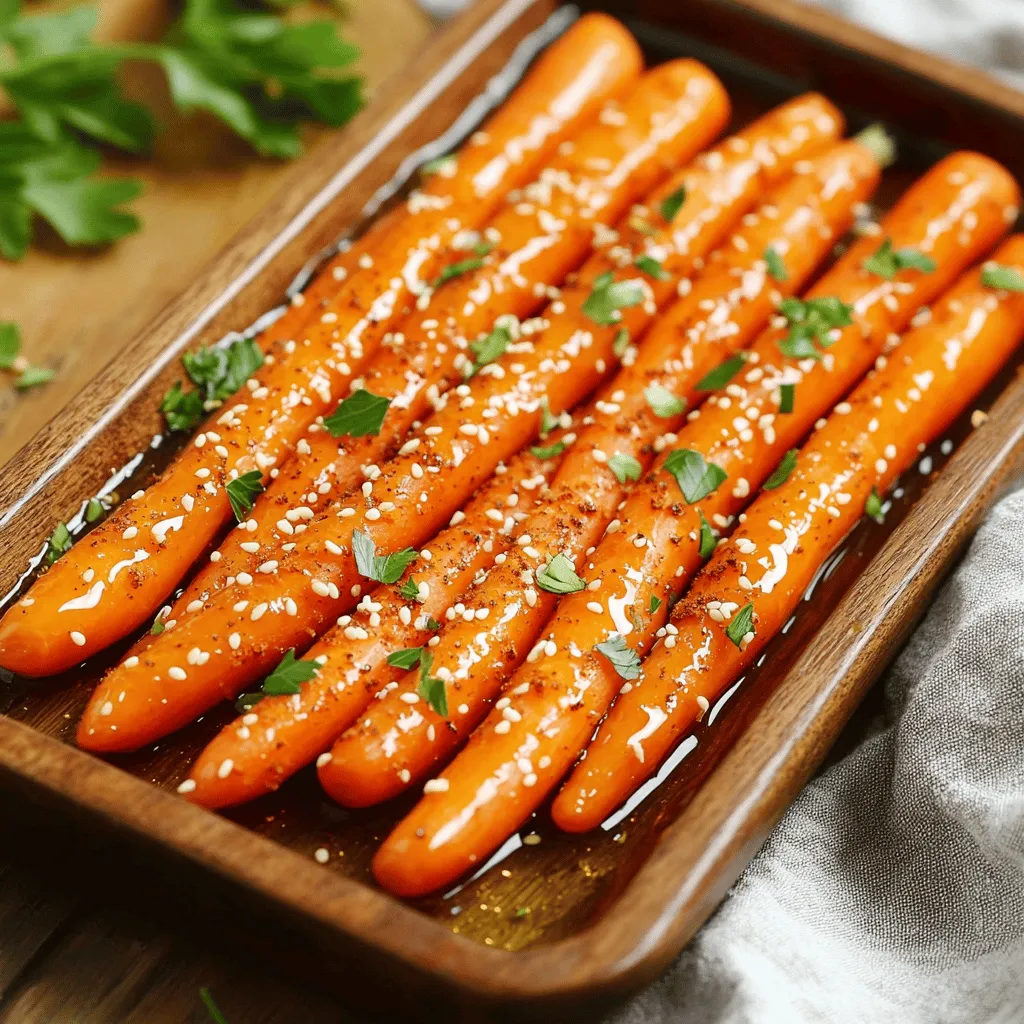 - 1 lb baby carrots (or regular carrots, cut into sticks) - 2 tablespoons olive oil - 1 tablespoon honey - 1 teaspoon smoked paprika - 1 teaspoon ground cumin - 1/2 teaspoon cayenne pepper (adjust for spice level) - Salt and pepper to taste - Fresh parsley, chopped for garnish - 1 tablespoon sesame seeds (optional) You need fresh ingredients to make this dish pop. I love using baby carrots. They are sweet and tender. If you can’t find them, regular carrots work just as well. Just cut them into sticks. For the base, olive oil adds richness. Honey brings a nice sweetness. It pairs perfectly with the spices. Speaking of spices, smoked paprika adds depth. Ground cumin gives an earthy note. If you like heat, cayenne pepper is your friend. You can adjust this spice to match your taste. Don’t forget to season with salt and pepper. They enhance all the flavors. For garnish, fresh parsley brightens the dish. Sesame seeds can add a nice crunch. For the full recipe, follow the instructions closely to enjoy these oven-roasted carrots. - Preheat your oven to 425°F (220°C). - In a large bowl, combine the olive oil, honey, smoked paprika, cumin, cayenne pepper, salt, and pepper. Mix well to create a marinade. First, getting the temperature right is key. A hot oven makes the carrots tender and gives them a nice caramelized look. The marinade is where the magic happens. Each spice adds a unique flavor, making the carrots taste amazing. - Toss baby carrots in the marinade until fully coated. Add the baby carrots to your bowl. Make sure to coat each carrot well. You want every bit of carrot to soak in that flavorful mix. This step ensures each bite bursts with taste. - Line a baking sheet with parchment paper and spread carrots evenly. - Roast in the oven for 25-30 minutes, stirring halfway through. Next, prepare your baking sheet. Parchment paper helps with easy cleanup. Spread the carrots out in a single layer. This allows them to roast evenly. Roasting for 25-30 minutes lets the flavors deepen. Stir halfway through to ensure all sides get that lovely golden color. These steps, from prep to roasting, give you the best oven-roasted carrots. For a full recipe, check the details above! To make your carrots tender and sweet, choose baby carrots or cut regular carrots into sticks. They can roast evenly this way. Coat them well with olive oil and spices. This helps them caramelize in the oven. Stir the carrots halfway through roasting. This step ensures they cook evenly and get that nice brown color. Spices can make your roasted carrots pop. Try adding thyme or rosemary for a fresh taste. A pinch of garlic powder also adds great flavor. For a sweet touch, drizzle honey over the carrots before serving. This makes them even more delicious. If you want some crunch, sprinkle sesame seeds on top. This adds texture and flavor to your dish. Remember, you can find the full recipe above for more details! {{image_2}} You can change up this recipe by using other root veggies. Try parsnips, sweet potatoes, or beets. Each of these adds a unique flavor. You can also mix in seasonal veggies. Zucchini, bell peppers, or even Brussels sprouts work well. This way, you get a colorful, tasty dish. To make the recipe vegan, simply swap honey for maple syrup or agave nectar. This keeps the sweetness without using animal products. For gluten-free needs, this recipe is already safe since it has no gluten ingredients. You can also adjust spice levels. If you want less heat, leave out the cayenne pepper. Want more spice? Add extra to suit your taste. Enjoy the flavors in a way that fits your diet! To store your roasted carrots, let them cool first. Place them in an airtight container. Glass or plastic containers work well. You can store them in the fridge for about 3 to 5 days. If you want to keep them longer, consider freezing them. Just make sure to use a freezer-safe bag or container. They can last up to 3 months in the freezer. To reheat oven-roasted carrots, preheat your oven to 350°F (175°C). Place the carrots on a baking sheet. Cover them with foil to keep moisture in. Heat for about 10 to 15 minutes, or until warmed through. You can also use a microwave. Just place carrots in a bowl and cover. Heat for about 1 to 2 minutes. This method can make them soft. To keep their texture, I recommend the oven method. Enjoy your tasty leftovers just like they were fresh! Yes, you can use frozen carrots. However, fresh carrots give better taste and texture. Frozen carrots may lose some crunch when roasted. If you choose frozen, be sure to thaw and dry them first. This will help avoid excess moisture and ensure a great roast. To add heat, increase the cayenne pepper. Start with a little more and taste as you go. You can also add crushed red pepper flakes for a different spice profile. For a unique twist, try adding a dash of hot sauce to the marinade. This will give your oven-roasted carrots a nice kick. Oven-roasted carrots are very versatile. They go well with grilled chicken, fish, or pork. You can serve them alongside quinoa or rice for a hearty meal. They also make a great side for a fresh salad. The sweet and spicy flavors complement many dishes, so feel free to get creative! For the full recipe, check the earlier sections. Oven-roasted carrots are easy and tasty. You learned how to make them with simple ingredients like carrots, olive oil, and honey. I shared tips for the perfect roast and ways to spice it up. You can also swap in different veggies or make the dish vegan. Remember, leftovers are easy to store and reheat well. Enjoy this versatile side dish at your next meal! It will impress everyone at your table.