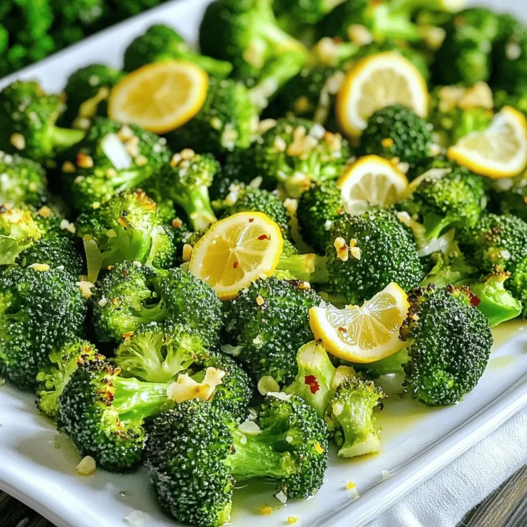 - 1 large head of broccoli, cut into florets - 4 cloves of garlic, minced - 2 tablespoons olive oil - Zest of 1 lemon - 2 tablespoons fresh lemon juice - 1 teaspoon red pepper flakes (adjust for spice preference) - Salt and black pepper to taste - 2 tablespoons grated Parmesan cheese (optional for serving) This recipe serves four people. Each serving has about 120 calories. You get a good amount of vitamin C and fiber from the broccoli. The olive oil adds healthy fats, while garlic gives flavor and health benefits. If you use Parmesan, it adds protein and calcium too. For a quick, tasty side dish, this Lemon Garlic Roasted Broccoli is perfect. Check out the Full Recipe for more details. 1. Preheat the oven: Set your oven to 425°F (220°C). This high heat helps get those crispy edges. 2. Prepare the broccoli and garlic: Cut one large head of broccoli into florets. You want bite-sized pieces. Mince four cloves of garlic. This will add a big flavor punch. 1. Mixing the olive oil and seasonings: In a large bowl, drizzle two tablespoons of olive oil over the broccoli. Add the lemon zest and juice, one teaspoon of red pepper flakes, salt, and black pepper. 2. Tossing the broccoli for even coating: Use your hands or a spoon to mix everything well. Make sure each floret gets coated. This helps all the flavors stick. 1. Spreading on the baking sheet: Line a baking sheet with parchment paper. Spread the broccoli mixture in one even layer. Give it some space for crisping. 2. Cooking time and stirring: Roast in the oven for 20-25 minutes. Halfway through, take it out and stir. This helps everything cook evenly and get that nice golden color. For the full recipe, check the instructions above. Enjoy your tasty side! - Set your oven to 425°F (220°C) for perfect roasting. - For crispy edges, spread the broccoli in a single layer. This allows hot air to circulate around each floret. - If you like heat, add more red pepper flakes. Start small and taste as you go! - No Parmesan? Try nutritional yeast or a dairy-free cheese for a twist. - Serve on a large platter for a stunning look. Drizzle with extra lemon juice to enhance the flavors. - Garnish with lemon slices for a bright, fresh touch. It makes the dish pop! For the complete recipe, check out the [Full Recipe]. {{image_2}} You can change the flavors of this dish easily. Adding herbs like thyme or rosemary gives it a fresh taste. These herbs pair well with lemon. Try them for a new twist. You can also swap lemon for lime. Lime adds a zesty kick that brightens the broccoli. Experiment with different herbs and citrus for your own flavor. If you want something new, try using cauliflower or Brussels sprouts. Both vegetables roast well and taste great with garlic and lemon. You can even mix broccoli with these vegetables. This mix adds variety to your meal and keeps things interesting. This roasted broccoli shines next to proteins or grains. It pairs well with chicken, fish, or quinoa. You can serve it as part of a larger meal, too. Think of a colorful plate with grains, proteins, and this zesty broccoli. It makes for a fun and tasty dining experience. For the full recipe, check out the [Full Recipe]. To store leftovers, place the broccoli in an airtight container. Make sure to cool it first. This helps keep it fresh. In the fridge, it should last up to three days. Avoid leaving it out at room temperature. This can cause spoilage. To maintain freshness, store it whole when possible. Cut broccoli can dry out quicker. If you notice any moisture, use a paper towel to absorb it. This keeps the broccoli crisp. Reheat the broccoli gently. This helps it keep its texture. The best method is to use the oven. Preheat it to 350°F (175°C). Place the broccoli on a baking sheet. Heat it for about 10 minutes. Stir once to ensure even heating. You can use a microwave too. Place the broccoli in a microwave-safe dish. Cover it with a lid or a damp paper towel. Heat for 1-2 minutes. Check to see if it’s warm throughout. To freeze roasted broccoli, let it cool completely. Spread it in a single layer on a baking sheet. Freeze it for a few hours until solid. Then, transfer the broccoli to a freezer bag. Remove as much air as possible. It can last for 2-3 months. When you are ready to eat it, thaw the broccoli in the fridge overnight. You can also use the microwave to thaw it quickly. After thawing, reheat it in the oven or microwave for a nice texture. Roasted broccoli can last about 3 to 5 days in the fridge. To keep it fresh longer, store it in an airtight container. This helps prevent moisture and keeps the broccoli from getting soggy. You can also place a paper towel in the container to absorb excess moisture. Yes, you can use frozen broccoli for this recipe. However, you will need to make some adjustments. First, thaw the broccoli and drain any excess water. Then, pat it dry to remove moisture. This helps the broccoli roast well and not steam. You may want to reduce the roasting time by a few minutes since frozen broccoli cooks faster. Lemon garlic roasted broccoli pairs well with many dishes. You can serve it alongside grilled chicken or fish for a healthy meal. It also goes great with pasta or grain bowls. Try adding it to salads for extra flavor and texture. This side dish can elevate any dinner! In this blog post, we explored how to make delicious roasted broccoli. We discussed key ingredients like garlic and olive oil and shared tips for achieving the perfect roast. You learned how to prepare, combine, and cook broccoli while customizing it to suit your taste. Remember to experiment with flavors and pair it with your favorite dishes. Roasted broccoli can be a tasty side or part of a larger meal. Keep your leftovers fresh, and enjoy this healthy dish again!