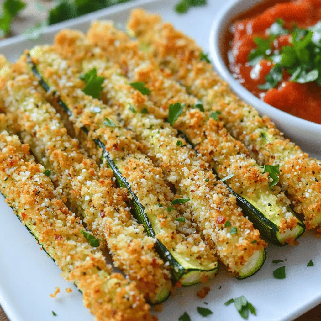 - 2 medium zucchini, cut into fry-shaped pieces - 1 cup breadcrumbs (preferably panko for extra crunch) - 1/2 cup grated Parmesan cheese - 1 teaspoon garlic powder - 1 teaspoon paprika - 1/2 teaspoon salt - 1/2 teaspoon black pepper - 2 large eggs, beaten - Olive oil spray Zucchini fries offer a tasty snack. They are easy to make and fun to eat. Here’s a look at what you will need. First, grab two medium zucchinis. Cut them into fry shapes, about the size of your pinky. This cut helps them cook evenly. Next, you need one cup of breadcrumbs. I recommend using panko. Panko gives a crunch that regular breadcrumbs cannot. Then, add half a cup of grated Parmesan cheese. This cheese adds flavor and a nice salty kick. For seasoning, you will need garlic powder and paprika. One teaspoon of each will do. You can also add half a teaspoon of salt and black pepper. These flavors will make your fries pop. Finally, you need two large eggs. Beat them well. You will dip the zucchini in these eggs before coating them. Don’t forget olive oil spray! It helps the fries crisp up in the oven. - Calories per serving: About 150 calories - Key nutritional benefits of zucchini: Zucchini is low in calories and high in water. It provides fiber, vitamin C, and potassium. This makes it a healthy choice for snacks. - Baking sheet: This will hold your fries while they bake. - Parchment paper: Line your baking sheet for easy cleanup. - Shallow bowls for coating: Use these for the eggs and breadcrumb mix. For the full recipe, be sure to check out the detailed instructions. 1. Preheat the Oven: Start by preheating your oven to 425°F (220°C). This ensures the fries cook evenly and get crispy. 2. How to Cut Zucchini into Fry Shapes: Take your two medium zucchini. Cut off both ends. Slice each zucchini in half lengthwise. Then, cut each half into fry-shaped pieces. Aim for about 1/4 inch thick. This size helps the fries cook well and stay crunchy. 1. Preparing the Seasoned Breadcrumb Mixture: In a shallow bowl, combine 1 cup of breadcrumbs, 1/2 cup of grated Parmesan, 1 teaspoon of garlic powder, 1 teaspoon of paprika, 1/2 teaspoon of salt, and 1/2 teaspoon of black pepper. Mix well to spread the spices evenly. 2. Proper Dipping Technique for Coating: In another bowl, beat two large eggs until smooth. Take each zucchini fry. First, dip it into the beaten egg. Let the excess egg drip off. Next, coat it in the breadcrumb mixture. Press gently to help the crumbs stick. Place the coated fry on your lined baking sheet. 1. Baking Temperature and Duration: Once all your fries are coated, give them a light spray of olive oil. Bake in the preheated oven for about 20-25 minutes. 2. Tips for Checking Doneness: Halfway through baking, turn the fries for even cooking. Look for a golden brown color and a crunchy texture. When they look perfect, take them out. Let them cool for a few minutes before serving. You can find the full recipe above for more details! To get the best crunch, use panko breadcrumbs. Panko has a light and airy texture. This helps your fries turn golden and crispy. If you only have regular breadcrumbs, they work too, but panko is better. Next, using olive oil spray is key. Spray lightly on the fries before baking. This helps them crisp up and keeps them from drying out. Make sure to cover each fry, but don’t soak them. To boost flavor, think about adding spices. You can try cayenne for heat or Italian seasoning for a herby kick. Paprika adds a nice smokiness. Each spice brings a unique taste to your fries. Fresh herbs can also make a big difference. After baking, sprinkle chopped parsley or basil on top. This adds color and a fresh taste. You can even mix herbs into the breadcrumb coating for extra flavor. One big mistake is not drying the zucchini. If the zucchini is wet, they won’t crisp up well. Pat them dry with a paper towel before coating them. Another mistake is overcrowding the baking sheet. If you place too many fries on the sheet, they’ll steam instead of bake. Make sure to leave space between each fry for even cooking. For the full recipe, check out the detailed steps. Enjoy your crispy and flavorful zucchini fries! {{image_2}} You can switch up the cheese in this recipe for fun flavors. Try mozzarella for a stretchy bite. If you love cheddar, it adds a sharp taste. You could also use feta for a tangy twist. For those who prefer vegan options, use nutritional yeast or vegan cheese. These will give you a cheesy flavor without dairy. If you need gluten-free zucchini fries, you can easily modify the recipe. Instead of regular breadcrumbs, use gluten-free panko or almond flour. They provide the same crunch without the gluten. You can also coat the fries in chickpea flour for a nutty flavor. This keeps the dish light and safe for gluten-sensitive eaters. Spice up your zucchini fries with different flavors. Adding cayenne gives a kick, while Italian seasoning brings herbal notes. You can also mix in paprika for a smoky touch. For a veggie twist, consider adding thin slices of carrot or sweet potato to the mix. This makes a colorful, tasty snack that everyone will love. To keep leftover zucchini fries fresh, store them in an airtight container. This helps prevent moisture from making them soggy. Place a piece of paper towel in the container to absorb extra moisture. You can store them in the fridge for up to three days. After that, they may lose their crunch and flavor. To restore the crispiness of your fries, the oven is your best friend. Preheat your oven to 375°F (190°C). Spread the fries on a baking sheet and heat for about 10 minutes. This method keeps them crispy and delicious. The microwave is quick but may make them soft. If you use the microwave, heat them in short bursts of 30 seconds. To freeze zucchini fries, first, let them cool completely. Lay them in a single layer on a baking sheet and freeze until solid. Once frozen, transfer them to a freezer bag. This method prevents them from sticking together. You can cook them from frozen, but add a few extra minutes to the baking time. Bake at 425°F (220°C) for about 30-35 minutes, turning halfway through for even cooking. To make zucchini fries crispy, start by using panko breadcrumbs. They create a better crunch. Next, make sure to dry the zucchini well. Excess moisture can lead to soggy fries. Use a clean towel to pat them dry after cutting. Another key tip is to spray the fries lightly with olive oil before baking. This helps them crisp up nicely. Bake at a high temperature of 425°F (220°C) for about 20-25 minutes. Turn the fries halfway through to ensure even browning. Yes, you can use other vegetables! Carrots and sweet potatoes make great fries too. Cut them into fry shapes just like zucchini. You can also try eggplant for a different texture. Just remember to adjust cooking times based on the vegetable. Thicker pieces may need more time to bake. Zucchini fries taste great with many sauces. Marinara sauce is a classic choice. The tangy flavor complements the fries well. Garlic aioli adds a creamy touch that many love. You can also try ranch dressing for a fun twist. For a spicy kick, sriracha mayo is an exciting option. For the full recipe, check the section above. Zucchini fries are a fun, healthy snack or side dish. We explored the ingredients, tools, and steps to make them crispy and delicious. I shared tips for flavor enhancements and common mistakes to avoid. Remember, using proper techniques ensures your fries turn out great every time. You can also experiment with different flavors and store or reheat leftovers well. Enjoy your cooking, and dive into these tasty fries that everyone can love.