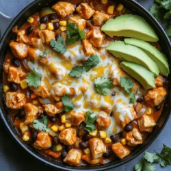 Cooking Easy Chicken Enchilada Skillet is simple and fun. Here’s what you need: - 2 tablespoons olive oil - 1 pound boneless, skinless chicken breasts, cubed - 1 onion, diced - 2 cloves garlic, minced - 1 bell pepper (red or green), chopped - 1 can (15 oz) black beans, drained and rinsed - 1 can (10 oz) enchilada sauce - 1 cup corn (fresh, frozen, or canned) - 1 cup shredded cheese (cheddar or Mexican blend) - 1 teaspoon ground cumin - 1 teaspoon smoked paprika - Salt and pepper to taste - Fresh cilantro for garnish - Avocado slices for serving (optional) Each ingredient adds its own special touch. The chicken provides protein, while the beans and corn add texture. The spices bring warmth and flavor. Fresh cilantro and avocado slices finish the dish perfectly. For the full recipe and more tips, check out the [Full Recipe]. Enjoy cooking this easy and tasty meal! - Prep Time: 10 minutes - Total Time: 25 minutes - Servings: 4 Heating the Oil First, grab a large skillet and heat 2 tablespoons of olive oil over medium heat. This step is key as it helps cook the chicken evenly and adds flavor. Cooking the Chicken Next, add 1 pound of cubed chicken to the skillet. Season it with salt, pepper, 1 teaspoon of ground cumin, and 1 teaspoon of smoked paprika. Cook for about 5 to 7 minutes. The chicken should no longer be pink. Stir it occasionally to ensure it cooks well. Sautéing the Vegetables Now, add 1 diced onion, 2 minced garlic cloves, and 1 chopped bell pepper to the skillet. Sauté these for another 3 to 4 minutes. The goal is to soften the vegetables and make them fragrant. Mixing in Beans and Corn After the veggies are soft, stir in 1 can of drained black beans, 1 cup of corn, and 1 can of enchilada sauce. Mix everything together well. Let it simmer for about 5 minutes. This helps all the flavors blend nicely. Adding the Cheese Finally, sprinkle 1 cup of shredded cheese on top of the mixture. Cover the skillet and cook for an extra 2 to 3 minutes. The cheese should melt and become bubbly. For garnishing, you can add fresh cilantro on top. Slices of avocado also make a great side. Enjoy this tasty one-pan meal with your family! For the full recipe, check out the details above. - Ensuring Even Cooking: Cut the chicken into uniform cubes. This helps them cook evenly. Stir well during cooking to prevent any pieces from browning too much. A good stir every few minutes ensures that all sides get heat. - Adjusting Spice Levels: If you prefer less heat, use mild enchilada sauce. You can also reduce the amount of cumin and paprika. For more spice, add jalapeños or chili powder. Always taste as you go! - Prepping Ingredients in Advance: Chop onions, garlic, and bell peppers the night before. Store them in the fridge. This makes cooking faster and easier on busy weeknights. - Using Rotisserie Chicken: Save time by using store-bought rotisserie chicken. Just shred it and add it to the skillet. This cuts down on cooking time and still gives great flavor. - Using Fresh Herbs: Fresh cilantro adds a bright flavor. Chop it finely and mix it in just before serving. You can also use fresh parsley or green onions for a different taste. - Adding Extra Spices: Try adding a pinch of cayenne pepper for heat. A dash of oregano or chili flakes can also enhance the flavor. Experiment to find your favorite spice mix. For the full recipe, you can refer to the Easy Chicken Enchilada Skillet. Enjoy your cooking journey! {{image_2}} - Substituting Chicken with Tofu Swap chicken for firm tofu. Press it to remove moisture. Cut it into cubes. Sauté the tofu just like the chicken. This gives a great texture and flavor. - Adding More Vegetables You can add more veggies for a healthy boost. Try zucchini, spinach, or mushrooms. Just chop them up and add them when you sauté the onion and garlic. - Using Different Sauces Change the taste by using different sauces. Try salsa verde or mole sauce instead of enchilada sauce. Each sauce gives a unique twist to the dish. - Alternative Cheese Choices Switch up the cheese for a different flavor. Use pepper jack for spice or queso fresco for a milder taste. Mixing different cheeses can also create a tasty blend. - Oven-Baked Version To bake it, start by cooking the chicken and veggies in a skillet. Then, transfer them to a baking dish. Top with cheese and bake at 350°F for 20 minutes. This gives a nice golden top. - Slow Cooker Instructions For a slow cooker, add all the ingredients except cheese. Cook on low for 4-6 hours. Add cheese in the last 15 minutes. This method makes for a hands-free meal. For more details, check out the Full Recipe. To keep your Easy Chicken Enchilada Skillet fresh, store it in an airtight container. Place it in the fridge soon after it cools. This helps it stay tasty and safe to eat. Your leftovers will last for about 3 to 4 days. When you want to eat your leftovers, you can use a microwave or stovetop. The microwave is quick but may not keep the same texture. If you want the best taste, heat it on the stovetop. Just warm it gently over low heat while stirring. If you want to save your dish for later, freezing works well. First, let it cool completely. Then, place the skillet meal in a freezer-safe container. Make sure it's sealed tight to avoid freezer burn. To use it later, thaw it in the fridge overnight. Reheat it on the stovetop for the best taste and texture. For the full recipe, check back for all the details! Can I use frozen chicken? Yes, you can use frozen chicken. Just be sure to thaw it first. This allows for even cooking. If you cook it from frozen, it may take longer to cook through. Can I make this dish ahead of time? Absolutely! You can cook the enchilada skillet early in the day. Store it in the fridge. When ready to eat, just reheat it on the stove or in the microwave. How can I customize the spice level? You can add more spices for heat. Consider using chili powder or cayenne pepper. For less heat, reduce the amount of these spices or skip them altogether. Is this dish gluten-free? Yes, this dish can be gluten-free. Just make sure to use gluten-free enchilada sauce. Most of the other ingredients are naturally gluten-free. How many calories per serving? Each serving has about 400 calories. This can vary based on the amount of cheese and toppings you use. Check the exact numbers with your specific ingredients. What type of skillet is best? A large, heavy skillet works best. A cast-iron skillet is great for even heat. If you have a non-stick skillet, that works too. Do I need a lid for cooking? Yes, using a lid helps the cheese melt evenly. It also keeps the moisture in, making your dish nice and juicy. This blog post covered making an easy chicken enchilada skillet. We discussed all the key ingredients, step-by-step instructions, and helpful tips. You learned how to modify the dish for different tastes and dietary needs. Keep these ideas in mind for your next meal. With simple prep and cooking methods, you can create a tasty dish your family will love. Enjoy experimenting with flavors and perfecting your skillet!