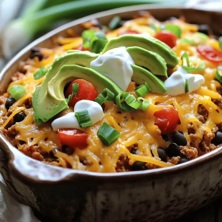 - 1 lb ground turkey or beef - 1 can (15 oz) black beans, rinsed and drained - 1 can (10 oz) diced tomatoes with green chilies - 1 packet taco seasoning - 1 cup frozen corn - 2 cups tortilla chips, slightly crushed - 2 cups shredded cheddar cheese - 1 cup sour cream - ½ cup green onions, sliced - Fresh cilantro for garnish (optional) - Avocado slices for topping (optional) In this Easy Taco Casserole, you can choose ground turkey or beef as your main meat. For a meatless option, swap in extra beans or even grilled veggies. This dish shines with toppings. Sour cream, green onions, and cilantro add a fresh touch. Avocado slices can boost the flavor too. With these ingredients, you create a warm, comforting meal. - 9x13 inch baking dish - Large skillet for cooking - Mixing spoon for combining ingredients - Measuring cups and spoons for accuracy - Aluminum foil for baking Having the right tools makes cooking easier. A 9x13 inch dish fits all the layers perfectly. Use a large skillet to cook the meat and mix in the beans and spices. A good mixing spoon helps combine everything well. Measuring cups ensure you add just the right amount of each ingredient. Lastly, aluminum foil is key to baking the casserole evenly. For the full recipe, check out the detailed steps to make this delicious dish! 1. Preheat your oven to 350°F (175°C). This helps the casserole cook evenly. 2. Grease a 9x13 inch baking dish. Use cooking spray or a little oil to coat it well. 3. In a large skillet, cook 1 pound of ground turkey or beef over medium heat. Stir often until it turns brown and is fully cooked. If there’s extra fat, drain it. - Start by layering half of the crushed tortilla chips in the bottom of your prepared dish. This forms a crunchy base. - Next, spread half of the meat and bean mixture over the chips. Make sure to cover them well. - Add 1 cup of shredded cheddar cheese on top of the meat mixture. This adds flavor and helps bind the layers. - Repeat these layers. Add the remaining chips, meat mixture, and finish with the last cup of cheese on top. - For even distribution, spread each layer out gently. This ensures every bite is tasty. 1. Cover the casserole with aluminum foil. This helps steam the dish and keeps it moist. 2. Bake it in the preheated oven for 20 minutes. This allows the flavors to meld together. 3. After 20 minutes, remove the foil. Bake for another 10 minutes. Watch closely for the cheese to melt and bubble. 4. Once it’s done, take the casserole out of the oven. Let it cool slightly before serving. For the full recipe, check out the detailed instructions above. - Overcooking ground meat: Cook your meat just until brown. This keeps it juicy. - Layering pitfalls: Make sure your layers are even. This helps with baking and taste. - Suggestions for spice adjustments: If you like heat, add more chili powder. For milder flavor, cut back on spices. - Use of fresh herbs vs. dried spices: Fresh herbs add brightness. Use cilantro or green onions for a fresh touch. Dried spices can work but may need extra time to bloom. - Serving suggestions for visual appeal: Serve directly from the dish. Use colorful sides like salsa and guacamole for a pop. - Accompaniments that complement the dish: Extra tortilla chips on the side are a hit. You can also add a side salad for crunch and freshness. You can find the full recipe for this tasty taco casserole [here](#). {{image_2}} You can easily swap out the ground meat for chicken or tofu. Both work great and add new flavors. If you want more color and texture, try different beans. Black beans are classic, but pinto or kidney beans also shine. You can even toss in some chopped bell peppers or zucchini for extra veggies. Want to spice things up? Add jalapeños for heat or chipotle seasoning for a smoky twist. For a cheesy experience, mix in pepper jack cheese or even cream cheese for a creamy touch. If you’re feeling traditional, use just cheddar and stick to the classic taco flavor. Each choice changes the dish in fun ways. This casserole shines as a main dish, but it loves some sides. Serve it with fresh salsa, guacamole, or a simple salad. You can also use Easy Taco Casserole for meal prep. It stores well, so make a big batch for quick lunches. Just scoop, heat, and enjoy! To store your Easy Taco Casserole, let it cool first. Then, cover it tightly with plastic wrap or foil. This keeps moisture in and prevents drying out. You can also use an airtight container for storage. It stays fresh in the fridge for up to three days. If you want to enjoy it later, make sure to check for any off smells before reheating. You can freeze the casserole before or after baking. If you freeze it before baking, prepare it as usual, but skip the oven. Wrap it tightly and place it in the freezer. This way, you can bake it fresh later. If you freeze it after baking, allow it to cool completely. Then, wrap it well and store it in the freezer. For best taste, eat frozen casserole within three months. When ready to eat, thaw it in the fridge overnight. To heat it up, place it in the oven at 350°F (175°C) until hot, about 30-40 minutes. Checking the center for warmth ensures every bite is delicious. Enjoy your Easy Taco Casserole even after storing! Yes, you can make Easy Taco Casserole ahead of time. It saves time on busy days. Start by preparing the casserole as usual. Layer it in your baking dish and cover it well. You can store it in the fridge for up to two days. When ready to bake, simply preheat your oven and bake it straight from the fridge. This method keeps all the flavors intact. If you want alternatives to tortilla chips, there are several options. You can use crushed cornflakes for a crunchy base. Alternatively, try using nacho chips for added flavor. You can also opt for baked pita chips. If you prefer a healthier route, consider using baked sweet potato chips. Each option gives a unique twist to the dish. Reheating leftover taco casserole is easy. You can use your oven or microwave. For the oven, preheat to 350°F (175°C). Place the casserole in an oven-safe dish and cover it with foil. Heat for about 20 minutes or until warm. In the microwave, cut a portion and heat for 2-3 minutes. Stir halfway for even heating. Both methods work well and keep the casserole tasty. Yes, you can easily make this dish gluten-free. First, use gluten-free tortilla chips or corn tortillas as the base. Make sure to check your taco seasoning. Some brands contain gluten, so choose gluten-free options. You can also use gluten-free beans and canned tomatoes. This way, everyone can enjoy the delicious flavors without worry. In this blog post, we explored the Easy Taco Casserole, covering ingredients, tools, and steps. I shared tips to enhance flavors and avoid common mistakes. You learned about variations to fit your tastes and how to store leftovers properly. Remember, this dish is versatile and can fit any meal. Try different meats or toppings to make it your own. Enjoy the process of making it and sharing it with others. Cooking should be fun and easy!