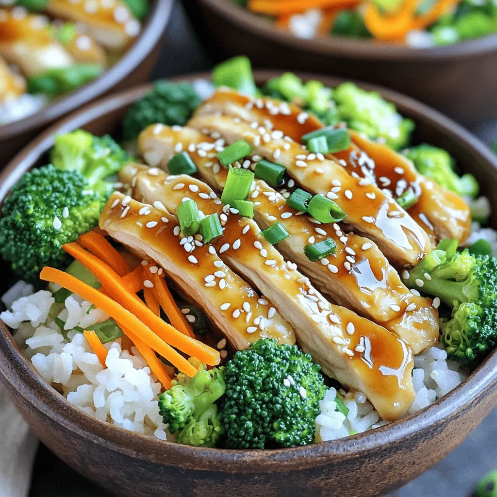 - 1 lb chicken breast, sliced into thin strips - 1 cup jasmine rice - 1/4 cup low-sodium soy sauce - 1 cup broccoli florets - 1 carrot, julienned - 2 green onions, chopped - 2 tablespoons honey or maple syrup - 2 tablespoons rice vinegar - 2 cloves garlic, minced - 1 teaspoon fresh ginger, grated When I make teriyaki chicken rice bowls, I focus on fresh, simple ingredients. The chicken breast is the star here. I slice it thinly so it cooks fast and soaks up the sauce. Jasmine rice is my go-to because it’s fragrant and pairs well with the dish. For the vegetables, I love adding broccoli florets and julienned carrots. They add color and crunch. Green onions on top bring a fresh bite that balances the sweet sauce. Now, let’s talk about the sauce. I mix honey or maple syrup with rice vinegar, garlic, and ginger. This gives the dish its signature sweet and savory taste. I use low-sodium soy sauce to keep the salt level just right. You can find the full recipe at the end of this article. - Rinsing the rice: Start by rinsing 1 cup of jasmine rice under cold water. Keep rinsing until the water runs clear. This step removes excess starch and helps the rice cook better. - Cooking instructions: In a pot, add the rinsed rice and 2 cups of water or chicken broth. Bring it to a boil. Once it boils, lower the heat, cover the pot, and let it simmer for 15 minutes. When done, fluff the rice with a fork and set it aside. - Mixing ingredients: In a small bowl, whisk together 1/4 cup low-sodium soy sauce, 2 tablespoons honey or maple syrup, 2 tablespoons rice vinegar, 2 cloves minced garlic, and 1 teaspoon grated ginger. - Setting aside: Once mixed, set the sauce aside for later use. This sauce adds a sweet and savory touch to your dish. - Pan preparation: In a large pan, heat a drizzle of olive oil over medium-high heat. - Cooking chicken: Add 1 lb of sliced chicken breast to the pan. Season with salt and pepper. Cook it for about 5 to 7 minutes until it turns golden brown and is fully cooked. - Adding vegetables: Once the chicken is cooked, toss in 1 cup of broccoli florets and 1 julienned carrot. Stir-fry these for about 3 to 4 minutes until they are tender-crisp. - Adding sauce: Pour the prepared teriyaki sauce over the chicken and vegetables. Stir well to coat everything. - Thickening with cornstarch slurry: Let it simmer for 2 minutes. Then, add 1 tablespoon of cornstarch mixed with 2 tablespoons of water to the pan. Stir continuously until the sauce thickens, which takes about 1 to 2 minutes. - Assembly of bowls: In serving bowls, place a scoop of jasmine rice. Top it with the teriyaki chicken and vegetable mixture. Garnish with chopped green onions and sesame seeds. Enjoy your meal! For the complete recipe, check the Full Recipe section. To make a great teriyaki sauce, balance sweetness and saltiness. Use low-sodium soy sauce to control salt. Add honey or maple syrup for sweetness. You can also try coconut sugar or agave syrup as alternatives. These options give a unique flavor while keeping it healthy. Cook your chicken until it is juicy and tender. Use a meat thermometer; 165°F (75°C) is the safe zone. Marinating the chicken for at least 30 minutes makes it even better. For a simple marinade, use soy sauce, ginger, and garlic. This adds flavor and helps keep the meat moist. Fresh ingredients always shine in your dish. Choose bright, crisp vegetables for color and crunch. Broccoli, carrots, and green onions work well together. Garnish with chopped green onions and sesame seeds for a nice touch. This not only adds flavor but makes your dish look amazing. Enjoy your creation and impress your friends! {{image_2}} You can switch up the main protein in your teriyaki chicken rice bowl. - Tofu: Tofu is a great choice for a plant-based option. It soaks up flavors well. Use firm tofu for a nice texture. Cut it into cubes and sauté until golden. Follow the same steps as chicken for cooking. - Shrimp: Shrimp cooks quickly and adds a tasty twist. Use peeled and deveined shrimp. Sauté in olive oil for about 3-5 minutes, until pink. Mix in the teriyaki sauce, just like with chicken. If you want to try different grains, here are two great substitutes. - Brown rice: Brown rice has more fiber and a nutty flavor. It takes longer to cook, so plan for about 45 minutes. Rinse it well before cooking for the best texture. - Quinoa: Quinoa is quick and packed with protein. Cook it in water or broth for about 15 minutes. It's light and fluffy, making it a perfect base for your teriyaki dish. You can make your teriyaki chicken rice bowl even better by adding more veggies. - Bell peppers: Slice bell peppers into strips. They add a sweet crunch and colorful touch. Sauté them with the chicken for a few minutes until tender. - Snap peas: Snap peas are sweet and crunchy. Add them in the last minute of cooking. This keeps them crisp and bright in color. You can find the Full Recipe to create this dish with all these fun variations! - Refrigeration: After enjoying your teriyaki chicken rice bowls, let them cool down. Store the leftovers in an airtight container. They can stay fresh in the fridge for up to four days. - Freezing: For longer storage, you can freeze the chicken and rice. Place them in freezer-safe bags or containers. They will keep well for about three months in the freezer. - Microwave instructions: To reheat, simply place the rice bowl in the microwave. Heat it on high for about 2-3 minutes. Stir halfway through for even warmth. - Pan reheat tips: If you prefer the stove, heat a pan over medium heat. Add a splash of water to create steam. Place your bowl in the pan and cover it. Heat for about 5-7 minutes, stirring occasionally. - How long it lasts in the fridge: Teriyaki chicken rice bowls last in the fridge for four days. Be sure to check the dates and enjoy them while fresh. - Signs of spoilage: If you notice any off smells or changes in color, it’s best to toss it. Always trust your senses when it comes to food safety. You can make simple ingredient swaps. Use skinless chicken thighs instead of breasts for more flavor. Switch to brown rice for more fiber. Add more veggies like bell peppers, snap peas, or spinach for extra nutrients. Try low-sugar alternatives to honey, like agave syrup or mashed banana. These swaps keep taste while boosting health. Yes, you can meal prep these bowls. Cook the chicken and veggies ahead of time. Store them in airtight containers in the fridge. You can keep the rice separate to avoid sogginess. Reheat everything before serving. This makes it quick to enjoy a tasty meal on busy days. Several sides complement these rice bowls. Steamed edamame adds protein and a nice crunch. A simple cucumber salad gives a fresh contrast. You can also serve pickled vegetables for a tangy kick. These sides enhance your meal and bring out the teriyaki flavor. For a detailed recipe, check out the Full Recipe. It includes all the steps to create your Teriyaki Chicken Rice Bowls. You’ve learned how to make tasty Teriyaki Chicken Rice Bowls. We covered every step, from choosing fresh ingredients to cooking and assembling your dish. I shared tips on enhancing flavors and offered fun variations. Remember, you can always adjust ingredients for a healthier meal or try different proteins. Enjoy this dish on busy days or impress friends at dinner. Keep these tips in mind for delicious bowls every time. Happy cooking!