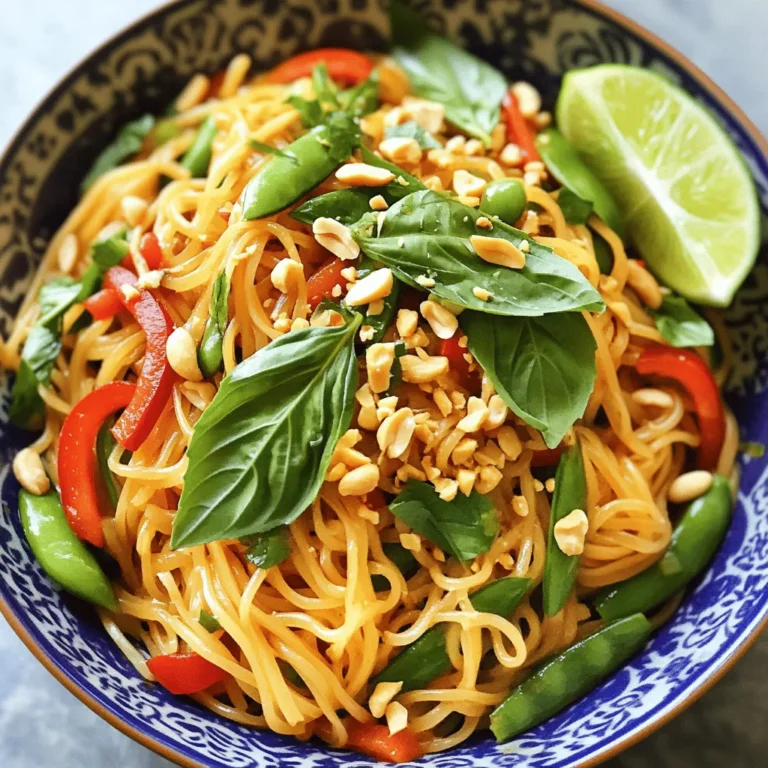 - 8 oz rice noodles - 2 tablespoons vegetable oil - 3 cloves garlic, minced - 1 red bell pepper, sliced - 1 cup snap peas - 1 tablespoon fresh ginger, grated - 1-2 Thai bird chilies, finely chopped (adjust for spice preference) - 3 tablespoons soy sauce - 1 tablespoon fish sauce (or soy sauce for a vegetarian option) - 1 tablespoon brown sugar - 1 cup fresh Thai basil leaves - Fresh lime wedges for serving - Chopped peanuts for garnish (optional) To make Spicy Thai Noodles, you need rice noodles. These noodles are light and soak up flavors well. You also need colorful veggies. Red bell pepper adds sweetness, while snap peas give a nice crunch. Garlic and ginger bring warmth to the dish. For the sauces, soy sauce gives depth, and fish sauce adds umami. Brown sugar balances the flavors with a hint of sweetness. Fresh Thai basil gives a fragrant touch. Optional toppings like lime wedges and peanuts add extra zest and crunch. You can find the full recipe in the link above. Enjoy making this quick and flavorful meal! To start, cook the rice noodles as the package states. This usually takes about 6-8 minutes. Drain them well and rinse under cold water. Rinsing helps stop the cooking and keeps the noodles from sticking. Use a colander for easy draining. Let them cool while you prep the other ingredients. In a large wok or skillet, heat 2 tablespoons of vegetable oil over medium-high heat. Add 3 cloves of minced garlic and 1 tablespoon of grated ginger. Stir them for about 30 seconds until they smell amazing. Next, toss in the sliced red bell pepper and 1 cup of snap peas. Stir constantly for about 3-4 minutes. You want them soft but still crunchy! Now, add 1-2 finely chopped Thai bird chilies to the pan. This adds spice! Pour in 3 tablespoons of soy sauce, 1 tablespoon of fish sauce, and 1 tablespoon of brown sugar. Mix everything well to blend the flavors. Then, add the cooked rice noodles to the skillet. Toss everything together for 2-3 minutes. This helps the noodles soak up all the delicious flavors. Remove the pan from heat and fold in 1 cup of fresh Thai basil leaves. They should wilt and smell great! Divide the noodles into bowls. You can top them with chopped peanuts if you like. Serve with fresh lime wedges on the side. This adds a nice zesty touch! To change the heat in your dish, you can use different chilies. Thai bird chilies pack a punch. If you want less spice, try bell peppers or mild chili flakes. You can also reduce the number of chilies in the recipe. This way, you can enjoy the flavors without overwhelming heat. Cooking rice noodles just right is key. Follow the package directions for cooking time. If you cook them too long, they become mushy. Rinse the noodles under cold water after cooking. This helps stop the cooking process and keeps them from sticking together. You can boost the flavor with extra ingredients. Try adding sliced mushrooms or carrots for more texture. A splash of lime juice can brighten the dish. If you like a richer taste, consider adding a spoonful of peanut butter. You can also swap in different herbs. Cilantro or mint can offer a fresh twist. For more ideas, check out the Full Recipe for additional variations. {{image_2}} To make Spicy Thai Noodles vegetarian or vegan, swap the fish sauce. Use soy sauce instead. This keeps the umami flavor without meat. You can also add tofu for protein. Just cube it and sauté it until golden. Add your favorite veggies like carrots or broccoli. They bring color and crunch to the dish. If you want to add protein, chicken, shrimp, or beef work well. For chicken, cut into thin strips and cook for about 5-7 minutes. Shrimp cooks quickly, usually in about 3-4 minutes until pink. Beef needs about 4-6 minutes. Slice it thin for even cooking. Each protein changes the taste and texture, giving you options. Pair your noodles with fresh spring rolls or a light salad. These sides balance the heat of the dish. For drinks, try iced tea or a light beer. They cleanse the palate and enhance the flavors. Enjoy your meal with a squeeze of fresh lime for brightness. Explore the Fiery Thai Basil Noodles 🥢 Full Recipe for more ideas! To store your Spicy Thai Noodles, follow these steps: - Cool the noodles: Let them sit at room temperature for no more than two hours. - Use airtight containers: Place noodles in a container with a tight seal. This keeps out air and moisture. - Refrigerate promptly: Store in the fridge. They will last for about 3 days. When it's time to enjoy your leftovers, reheating is key: - Microwave method: Place noodles in a bowl. Add a splash of water. Cover with a damp paper towel. Heat for 1-2 minutes, stirring halfway. - Skillet method: Heat a skillet on medium. Add a dash of oil. Toss in the noodles and stir for 3-5 minutes. This keeps them from getting mushy. These methods help keep the noodles tasty and the texture just right! To reduce the heat, you can adjust the amount of Thai bird chilies. Try using just one chili or removing the seeds. Adding more vegetables like bell peppers or snap peas can also help cool the dish. Mixing in coconut milk or yogurt will give it a creamier texture and mellow out the spice. Yes, you can prepare these noodles ahead of time. Cook the noodles and store them in an airtight container. Keep the sauce and veggies separate. This way, when you are ready to eat, you can just mix everything together. Just remember to reheat them gently on the stove. This keeps the noodles from getting mushy. If you can’t find Thai basil, you can use regular basil or mint. Another option is to mix in a bit of cilantro for a fresh taste. These herbs won’t taste the same but can still add great flavor to your dish. You can check out the Fiery Thai Basil Noodles 🥢 Full Recipe for all the details! Spicy Thai Noodles offer a perfect blend of flavors and textures. We discussed key ingredients, from rice noodles to fresh herbs. I shared step-by-step cooking instructions to guide you through the process. You'll also find ways to adjust spice levels and storage tips for leftovers. As you explore variations like vegetarian options or adding proteins, remember the joy of customizing your dish. Enjoy the vibrant flavors and make this meal your own. Happy cooking!