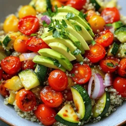 - Quinoa and Vegetable Details Quinoa is a tasty grain that cooks in just 15 minutes. It is full of protein and fiber. For this bowl, I use 1 cup of rinsed quinoa. It pairs well with colorful veggies. I like to add: - 1 red bell pepper, chopped - 1 zucchini, diced - 1 cup cherry tomatoes, halved - 1 medium red onion, quartered - 2 cups kale, chopped These veggies give great flavor and nutrients. Roasting brings out their natural sweetness. - Healthy Fats and Seasonings I use olive oil to add healthy fats. You'll need 3 tablespoons for roasting the veggies. For seasoning, I suggest: - 1 teaspoon garlic powder - 1 teaspoon smoked paprika - Salt and pepper to taste These spices add depth and warmth to the dish. - Suggested Toppings To make the bowl even better, you can add toppings like: - 1 avocado, sliced (for topping) - Fresh parsley, chopped (for garnish) These bring creaminess and freshness to every bite. - Add-ins for Extra Nutrition You can boost the nutrition of this bowl with extras like: - Cooked beans or lentils for protein - Nuts or seeds for crunch These options allow you to customize your bowl and meet your dietary needs. For the full recipe, check out the detailed instructions to create your Roasted Veggie Quinoa Bowl. To cook quinoa, start by rinsing 1 cup of quinoa under cold water. This helps remove bitter saponins. Next, bring 2 cups of vegetable broth to a boil in a medium saucepan. Once boiling, add the rinsed quinoa. Lower the heat, cover, and let it simmer for about 15 minutes. The quinoa is done when all the liquid is absorbed. Fluff it with a fork to get the perfect texture. For perfectly fluffed quinoa, remember these tips: - Use the right water-to-quinoa ratio: 2:1. - Avoid lifting the lid while it cooks. This keeps the steam inside. Now, let's prep the vegetables. You'll need a red bell pepper, zucchini, cherry tomatoes, and a red onion. Chop them into bite-sized pieces and put them in a large bowl. Drizzle 2 tablespoons of olive oil over the veggies. Add 1 teaspoon each of garlic powder and smoked paprika. Season with salt and pepper to taste. Toss everything well to coat. Roasting is simple. Spread the veggies on a baking sheet lined with parchment paper. Make sure to lay them in a single layer. Roast them in a preheated oven at 425°F (220°C) for 20-25 minutes. Toss the veggies halfway through for even cooking. In the last 5 minutes, add 2 cups of chopped kale to the pan. It will wilt nicely with the other veggies. Now, it’s time to assemble the bowl! Take the cooked quinoa and divide it among serving bowls. Top it with the roasted vegetables. For a fresh touch, add avocado slices and sprinkle with chopped parsley. If you want extra flavor, drizzle the last tablespoon of olive oil on top. This bowl is colorful and packed with flavor. Each layer brings something special, making every bite tasty. You can even explore more ideas with the Full Recipe for more inspiration! To make your roasted veggie quinoa bowl shine, focus on even cooking. Cut your veggies into similar sizes. This helps them cook at the same rate. For softer veggies like zucchini, cut them thicker. For firmer veggies like bell peppers, slice them thinner. This way, you get a perfect mix of textures. Adjust cooking times based on what you use. For heartier veggies, roast them a bit longer. Check them after 20 minutes. If they're still firm, give them 5 more minutes. Always toss the veggies halfway through roasting. This helps them brown nicely on all sides. Seasoning is key to a tasty bowl. Use a mix of garlic powder, smoked paprika, salt, and pepper. These flavors boost the taste of your veggies. You can also add a splash of lemon juice or balsamic vinegar. This adds a nice zing and balances the dish. Don’t forget about fresh herbs! Parsley or cilantro can lift the flavors. Just sprinkle them on top before serving. Plating your bowl well makes it Instagram-ready! Use a wide bowl, and start with quinoa at the bottom. Layer your colorful veggies on top. For a pop of color, add bright cherry tomatoes and green kale. Finish with creamy avocado slices on the side. The mix of colors makes the bowl look inviting. When you post it, use good lighting to show off those vibrant hues. For the full recipe, check out the detailed instructions above. {{image_2}} You can add more protein to your roasted veggie quinoa bowl easily. Beans and lentils are great options. They add fiber and nutrients. For beans, try black beans or chickpeas. Lentils work well too, and they cook fast. If you eat meat, consider grilled chicken or shrimp. These options will make your bowl filling and tasty. Feel free to swap veggies based on what you have. Seasonal vegetables can change the bowl's flavor. In winter, use root veggies like carrots or sweet potatoes. In summer, add fresh corn or asparagus. You can also explore spices to enhance flavors. Try cumin, curry powder, or even fresh herbs. Each spice opens up new taste profiles. Quinoa is great, but other grains work too. Brown rice, farro, or barley can be used. Adjust cooking times for each grain. For brown rice, cook for about 45 minutes. Farro cooks in 30 minutes, while barley takes around 25 minutes. Experiment with different grains to find your favorite. You can find the full recipe for the roasted veggie quinoa bowl to get started! To keep your roasted veggie quinoa bowl fresh, store it properly. First, let it cool to room temperature. Then, place it in an airtight container. This helps prevent moisture loss. Ideally, eat it within 3 to 5 days. After this, you may notice changes in taste or texture. If you want to save leftovers, freezing is a great option. Portion the bowl into single servings. Use freezer-safe containers or bags to store them. This keeps them fresh for up to 3 months. To reheat, thaw in the fridge overnight. Then, warm it in the microwave or on the stove until hot. Meal prep makes busy days easier. Portion out your quinoa and veggies in advance. This way, you can grab a quick lunch in minutes. When you want to eat, add fresh toppings like avocado. If the bowl seems dry, drizzle a bit of olive oil. This keeps it flavorful and satisfying. A roasted veggie quinoa bowl is a warm dish filled with quinoa and colorful roasted vegetables. The bowl is not just tasty; it’s also healthy. Quinoa is a great source of protein and fiber. It has all nine essential amino acids. Roasting veggies like bell peppers and zucchini brings out their natural sweetness. This bowl is a balanced meal with nutrients from grains and veggies. Yes, you can make this dish in advance. Cook the quinoa and roast the veggies, then store them separately in the fridge. This way, you can mix them together when you're ready to eat. Meal prep helps you save time during busy days. The flavors stay fresh for about three days. Just reheat the quinoa and vegetables in the microwave or on the stove. Some great vegetables for roasting are: - Bell peppers - Zucchini - Cherry tomatoes - Red onion - Kale These veggies have great flavor and texture when roasted. You can also try carrots, broccoli, or sweet potatoes for a twist. The key is to cut them into similar sizes so they cook evenly. You can easily change the flavors in your bowl. For a spicy kick, add cayenne pepper or chili powder. If you love herbs, try thyme or rosemary. You can also mix in lemon juice for a zesty touch. Experimenting with spices lets you create your own unique flavor. This way, your bowl can match your mood or taste. In this article, I covered how to make a tasty roasted veggie quinoa bowl. We explored key ingredients, cooking tips, and creative variations. This dish offers many ways to customize and enjoy healthy meals. Remember, you can mix different veggies or grains to make it your own. Meal prep allows you to enjoy it all week. Try garnishing your bowl for an appealing look. Enjoy making and sharing this delicious, nutritious dish!