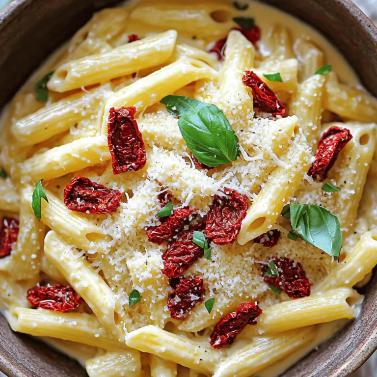- 12 oz pasta (penne or fettuccine recommended) - 1 cup sun-dried tomatoes in oil, drained and chopped - 1 cup heavy cream - 1/2 cup grated Parmesan cheese - 3 cloves garlic, minced - 2 tablespoons olive oil - 1/4 cup fresh basil leaves, chopped - Salt and pepper to taste - Optional: red pepper flakes for heat For this creamy sun-dried tomato pasta, start with the main ingredients. The pasta is the base. Penne or fettuccine works best for this dish. Sun-dried tomatoes bring a rich flavor. Make sure to use ones in oil; they add extra taste. Heavy cream makes the dish creamy and dreamy. Parmesan cheese adds a nice salty touch, enhancing overall flavor. For the additional ingredients, garlic adds depth. Olive oil helps sauté the garlic and sun-dried tomatoes. Fresh basil adds a burst of freshness. Adjust salt and pepper to your liking. If you want some heat, add red pepper flakes. This recipe is simple yet full of flavor! For the full recipe, check out the complete instructions and make this dish shine! To cook the pasta, bring a large pot of salted water to a boil. Add 12 oz of your chosen pasta, like penne or fettuccine. Cook it until it is al dente, which means firm to the bite. This usually takes about 8 to 10 minutes, but check the package for exact times. Remember to reserve 1/2 cup of pasta water before draining. This water is starchy and will help adjust your sauce later. In a large skillet, heat 2 tablespoons of olive oil over medium heat. Once hot, add 3 minced garlic cloves and sauté for about 1 minute. You want the garlic to be fragrant but not browned. Next, stir in 1 cup of chopped sun-dried tomatoes. Let them cook for 2 to 3 minutes. This allows the flavors to mix well. Reduce the heat to low, then pour in 1 cup of heavy cream. Stir the mixture continuously for about 2 to 3 minutes until it thickens slightly. Now, add 1/2 cup of grated Parmesan cheese. Stir until it melts and combines with the cream, creating a rich sauce. Now, it’s time to mix everything together. Toss the drained pasta into the skillet with the sauce. Ensure every piece of pasta is coated. If the sauce feels too thick, gradually add some reserved pasta water until it reaches your desired consistency. Finally, season with salt, pepper, and optional red pepper flakes for a little heat. To finish, mix in 1/4 cup of chopped fresh basil, adding color and flavor. For a full recipe, check out the [Full Recipe]. To make your creamy sun-dried tomato pasta shine, focus on flavors. Start with salt and pepper. Taste as you go. If you want heat, add red pepper flakes. They’ll bring a nice kick. For that dreamy creamy texture, use heavy cream. When you stir it into the garlic and sun-dried tomatoes, let it simmer. This thickens the sauce. If it gets too thick, don't worry. Just add some of that reserved pasta water until you reach your perfect consistency. Presentation matters! Serve your pasta in nice bowls. Add fresh basil leaves on top for color. A sprinkle of Parmesan cheese makes it look fancy. You can drizzle a bit of oil from the sun-dried tomatoes for extra richness. As for side dishes, a simple green salad works well. Garlic bread is another great choice. It pairs perfectly with the creamy sauce and adds crunch. Showcasing your dish is key. Good photos make people want to try your recipe. Natural light works wonders for food photography. Take your pasta near a window for the best look. Keep the background simple to highlight your dish. Use a clean plate and arrange the pasta nicely. A few garnishes can help too. This way, your creamy sun-dried tomato pasta looks as good as it tastes! Check out the Full Recipe to get started. {{image_2}} You can make this dish even better by adding protein. Chicken, shrimp, or tofu work great. For chicken, slice it into thin strips. Season it with salt and pepper. Cook the chicken in the skillet until it's golden brown. This usually takes about 6-8 minutes. For shrimp, toss them in right after the garlic. Cook for 3-4 minutes until they turn pink. If you prefer tofu, cut it into cubes. Sauté the tofu until it's crispy on all sides, around 8-10 minutes. This gives your pasta a hearty twist. If you're looking for vegetarian or vegan options, you have choices. For heavy cream, use coconut cream or cashew cream. These still give a rich feel. Instead of Parmesan cheese, try nutritional yeast for a cheesy flavor. You can also use vegan cream cheese to keep it creamy. Blend all these together to maintain that delicious taste. With these swaps, you won't miss the dairy at all! Using seasonal vegetables makes your dish even healthier. In spring, add asparagus or peas for a fresh crunch. Summer tomatoes or zucchini can brighten up the meal. In fall, butternut squash or kale bring warmth. During winter, try adding sautéed spinach or broccoli. Just chop them up and mix them in with the sun-dried tomatoes. This way, your pasta adapts with the seasons and stays tasty year-round. For more ideas, check the Full Recipe for inspiration! To keep your creamy sun-dried tomato pasta fresh, place it in an airtight container. Make sure to let it cool first. You can store it in the fridge for up to three days. If you want to keep it longer, freezing is a good option. When reheating, use a skillet over medium-low heat. Add a splash of water or extra cream to help keep the sauce creamy. Stir it often to avoid burning. If you find the sauce is too thick, add more liquid slowly. Yes, you can freeze creamy sun-dried tomato pasta! To freeze, use a freezer-safe container. Make sure to leave some space at the top for expansion. When you want to eat it, thaw it overnight in the fridge. Reheat in a skillet, adding a bit of cream or water to revive its texture. What can I substitute for heavy cream? You can use half-and-half or coconut cream. Both give a nice texture. Silken tofu blended with a little water also works well for a dairy-free option. How do I make the sauce spicier? Add red pepper flakes while cooking. You can also mix in diced jalapeños for a fresh kick. If you like heat, try a dash of hot sauce too. Can I use fresh tomatoes instead of sun-dried? Yes, you can use fresh tomatoes. Just chop them and sauté until soft. You may need to cook a bit longer to deepen the flavor. How do I ensure my pasta is not sticky? Make sure to stir the pasta while it cooks. Drain it well and toss it with olive oil right after. This keeps the pasta separate and helps it absorb the sauce better. What is the best type of pasta for this recipe? Penne or fettuccine works best. They hold the sauce well and give a nice bite. You can also try rigatoni for a fun twist. What is the calorie count per serving? Each serving has about 600 calories. This can vary based on the exact ingredients used and portion sizes. Are there any healthy variations of this recipe? Yes! You can use whole wheat pasta for more fiber. Swap heavy cream for a lower-fat option. Adding spinach or broccoli boosts nutrients without losing flavor. You can find the full recipe [here](#). This blog post covered how to make creamy sun-dried tomato pasta. We explored main ingredients, step-by-step cooking, and tips to perfect your dish. You learned how to add proteins, make vegan swaps, and store leftovers effectively. In closing, this recipe is both simple and versatile. You can tailor it to your taste and dietary needs. Dive in and enjoy making this delicious meal for yourself or friends!